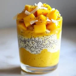 - 1 cup coconut milk - 1/2 cup diced mango (fresh or frozen) - 1/4 cup chia seeds The heart of this pudding lies in its main ingredients. Coconut milk brings a creamy texture and rich flavor. You can use fresh or frozen mango. Both options add a sweet, fruity taste. Chia seeds are tiny but mighty. They absorb liquid and turn the mix into a pudding. - 2 tablespoons honey or maple syrup - 1 teaspoon vanilla extract - Pinch of salt To sweeten the pudding, I often use honey or maple syrup. Both add a touch of natural sweetness. A teaspoon of vanilla extract boosts the flavor. The pinch of salt balances the sweetness well. You can adjust the sweetener to fit your taste. - Fresh mango slices - Shredded coconut Toppings can make your pudding shine. Fresh mango slices add a burst of flavor. They also give a beautiful look. Shredded coconut adds a nice crunch and enhances the coconut flavor. This simple touch makes each bite special. {{ingredient_image_1}} First, grab a mixing bowl. In it, whisk together 1 cup of coconut milk, 2 tablespoons of honey or maple syrup, and 1 teaspoon of vanilla extract. Add a pinch of salt to enhance the flavor. Make sure everything mixes well. Next, stir in 1/4 cup of chia seeds. This is where the magic begins! Mix well to ensure the seeds are evenly spread throughout the coconut milk. Once mixed, cover the bowl with a lid or plastic wrap. Then, place it in the fridge. Let it chill for at least 4 hours or overnight if you can wait. This time allows the chia seeds to absorb the coconut milk and swell. You’ll see the pudding thicken as it chills. When you’re ready to serve, take the pudding out of the fridge. Give it a good stir to break up any clumps of chia seeds. Now, it's time to layer the pudding in serving glasses. Start with a base layer of pudding, then add a layer of diced fresh or frozen mango. Repeat this process until the glasses are full, ending with pudding on top. For a beautiful finish, garnish each glass with fresh mango slices and a sprinkle of shredded coconut. You can also add a sprig of mint for a pop of color! Enjoy your tasty treat! To make your chia pudding perfect, ensure the chia seeds spread well in the mix. Start by stirring the seeds into the coconut milk thoroughly. This helps each seed absorb liquid. You want them to swell evenly for the best texture. To prevent clumps, give your pudding a good stir after it chills. Sometimes, seeds stick together. If you notice this, break them apart gently with a spoon. A smooth pudding means a better experience. Layering your pudding makes it look great. Start with a layer of chia pudding at the bottom of your glass. Next, add a layer of diced mango. Repeat until your glass is full. Finish with a layer of pudding on top. For a pop of color, add a sprig of fresh mint on top. Mint adds freshness and looks attractive. You can also sprinkle some shredded coconut for extra flair. If you want your pudding sweeter, you can easily adjust it. Start with two tablespoons of honey or maple syrup. Taste the mix before chilling. If you like it sweeter, add more syrup bit by bit. Remember, the sweetness can change after chilling. Always check again before serving. This way, you get the taste just right for you. Pro Tips Chia Seed Soaking Time: Allow the chia seeds to soak for at least 4 hours or overnight for the best texture. This ensures they fully expand and create a creamy pudding consistency. Sweetness Adjustment: Feel free to adjust the amount of honey or maple syrup based on your sweetness preference. Start with less and add more if needed after mixing. Fresh Mango Alternatives: If fresh mangoes are out of season, frozen mango chunks work great. Just thaw them before adding to the pudding. Presentation Matters: For an elegant touch, layer the pudding and mango in clear glasses. This not only looks beautiful but also lets you see the lovely layers. {{image_2}} You can change the fruits in this pudding. Berries like strawberries or blueberries work well. Bananas add a nice creaminess too. Combining tropical fruits can make it even better. Try adding pineapple or kiwi for a fun twist. The mix of flavors will excite your taste buds. Want to make it vegan? Just use maple syrup instead of honey. This pudding is already dairy-free due to coconut milk. If you have nut allergies, this recipe is safe for you. It’s easy to enjoy without worrying about nuts or dairy. You can make this pudding even tastier with spices. A dash of cinnamon adds warmth. Nutmeg gives it a cozy feel. Want a more coconut flavor? Add a splash of coconut extract. These small changes can make a big difference in your dish! To store leftovers, place your coconut mango chia pudding in an airtight container. This keeps it fresh and tasty. Glass jars or plastic containers with tight lids work well. Make sure to leave some space at the top. The pudding can expand as it sits. The pudding lasts about five days in the fridge. After that, it may lose its taste and texture. If you want to keep it longer, you can freeze it. Just pour the pudding into freezer-safe containers. Leave some space for expansion. It can last up to two months in the freezer. You can use leftover ingredients in other recipes. The diced mango is great in smoothies or on yogurt. Chia seeds can be added to oatmeal or baked goods for extra nutrition. Coconut milk can work in soups or curries. This way, you waste less and enjoy more. Coconut mango chia pudding can last up to five days in the fridge. To keep it fresh, store it in an airtight container. This helps prevent odors from other food. If you see any changes in color or smell, it’s best to toss it out. Always check for signs of spoilage before eating. Yes, you can use other types of milk. Almond milk or oat milk works well. Each milk adds a different taste and texture. Almond milk is nutty and light, while oat milk is creamy. If you switch, adjust the sweetness to match the milk's flavor. This way, your pudding remains tasty and smooth. Chia pudding is very healthy! Chia seeds are rich in fiber, protein, and omega-3 fatty acids. They help with digestion and keep you full longer. Coconut milk adds healthy fats and is low in carbs. Together, they make a nutritious snack. Enjoy this pudding guilt-free while providing your body with essential nutrients! This blog post covered how to make creamy coconut mango chia pudding. You learned about the key ingredients, steps to prepare, and tips for the best results. Variations can suit your taste or diet needs. Remember to store leftovers properly for freshness, and feel free to explore different fruits and flavors. With these insights, making this tasty pudding is easy and fun! Enjoy your creation, and share it with others for a delightful treat.