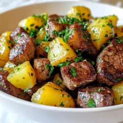 - 1 lb sirloin steak, cut into bite-sized cubes - 2 medium russet potatoes, diced - 4 tablespoons unsalted butter - 4 cloves garlic, minced - 1 teaspoon dried thyme - 1 teaspoon smoked paprika - Salt and pepper to taste - 2 tablespoons olive oil - Fresh parsley, chopped - Additional seasonings The main ingredients create a rich, hearty dish. Sirloin steak gives great flavor and tender bites. Potatoes add a nice texture. They soak up the garlic butter and spices. Butter is the star here, making everything taste better. Garlic adds a strong, savory punch. Thyme and smoked paprika bring depth and warmth. You can customize your dish with optional garnishes. Fresh parsley brightens the meal. It adds color and a fresh taste. You might also want extra spices. Try chili flakes for heat or a sprinkle of cheese for creaminess. These small touches can take your dish to the next level. Enjoy experimenting! {{ingredient_image_1}} To make great potatoes, start by heating 1 tablespoon of olive oil in a large skillet. Add 2 medium russet potatoes, diced into small pieces. Season them with salt and pepper. Cook for about 10-12 minutes. Stir them occasionally. You want them golden brown and fork-tender. When done, take them out of the skillet and set them aside. Next, use the same skillet for the steak. Add another tablespoon of olive oil. Turn the heat to medium-high. Season 1 pound of sirloin steak, cut into cubes, with salt, pepper, dried thyme, and smoked paprika. Add the steak cubes to the skillet in a single layer. Sear the steak for about 3-4 minutes until browned. Stir occasionally to cook evenly. Now, let’s make the garlic butter sauce. Lower the heat to medium. Add 4 cloves of minced garlic and 4 tablespoons of unsalted butter to the skillet with the steak. Stir everything well. Cook for an additional 2-3 minutes. This step is key for maximizing flavor, as the garlic and butter will coat the steak beautifully. The final step is to combine everything. Return the cooked potatoes to the skillet with the steak and garlic butter mixture. Stir well to mix all the ingredients. Heat everything through for another 2-3 minutes. This ensures the flavors meld together nicely. To get the best steak, choose sirloin. Cut it into bite-sized cubes. I like to season it with salt, pepper, thyme, and smoked paprika. This combo adds great flavor. For doneness, I recommend: - Medium-rare: 130°F to 135°F. It’s juicy and tender. - Medium: 135°F to 145°F. Still juicy but a bit firmer. - Medium-well: 145°F to 155°F. It’s cooked through with less pink. Use a meat thermometer for the best results. Remember, let the steak rest for a few minutes. This keeps it juicy. For tender yet crispy potatoes, start by dicing russet potatoes. Heat olive oil in your skillet first. Cook them for about 10-12 minutes. Stir them often to brown evenly. Key tips for crispiness: - Use enough oil to coat the potatoes. - Don’t overcrowd the skillet. This helps them cook evenly. - Season them well with salt and pepper before cooking. Finish when they are golden brown and fork-tender. To elevate your dish, consider adding herbs and spices. Fresh herbs like rosemary or thyme can add depth. A sprinkle of red pepper flakes gives heat. Here are some ideas: - Herbs: Fresh parsley or chives as a garnish. - Spices: A dash of cayenne for heat or onion powder for sweetness. - Acidity: A squeeze of lemon juice brightens the flavors. Feel free to experiment and find your perfect mix! Pro Tips Rest the Steak: Allow the steak to rest for a few minutes after cooking. This helps the juices redistribute, resulting in a more tender and flavorful bite. Use a Cast Iron Skillet: For the best sear, use a cast iron skillet. It retains heat well and creates a beautiful crust on the steak. Season Generously: Don’t be shy with the salt and pepper. Proper seasoning enhances the natural flavors of both the steak and potatoes. Customize Your Vegetables: Feel free to add other vegetables like bell peppers or onions to the skillet for added flavor and nutrition. {{image_2}} You can easily switch the steak for chicken or shrimp. Chicken breast works well as it cooks fast. Cut it into bite-sized pieces, just like the steak. Season it the same way, with salt, pepper, thyme, and smoked paprika. Cook it in the skillet until it’s golden and cooked through. Shrimp is another great choice. Use large shrimp and peel them. Cook them for about 2-3 minutes. They cook quickly, so keep an eye on them. The garlic butter will coat the shrimp nicely, adding great flavor. Adding more veggies makes this dish even better. Think about seasonal options like bell peppers, zucchini, or asparagus. Chop them up and toss them into the skillet after the potatoes are done. Cook them until they soften, about 3-5 minutes. This way, you get extra color and nutrients in your meal. You can also try leafy greens like spinach. Add it right before you serve. It wilts quickly and adds a nice touch of freshness. Customizing the flavors can take this dish to the next level. Try different marinades or sauces. A balsamic glaze can add sweetness. Soy sauce or teriyaki sauce gives an umami kick. For a spicy twist, add some hot sauce or chili flakes to the garlic butter. Experiment with fresh herbs too! Basil, rosemary, or cilantro can brighten up the dish. Just chop them finely and toss them in at the end for a burst of fresh flavor. To store your leftover Garlic Butter Steak & Potato Skillet, cool it down first. Leave it on the counter for about 30 minutes. Once it’s cool, transfer it to an airtight container. Make sure to keep it in the fridge. This dish stays fresh for up to three days. Always label your container with the date. This way, you know when to use it. When you reheat, aim for even warmth. The best way to do this is on the stove. Use a skillet over low heat. Add a splash of water or broth to keep it moist. Stir often for best results. You can also use the microwave. Heat in short bursts and stir in between. This keeps the flavor intact and prevents dryness. If you want to freeze it, do so right after cooling. Place the dish in a freezer-safe container. Leave space at the top, as it will expand when frozen. You can store it for up to three months. To thaw, move it to the fridge overnight. Reheat it on the stove or in the microwave. Always check for warmth throughout before eating. Yes, you can use other cuts of steak. Cuts like ribeye or flank steak work well. They offer great flavor and tenderness. Ribeye has nice marbling, which keeps it juicy. Flank steak is lean and cooks quickly, making it a good choice. This dish lasts about three to four days in the fridge. Make sure to store it in an airtight container. This keeps the flavors fresh and helps prevent spoilage. Always check for signs of spoilage before eating leftovers. Absolutely! You can add red pepper flakes for heat. Another option is to include jalapeños while cooking. For a smoky flavor, try chipotle powder or smoked paprika. Adjust the spice level to match your taste. This dish pairs well with a simple green salad. A side of roasted vegetables also complements the meal nicely. You could also serve it with garlic bread. The bread is perfect for soaking up any leftover garlic butter. In this article, we explored a delicious Garlic Butter Steak & Potato Skillet. We covered key ingredients like sirloin steak, potatoes, and garlic, with tips to cook them perfectly. You learned how to make a flavorful garlic butter sauce and combine everything smoothly. Remember, you can customize this dish with different proteins and vegetables. Store your leftovers properly to enjoy later. Cooking can be fun and rewarding. With these simple steps, you can create a tasty meal every time. Happy cooking!
