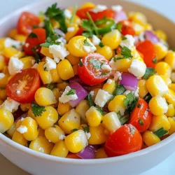 - 4 ears of fresh corn - 1 red bell pepper - 1 small jalapeño - 1/2 cup red onion - 1/2 cup cherry tomatoes - 1/4 cup fresh cilantro - 3 tablespoons lime juice - 2 tablespoons olive oil - 1 teaspoon honey - Salt and pepper to taste - Crumbled feta cheese - Diced avocado The fresh ingredients in this Spicy Cilantro Lime Corn Salad make it vibrant and tasty. Start with the corn. I love using fresh corn because it gives the best flavor and crunch. You can use four ears. Next, grab a red bell pepper. It adds a sweet and crisp bite. A small jalapeño adds heat. Just remove the seeds for less spice. Cut up a half cup of red onion for a sharp taste. Add half a cup of cherry tomatoes for juicy bursts of flavor. Finally, toss in a quarter cup of chopped cilantro. It gives the salad a fresh herbal note. For the dressing, mix three tablespoons of lime juice with two tablespoons of olive oil. Add one teaspoon of honey for a touch of sweetness. Season it all with salt and pepper to your taste. If you want to go the extra mile, top it off with crumbled feta cheese or diced avocado. These toppings add creaminess and richness. Enjoy making this salad. It’s a great way to bring fresh flavors together! {{ingredient_image_1}} - Boiling the corn: Start by boiling a large pot of water. When the water boils, add the husked corn. Cook for 5-7 minutes until the corn is tender. - Cooling and slicing corn kernels: Remove the corn from the pot. Let it cool for a few minutes. Once cool, cut the kernels off the cob and place them in a big mixing bowl. - Combining vegetables in a bowl: Add the diced red bell pepper, minced jalapeño, finely chopped red onion, halved cherry tomatoes, and chopped cilantro to the bowl with corn. Mix well. - Preparing the dressing in a separate bowl: In a small bowl, whisk together lime juice, olive oil, honey, salt, and pepper. Make sure it’s well blended. - Tossing the salad and adjusting flavors: Pour the dressing over the corn mixture. Toss everything gently to combine. Taste and adjust seasoning if needed. - Adding optional toppings: If you want, sprinkle crumbled feta cheese or diced avocado on top before you serve. Enjoy your colorful, fresh salad! Choosing the right corn Fresh corn is best for this salad. Look for corn with bright green husks. The kernels should feel plump and firm. Sweet corn adds great flavor. If fresh corn is not available, canned or frozen corn can work. Adjusting spice levels with jalapeño The jalapeño adds heat. You can control the spice by removing all seeds. If you want more heat, leave some seeds in. For less spice, use a milder pepper or omit it altogether. Adding more vegetables or herbs You can boost flavors by adding more veggies. Try diced cucumbers or radishes for crunch. Fresh herbs like parsley or basil also add freshness. Mix and match to find your favorite combination. Utilizing fresh lime versus bottled juice Fresh lime juice makes the salad bright and zesty. Bottled lime juice lacks flavor and freshness. Always choose fresh when possible for the best taste. Best pairings for the salad This salad pairs well with grilled meats or fish. It also complements tacos or burritos nicely. Serve it as a side dish at barbecues for a colorful addition. Ideal serving temperature Serve the salad cold or at room temperature. Chilling it for a bit enhances the flavors. If made ahead, let it sit in the fridge for at least an hour before serving. Pro Tips Choose Fresh Corn: The fresher the corn, the sweeter and more flavorful your salad will be. Look for bright, green husks and plump kernels. Adjust the Heat: If you prefer a milder salad, reduce or omit the jalapeño. For extra heat, leave the seeds in or add more jalapeño. Make it Ahead: This salad can be made a few hours in advance. Just keep it covered in the refrigerator to allow the flavors to meld without getting soggy. Experiment with Toppings: Try adding other toppings like diced avocados, crumbled queso fresco, or even nuts for added texture and flavor. {{image_2}} You can boost the salad’s flavor and nutrition by adding proteins. Grilled chicken makes a great addition. Just slice it thin and mix it in. The chicken adds a hearty touch that pairs well with the corn. Shrimp variations work nicely too. Grilling or sautéing shrimp brings a lovely taste. Toss the shrimp in with the other ingredients for a seafood twist. For those who prefer a vegetarian dish, this salad is already perfect. It uses fresh veggies and herbs for a colorful mix. To make it gluten-free, be sure to check the honey and any toppings. Most ingredients work well for gluten-free diets. You can also change the salad based on the season. In summer, fresh corn shines as the star. Add ripe tomatoes and cucumbers for extra crunch. In winter, switch to heartier veggies like roasted squash or steamed green beans. Seasonal herbs like basil or mint can also add a fresh twist. Mixing these ingredients keeps the dish exciting all year long. To keep your Spicy Cilantro Lime Corn Salad fresh, store it in the fridge. Use a tight container to lock in the flavors. Glass or BPA-free plastic containers are great choices. Make sure to seal the lid well. This helps keep out air and moisture. You can eat this salad cold, but if you want to warm it up, use the stovetop. Gently heat it in a pan for a few minutes. This keeps the flavors bright. Avoid the microwave, as it can make the salad soggy. Your salad will last about 3 to 5 days in the fridge. Check for any off smells or changes in color. If it looks or smells bad, toss it out. Freshness is key to enjoying this tasty dish! Yes, you can use frozen corn. Just thaw it first. Frozen corn has a sweet flavor. It also saves time. This salad has a mild to moderate spice. The jalapeño gives it heat. If you want it less spicy, use less jalapeño. You can also remove the seeds for less heat. You can use maple syrup as a substitute. Agave nectar also works well. Both will add sweetness without changing the flavor much. Yes, you can make this salad ahead. It stays fresh for a day in the fridge. The flavors blend well when it sits. Just add any toppings right before serving. Yes, this salad is great for meal prep. It keeps well and is easy to pack. Just store it in airtight containers. You can enjoy it throughout the week. This fresh corn salad combines vibrant ingredients for a tasty dish. We covered the best ingredients like fresh corn, bell peppers, and jalapeños, and how to mix them with a zesty dressing. I shared tips for making it your own with proteins or seasonal veggies. In the end, this salad is easy to customize and perfect for any meal. Enjoy making it and share it with family and friends! You won’t be disappointed with the flavors and freshness.