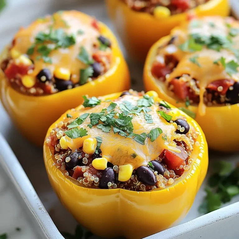 - 4 large bell peppers (any color) - 1 cup cooked quinoa - 1 can black beans, rinsed and drained - 1 cup corn kernels (fresh or frozen) - 1 cup diced tomatoes (fresh or canned) - 1 teaspoon cumin - 1 teaspoon smoked paprika - 1/2 teaspoon garlic powder - 1/2 teaspoon onion powder - 1 cup shredded cheese (cheddar or mozzarella) - Salt and pepper to taste - Fresh cilantro for garnish (optional) Each stuffed pepper has about 300 calories. You get protein from quinoa and beans. The cheese adds calcium. Bell peppers give vitamins A and C. This meal is rich in fiber and filling. It helps you feel satisfied. When picking bell peppers, look for firm ones. Choose vibrant colors like red, yellow, or green. They should feel heavy for their size. Avoid any with soft spots. Fresh peppers are sweeter and crunchier. For this recipe, any color works. I love using a mix for a fun look. {{ingredient_image_1}} First, get your bell peppers ready. Choose four large peppers. You can pick any color you like. Next, cut off the tops. Make sure to remove the seeds and membranes too. This helps keep the peppers tender. Place the peppers upright in a bowl. This way, they are ready for the filling. In a large bowl, combine your filling ingredients. Add one cup of cooked quinoa. Then, add one can of black beans that you rinsed and drained. Next, mix in one cup of corn. You can use fresh or frozen corn. After that, add one cup of diced tomatoes. This can be fresh or canned. Sprinkle in one teaspoon of cumin and one teaspoon of smoked paprika. Then, add half a teaspoon of garlic powder and half a teaspoon of onion powder. Mix everything well until it is all combined. Season the mixture with salt and pepper to taste. Now, it’s time to stuff the peppers. Take the filling and pack it into each pepper. Press down gently to fit in as much filling as you can. Then, sprinkle the remaining cheese on top of each stuffed pepper. Preheat your air fryer to 375°F (190°C). Place the stuffed peppers in the air fryer basket. Make sure to give them space for air to flow. Cook for 12 to 15 minutes. The peppers should be tender and the cheese should be bubbly and golden. Carefully take them out when they are done. If you like, garnish with fresh cilantro before serving. Enjoy your tasty meal! To get the best texture from your stuffed peppers, use fresh bell peppers. Look for firm peppers with smooth skin. If you prefer a softer bite, cook them a little longer. The air fryer works wonders, so don't be afraid to experiment. You want the peppers tender, yet still holding their shape. For perfectly cooked stuffed peppers, set your air fryer to 375°F (190°C). Cook them for 12 to 15 minutes. Check at the 12-minute mark. If the cheese is golden and bubbly, they are ready. If not, add a few more minutes. Each air fryer may cook slightly different, so keep an eye on them. If your peppers are too crunchy, try slicing them in half before stuffing. This helps them cook through. If the cheese isn't melting well, cover the peppers loosely with foil for a few minutes. This traps heat and helps the cheese melt faster. Always remember to check your peppers for doneness. Enjoy your cooking! Pro Tips Choose Colorful Peppers: Using a mix of colorful bell peppers not only enhances the visual appeal of your dish but also adds subtle flavor variations. Customize the Filling: Feel free to add your favorite ingredients to the filling, such as cooked ground meat, sautéed vegetables, or different types of beans for added protein and flavor. Watch Cooking Time: Cooking times may vary based on the size of the peppers; check for tenderness and bubbly cheese to ensure they're perfectly cooked. Let Them Rest: Allow the stuffed peppers to rest for a few minutes after cooking. This helps the flavors meld together and makes them easier to handle when serving. {{image_2}} You can change the filling by using different proteins. Ground chicken, beef, or turkey works well. Cook the meat first, then mix it with the other filling ingredients. This adds flavor and protein. You can also use shredded rotisserie chicken for a quick option. Each protein brings a unique taste to your stuffed peppers. For a vegetarian or vegan twist, skip the meat altogether. You can use more beans or lentils instead. Chickpeas also add protein and texture. Try adding mushrooms for extra flavor. You can also use nuts or seeds for crunch. Make sure to use vegan cheese if you want a cheesy topping. This keeps the dish plant-based. You can change the flavor of your stuffed peppers easily. For a spicy kick, add jalapeños or chili powder. If you prefer Italian flavors, mix in Italian herbs like oregano and basil. Using marinara sauce instead of tomatoes adds richness. For a Mediterranean vibe, add olives, feta cheese, and herbs like dill. Each variation makes the dish exciting and new. To store your stuffed peppers, let them cool to room temperature. Place them in an airtight container. You can keep them in the fridge for up to 3 days. If you have many leftovers, wrap them in plastic wrap before putting them in the container. This keeps them fresh longer. When you are ready to eat leftovers, reheat them in the air fryer. Set the air fryer to 350°F (175°C). Heat the stuffed peppers for about 5-7 minutes. This method keeps them crispy and warm. You can also use a microwave. Just cover the peppers with a damp paper towel to prevent drying. Want to save some for later? You can freeze stuffed peppers! First, let them cool completely. Wrap each pepper tightly in plastic wrap. Place them in a freezer-safe bag or container. They can last for up to 3 months in the freezer. When you’re ready to eat, thaw them in the fridge overnight before reheating. Stuffed peppers take about 12 to 15 minutes in an air fryer. The heat cooks the peppers well while melting the cheese on top. You want them tender but not mushy. Check around the 12-minute mark and adjust as needed. Yes, you can make stuffed peppers ahead of time. You can prepare the filling and stuff the peppers a day before cooking. Store them in the fridge until you are ready to air fry. Just remember to cook them straight from the fridge, adding a few extra minutes if needed. If you want to swap out quinoa, there are several good options. You can use rice, farro, or even couscous. Each will add a different texture and flavor. Just make sure whatever you choose is cooked before adding it to the mix. Yes, this recipe is gluten-free as written. Quinoa and black beans are both safe for gluten-free diets. If you use any other grains, check to ensure they are gluten-free. Always read labels to be sure! Stuffed peppers are a tasty and healthy choice. We explored the key ingredients, from bell peppers to different filling options. I shared easy steps for prep and cooking in an air fryer. You learned tips for great texture and how to solve common cooking problems. Plus, we discussed variations to suit your taste, storage information, and answered common questions. Now, it’s time to get cooking. Enjoy your meal and have fun experimenting!