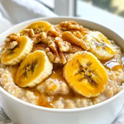 - 1 cup rolled oats - 2 cups almond milk (or any milk of choice) - 1 ripe banana, sliced - 2 tablespoons brown sugar - 1 tablespoon coconut oil (or butter) - 1 teaspoon vanilla extract - 1/2 teaspoon cinnamon - A pinch of salt - Chopped nuts (walnuts or pecans) - Fresh banana slices The main ingredients in this dish provide a hearty base. Rolled oats give a nice texture. Almond milk offers a creamy touch. A ripe banana adds natural sweetness and flavor. Then, we have some additional ingredients that enhance the taste. Brown sugar adds a nice caramel note. Coconut oil, or butter, creates a rich mouthfeel. Vanilla extract rounds out the flavors. A pinch of salt balances the sweetness. Lastly, the optional toppings can take your dish to the next level. Chopped nuts provide crunch and nutrition. Fresh banana slices add a bright touch, making your bowl look amazing. Feel free to mix and match these ingredients. You can adjust them to fit your taste or dietary needs. {{ingredient_image_1}} First, grab a medium saucepan. Combine 1 cup of rolled oats, 2 cups of almond milk, and a pinch of salt. Add half a teaspoon of cinnamon for flavor. Put the pan on medium heat and stir gently. This helps keep the oats from sticking. Bring the mixture to a gentle simmer. Cook it for about 5 to 7 minutes, stirring every now and then. You want the oatmeal soft, but not too mushy. While the oats cook, heat a skillet on medium. Add 1 tablespoon of coconut oil and let it melt. Once melted, place 1 ripe banana, sliced, in the skillet. Sprinkle 2 tablespoons of brown sugar over the banana. Cook the banana slices for 2 to 3 minutes. Gently turn them until they turn golden brown. This is how you get that sweet caramel flavor. When they are ready, take them off the heat. Now it’s time to put everything together. Once the oatmeal is creamy, stir in 1 teaspoon of vanilla extract and the rest of the cinnamon. Spoon the oatmeal into bowls. Top it with the caramelized banana mixture. Add chopped nuts like walnuts or pecans for a crunchy finish. For a nice touch, garnish with fresh banana slices. Enjoy your creamy breakfast delight! To get the right texture, pay attention to the cooking time. I like my oatmeal creamy but not runny. Start with the cooking time of about 5-7 minutes. If you want thicker oatmeal, cook it longer, stirring often. You can also try making oatmeal in the microwave. Combine the oats and milk in a bowl. Cook it for 2-3 minutes, stirring halfway. This quick method works well for busy mornings. If you prefer a no-cook option, try overnight oats. Just mix all ingredients and let them sit in the fridge overnight. Sweeteners can change the flavor of your caramelized banana. I often use brown sugar, but honey or maple syrup are great choices too. Each type gives a unique taste. Keep an eye on the bananas as they cook. If you like them soft and mushy, cook them longer. For a firmer bite, reduce the cooking time. It’s all about what you like best! Adding spices can elevate your dish. A dash of nutmeg or cocoa powder brings warmth and depth to the flavor. You can sprinkle these on top or mix them into the oatmeal. Pairing your oatmeal with yogurt or fresh berries makes for a balanced meal. The creaminess of yogurt complements the caramelized bananas well. Enjoy every bite! Pro Tips Use Ripe Bananas: The riper the banana, the sweeter and more flavorful your caramelized banana will be. Look for bananas with brown spots for the best results. Control the Heat: When caramelizing the bananas, keep the heat at medium to avoid burning the sugar. Patience is key to achieving that beautiful golden color. Customize Your Oats: Feel free to add your favorite mix-ins to the oatmeal, such as chia seeds or dried fruits, for added texture and nutrition. Make It Creamier: For an extra creamy oatmeal, try stirring in a tablespoon of nut butter or yogurt just before serving. This adds richness and enhances the flavor. {{image_2}} If you want a nut-free dish, simply swap the nuts for seeds. I like using pumpkin or sunflower seeds. They add a nice crunch and are packed with nutrients. This easy switch makes the oatmeal safe for those with nut allergies. You still get that delightful texture without losing flavor. To make this meal vegan, ensure all your ingredients are plant-based. Use almond milk or any non-dairy milk. For sweetening, stick to brown sugar or maple syrup. Coconut oil is a great butter substitute. This way, everyone can enjoy this creamy delight without worrying about animal products. Looking to spice things up? Consider adding chocolate, berries, or other fruits. A sprinkle of cocoa powder can add rich flavor. You might also try fresh blueberries or strawberries for a burst of color. These additions not only enhance flavor but also make your oatmeal even more fun to eat. To store leftover oatmeal, allow it to cool first. Then, place it in an airtight container. You can keep it in the fridge for up to three days. Make sure to label the container with the date. This helps you track freshness. When you are ready to eat, stir in a little milk or water. This keeps the oatmeal creamy as you reheat it. You can use a microwave or a saucepan. Heat it gently, stirring until warm. This avoids any dry patches. You can freeze oatmeal for longer storage. Spoon cooled oatmeal into freezer-safe containers. Leave some space at the top because it expands. To thaw, move it to the fridge overnight. You can also microwave it straight from the freezer, adding a splash of milk. This method works well to keep it tasty. You can use several sweeteners instead of brown sugar. Here are some good options: - Honey - Maple syrup - Coconut sugar - Agave nectar Each of these will add sweetness. Honey and maple syrup will add a nice flavor. Use less liquid if you pick a liquid sweetener. Yes, you can use quick oats. Quick oats cook faster than rolled oats. They absorb more liquid and turn mushy quickly. Here’s how to adjust: - Use the same amount of quick oats. - Cut the cooking time to about 1-2 minutes. - Stir often to avoid sticking. To make this recipe gluten-free, choose certified gluten-free oats. Regular oats can have gluten due to cross-contamination. Check the labels for assurance. All other ingredients listed are gluten-free. This blog post explored a delicious oatmeal recipe, covering key ingredients like rolled oats, almond milk, and ripe bananas. We shared step-by-step instructions for preparing and caramelizing bananas. Tips helped perfect the oatmeal's texture, while variations offered nut-free and vegan options. We also explained how to store leftovers and answered common questions. Remember, oatmeal is versatile. You can craft it to suit any taste. Enjoy experimenting with flavors and toppings. Your perfect bowl of oatmeal awaits!