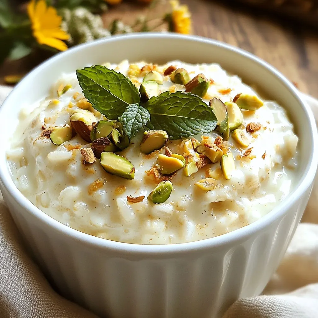 - 1 cup Arborio rice - 4 cups whole milk - 1 cup coconut milk - 1/2 cup sugar - 1 cinnamon stick - 4-5 green cardamom pods, lightly crushed - 4-5 cloves - 1/2 teaspoon ground ginger - 1/4 teaspoon ground nutmeg - 1 teaspoon vanilla extract - Chopped pistachios - Chopped almonds - Fresh mint leaves For Spiced Chai Rice Pudding, you need some key ingredients. Arborio rice is a must. It gives the dish a creamy texture. Whole milk and coconut milk add richness and flavor. You will also need sugar to sweeten the pudding. Spices are what make this pudding special. You’ll use a cinnamon stick, green cardamom pods, and cloves. These spices give a warm and inviting taste. Ground ginger and nutmeg add a nice kick. Don’t forget the vanilla extract for a hint of sweetness. Finally, for toppings, I love using chopped pistachios and almonds. They add a nice crunch. Fresh mint leaves give a pop of color and freshness. Together, these ingredients make a comforting and tasty dessert that warms the soul. {{ingredient_image_1}} First, grab a medium saucepan. In it, combine 1 cup of Arborio rice with 4 cups of whole milk and 1 cup of coconut milk. This mix gives a creamy texture. Place the pan over medium heat. Next, stir in 1/2 cup of sugar, 1 cinnamon stick, 4-5 crushed green cardamom pods, and 4-5 cloves. Add 1/2 teaspoon of ground ginger, 1/4 teaspoon of ground nutmeg, and 1 teaspoon of vanilla extract. Don't forget a pinch of salt to balance the sweetness. Bring this delightful mixture to a gentle simmer. It should bubble softly. Once it starts simmering, reduce the heat to low. Cook it uncovered for about 30-35 minutes. Stir frequently. This helps the rice cook evenly. You want the rice to be tender and the pudding to thicken. Keep an eye on it, and adjust the cooking time if needed. When your pudding is cooked, take it off the heat. Remove the cinnamon stick and any whole spices if you prefer. Now, you can serve it warm or chill it in the fridge. To make it fancy, top it with chopped pistachios and almonds. A sprig of fresh mint adds a lovely touch. Enjoy your comforting spiced chai rice pudding! To get that creamy texture, use Arborio rice. It has a high starch content. This helps the pudding thicken nicely. Cook the mixture slowly over low heat. Stir often to prevent sticking. If you want it creamier, add more coconut milk. For a thicker pudding, extend the cooking time by a few minutes. Keep an eye on it as it cooks. You can mix up the spices if you like. Try adding star anise or black pepper for a twist. Adjust the sweetness too. If you prefer less sugar, reduce it to 1/3 cup. You can also use honey or maple syrup for a different sweetness. Experiment with flavors until you find your favorite. Serve your rice pudding in small bowls or cups for a nice touch. You can layer it with fruit for added color and taste. Top with chopped pistachios and almonds for crunch. A sprig of fresh mint adds a pop of green and freshness. These simple garnishes make your dessert look fancy and inviting. Pro Tips Choosing the Right Rice: Arborio rice is ideal for this recipe due to its high starch content, which creates a creamy texture. Avoid long-grain rice as it won't yield the same results. Infusing Spices: For a deeper flavor, consider letting the spices simmer for an extra 10 minutes before adding the rice. This allows the flavors to meld beautifully. Adjusting Consistency: If you prefer a thicker pudding, cook it a little longer while stirring frequently. For a looser consistency, add a bit more milk towards the end of cooking. Garnishing: Top your pudding with toasted nuts for added crunch and flavor. A sprinkle of cinnamon or a drizzle of honey can also enhance the presentation and taste. {{image_2}} You can make this dish dairy-free with a few easy swaps. Use plant-based milks like almond or oat milk instead of whole milk. Coconut milk is already a great choice. For sweetening, consider alternatives like maple syrup or agave nectar. These options give you a nice flavor without dairy. Want to change things up? Try adding cocoa or chocolate to the mix. This will give your pudding a rich taste. You can also incorporate fruit flavors like mango or banana. These fruits can brighten the dish and add natural sweetness. Just fold them in gently towards the end of cooking. Spiced chai has roots in many cultures. Different regions have their own twists on this flavor. For instance, in India, you might find rice pudding made with saffron and nuts. In the Middle East, they often add rose water or orange blossom. Each variation brings its own unique taste and can inspire your kitchen adventures! To store leftovers, let the rice pudding cool completely. Transfer it to an airtight container. Place it in the fridge. The pudding will stay fresh for up to four days. To keep it creamy, cover it with plastic wrap. This helps prevent a crust from forming on top. When you're ready to eat, just scoop out what you need. If you want to freeze the pudding, use a freezer-safe container. Leave some space at the top for expansion. You can freeze it for up to three months. When you're ready to enjoy it, transfer it to the fridge overnight. After thawing, stir well before serving. You may need to add a splash of milk to restore its creamy texture. Spiced Chai Rice Pudding blends sweet rice pudding with warming chai spices. This dish has roots in many cultures, especially in South Asia. Rice pudding is a comfort food enjoyed worldwide. The chai spices bring a unique flavor that warms the body and spirit. It’s perfect for cold days or when you need a cozy treat. Yes, you can use other rice types. Arborio rice is best for its creaminess. Jasmine or basmati rice can work, but they yield different textures. Jasmine rice adds a floral note, while basmati offers a nuttier taste. If you use long-grain rice, adjust cooking time. Shorter grains absorb more liquid and may thicken faster. To make this recipe vegan, swap the whole milk for plant-based milk. Almond or oat milk would work well. Replace coconut milk with a thicker plant milk for creaminess. Use a vegan sugar or maple syrup instead of regular sugar. This way, you keep the flavor while making it suitable for a vegan diet. You can serve Spiced Chai Rice Pudding warm or chilled. Both ways offer a delightful experience. Top with chopped pistachios and almonds for crunch. A sprig of fresh mint adds a pop of color and freshness. Pair it with a cup of chai for a comforting dessert. Enjoy it after meals or as a cozy snack anytime. This blog post explored creating a delicious Spiced Chai Rice Pudding. We covered key ingredients, such as Arborio rice and coconut milk, along with spices like cinnamon and cardamom. I explained how to cook it, from prepping the base to the final steps. We also shared tips for perfect texture and flavor variations. To wrap it up, enjoy experimenting with this recipe. Make it yours with your favorite toppings and spices. Your journey to a delightful dessert starts here!