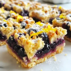- 2 cups all-purpose flour - 1 cup rolled oats - 3/4 cup brown sugar, packed - 1/2 teaspoon baking powder - 1/2 teaspoon baking soda - 1/4 teaspoon salt For the dry ingredients, you need flour, oats, and sugar. The baking powder and baking soda help the bars rise. The salt enhances the flavors. - 1/2 cup unsalted butter, melted - 1 cup fresh blueberries - Zest of 2 lemons - 1/4 cup lemon juice - 1/2 cup granulated sugar - 1 tablespoon cornstarch The wet ingredients bring moisture and flavor. The melted butter binds the dry mix. Fresh blueberries add sweetness and a burst of flavor. Lemon zest and juice give a bright, tangy twist. Cornstarch thickens the filling. You can add nuts or seeds for crunch. A sprinkle of cinnamon adds warmth. Consider using vanilla extract for more depth in flavor. These add-ins make the bars even more special. {{ingredient_image_1}} First, preheat your oven to 350°F (175°C). Grease a 9x9 inch baking pan or line it with parchment paper. Next, grab a large bowl. Combine 2 cups of all-purpose flour, 1 cup of rolled oats, 3/4 cup of brown sugar, 1/2 teaspoon of baking powder, 1/2 teaspoon of baking soda, and 1/4 teaspoon of salt. Mix everything well. Pour in 1/2 cup of melted unsalted butter. Use your hands or a spatula to mix until it looks like coarse crumbs. Now, save about 1 cup of this mixture for topping later. Press the rest firmly into the bottom of your pan to form the crust. Bake this crust for 10-12 minutes until it’s lightly golden. While the crust bakes, let’s make the filling. In another bowl, add 1 cup of fresh blueberries. Add the zest of 2 lemons and 1/4 cup of lemon juice. Sprinkle in 1/2 cup of granulated sugar and 1 tablespoon of cornstarch. Toss gently to coat the blueberries. This mixture will create a bright, zesty flavor. Once the crust is done, take it out of the oven. Spread the blueberry mixture evenly over the hot crust. Now, crumble the reserved topping mixture over the blueberries. Place the pan back in the oven for another 25-30 minutes. You’ll know it’s ready when the topping turns golden and the blueberries start to bubble. After baking, let the bars cool in the pan on a wire rack for at least 30 minutes. Then, slice them into squares. Enjoy this simple and tasty treat! To get that perfect crumble, use cold butter. It helps create a crispy top. Mix until you see coarse crumbs. You want some small chunks for texture. Don’t overwork it, or it can become tough. Reserve some of this mixture for the topping. Make sure to preheat your oven well. This helps the bars bake evenly. Use an 8x8 or 9x9 inch pan for the best size. Line the pan with parchment paper. This makes it easy to lift the bars out later. Rotate the pan halfway through baking for even heat. For great taste, use fresh blueberries. They add brightness and flavor. The lemon zest brings out the blueberry taste. Don’t skip the lemon juice; it adds the right tang. Adjust sugar to your liking, but don’t overdo it. You want a sweet and tart mix. Pro Tips Use Fresh Ingredients: Always opt for fresh blueberries and lemons to enhance the flavor of your crumble bars. Prevent Soggy Bars: Make sure to let the bars cool completely before slicing to avoid a soggy texture. Experiment with Spices: Add a pinch of cinnamon or nutmeg to the crumble for an extra layer of flavor. Storage Tips: Store the bars in an airtight container in the refrigerator for up to a week for optimal freshness. {{image_2}} You can easily make gluten-free lemon blueberry crumble bars. Swap the all-purpose flour for gluten-free flour. Look for a blend that works well in baking. This swap keeps the bars tasty and light. You may need to add extra cornstarch to help with texture. Feel free to mix it up with berries! Raspberries, blackberries, or strawberries work great. Each berry adds its own flavor. You can even combine different berries for a fun twist. Just remember to adjust sugar based on the berry's sweetness. If you want to cut back on sugar, try using honey or maple syrup. These options give a unique flavor. You can also use stevia or monk fruit for a low-calorie choice. Just remember to adjust the amount, as these are sweeter than sugar. To keep your lemon blueberry crumble bars fresh, store them in an airtight container. Place parchment paper between layers to prevent sticking. These bars stay tasty at room temperature for up to three days. You can freeze these bars for later. First, let them cool completely. Then, wrap each bar in plastic wrap. Place the wrapped bars in a freezer-safe bag. They will keep well for up to three months. When you want to enjoy them, thaw in the fridge overnight. For the best taste, eat these bars within a week. If you notice any change in texture or smell, it’s best to discard them. Always check for signs of spoilage, especially if stored longer than a week. Yes, you can use frozen blueberries. They work well in this recipe. Just make sure to toss them with the cornstarch first. This helps absorb extra moisture. You may notice the bars are a bit softer, but they will still taste great. The bars are done when the topping turns golden brown and the blueberries bubble. You can also insert a toothpick into the crust. If it comes out clean, the bars are ready. Let them cool for 30 minutes before slicing. You can use coconut sugar or honey instead. Coconut sugar has a similar taste and works well. If you use honey, reduce the lemon juice a bit. This keeps the filling balanced. Always remember to adjust for sweetness! In this post, we covered all you need to know about making lemon blueberry bars. We started with the essential dry and wet ingredients, including optional add-ins. Then, we walked through prepping the crust and making the filling. I shared tips for perfecting the texture and baking evenly. Plus, we explored gluten-free options and storage tips. Remember, baking can be fun and creative. Experiment with flavors and ingredients to make it your own!