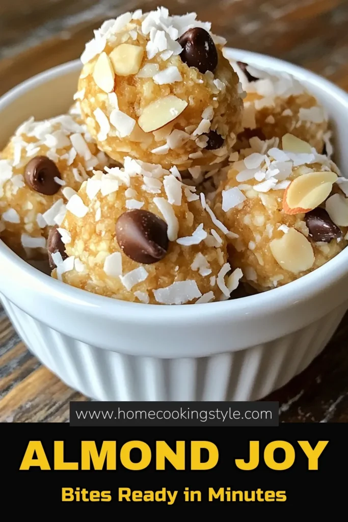 Looking for a delicious and nutritious snack? Try these Almond Joy energy bites! Packed with rolled oats, almond butter, and dark chocolate, these no-bake energy bites are perfect for a quick pick-me-up. They’re vegan, healthy energy snacks that satisfy your chocolate cravings while providing a boost of protein. Make your own chocolate coconut protein balls today! Save this recipe for your snack ideas! #HealthySnacks #VeganTreats #EnergyBites #NoBakeDesserts