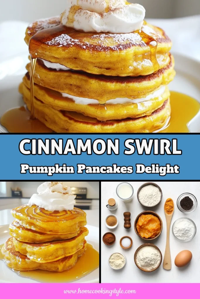 Indulge in the best of fall with these delightful Cinnamon Swirl Pumpkin Pancakes. This easy pumpkin breakfast recipe combines moist pumpkin pancake goodness with a sweet cinnamon swirl for a perfect morning treat. In just 20 minutes, you can whip up these delicious fall pancakes that will have everyone asking for seconds. Make your mornings cozy and flavorful with this pumpkin spiced pancakes recipe! Save this for your next brunch! #PumpkinPancakes #FallRecipes #EasyBreakfast #PumpkinSpice