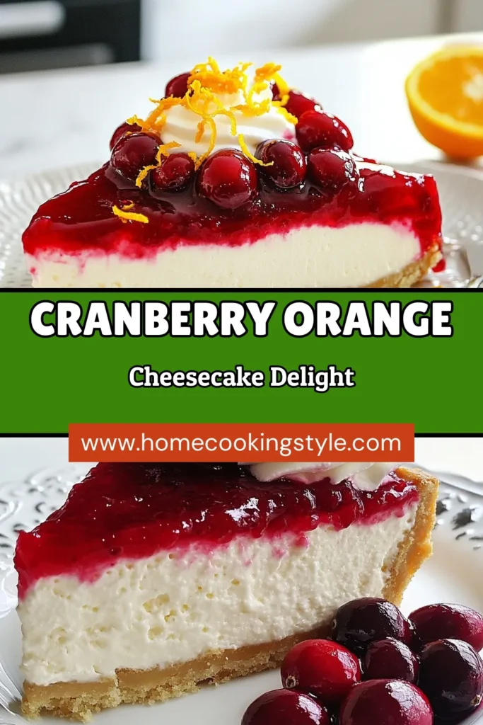 Indulge in this festive Cranberry Orange Cheesecake that combines creamy layers with a delightful cranberry topping! This easy cream cheese dessert recipe is perfect for holiday gatherings and will impress your guests. With fresh cranberries and a hint of orange zest, this is a must-try among festive cheesecake ideas. Don’t miss out—pin this easy cheesecake with cranberries for your next celebration! #CranberryOrangeCheesecake #CheesecakeRecipes #DessertIdeas #HolidayBaking