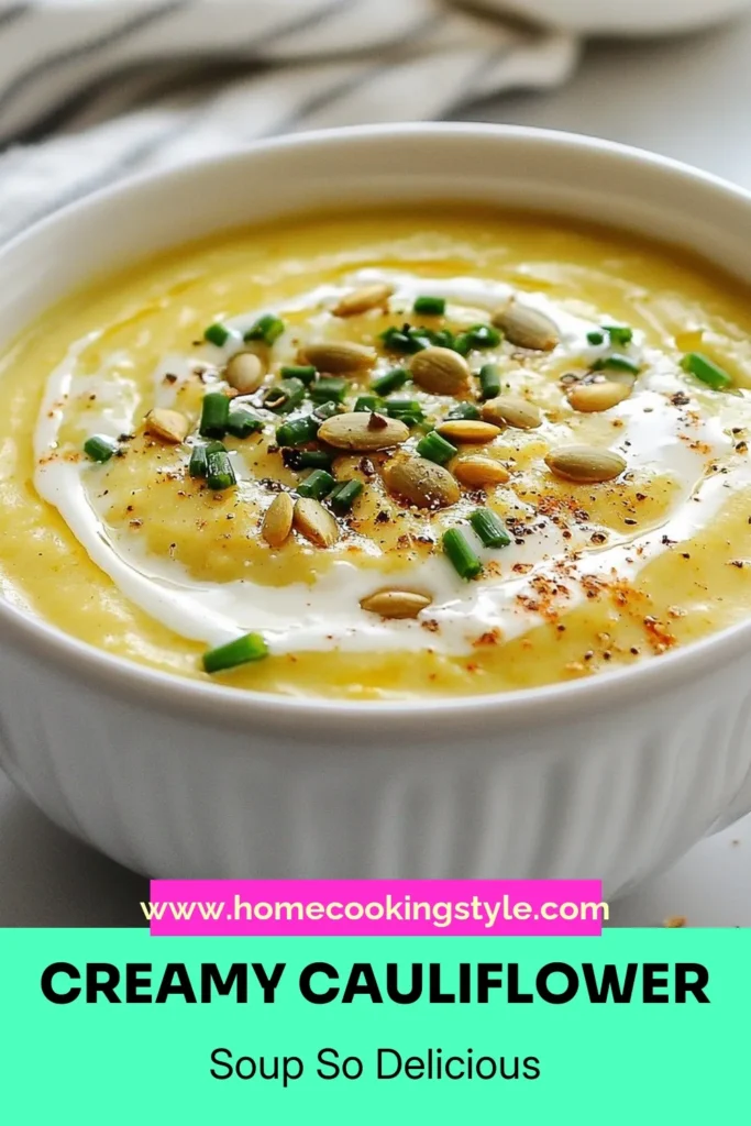 Warm up with this delicious creamy cauliflower soup! This roasted cauliflower soup recipe is a vegan delight packed with flavor and health benefits. Made with nutritious ingredients like coconut milk, this healthy cauliflower recipe is not only comforting but also dairy-free. Perfect for any occasion, this soup is easy to make and satisfying. Save this vegan cauliflower soup for your next meal and enjoy! #CreamyCauliflowerSoup #VeganRecipes #HealthyEating #SoupLovers