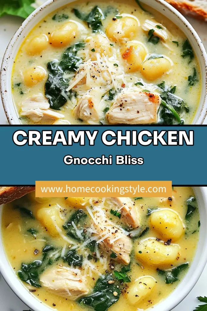 Warm up with this creamy chicken gnocchi soup, the ultimate comforting soup recipe for chilly days! This easy chicken soup combines tender chicken and fluffy potato gnocchi in a rich, creamy broth that's a true crowd-pleaser. Perfect for a family dinner, it's a delightful one-pot chicken soup that you can whip up in just 35 minutes. Try it today and savor every bite! Save this recipe for later! #CreamyChickenGnocchiSoup #ComfortFood #OnePotMeals #EasySoupRecipe