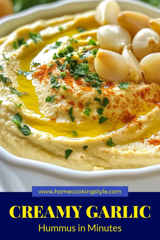 Indulge in this creamy roasted garlic hummus, a delightful homemade hummus recipe that elevates your snacking game. Packed with flavor from roasted garlic, this chickpea hummus is the perfect healthy snack recipe for gatherings or solo indulgence. Whip up a batch of this roasted garlic dip in just under an hour for a tasty treat everyone will love! Save this recipe for your next cooking adventure! #Hummus #HealthySnacks #GarlicDip #ChickpeaRecipes
