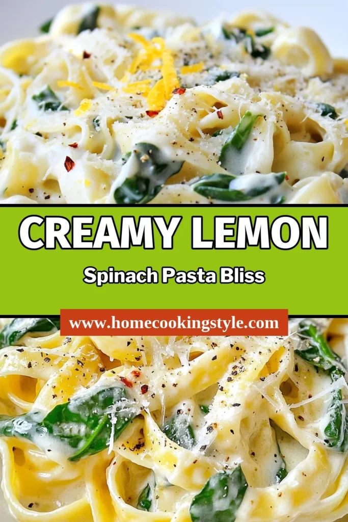 Discover the deliciousness of Creamy Lemon Spinach Pasta, a delightful dish that's perfect for those seeking easy pasta recipes. This vegan pasta option with fettuccine and a rich lemon garlic sauce brings brightness to your table. Whether you're in a rush or looking for comfort food, this Lemon Garlic Pasta Recipe is a must-try. Save this recipe to create a creamy, flavorful meal that everyone will love! #EasyPastaRecipes #VeganPastaOptions #FettuccineWithSpinach #LemonGarlicPastaRecipe
