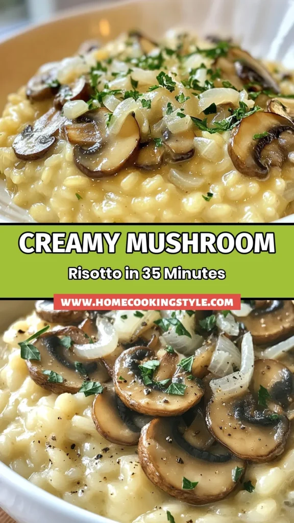 Indulge in this creamy garlic mushroom risotto that delights the senses! This Arborio rice risotto recipe combines easy mushroom risotto techniques with savory garlic butter for a vegetarian risotto with mushrooms that everyone will love. Perfect for a cozy dinner, it’s ready in just 35 minutes. Save this recipe for a creamy and comforting meal tonight! #MushroomRisotto #VegetarianRecipes #EasyDinner #ComfortFood