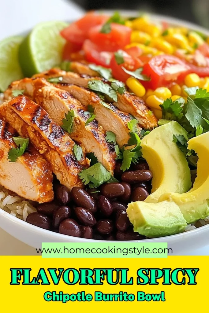 Looking for a delicious and healthy dinner option? Try this spicy burrito bowl recipe featuring chipotle chicken! This Chipotle chicken bowl is packed with flavor and nutrition, thanks to brown rice, black beans, and fresh veggies. It's an easy burrito bowl dinner that your whole family will love. Ready in just an hour, it’s perfect for weeknight meals. Save this healthy chicken burrito bowl recipe for your next dinner inspiration! #BurritoBowl #HealthyEating #MealPrep #EasyRecipes