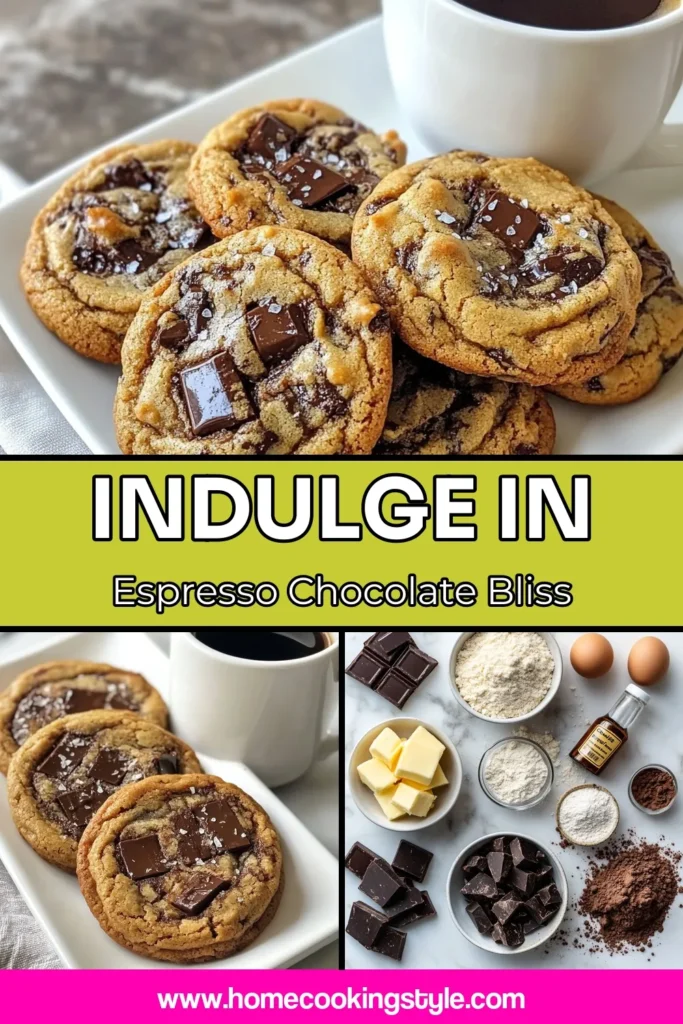 Indulge in these delicious Espresso Chocolate Chunk Cookies, a perfect blend of rich flavors and chewy goodness. This coffee-infused cookie recipe features dark chocolate espresso cookies that will satisfy any chocolate lover. Try these gourmet cookie recipes for your next treat! Perfect for sharing or enjoying with a cup of coffee. Save this easy chocolate chip espresso cookies recipe for your baking adventures! #Cookies #DessertRecipes #Baking #EspressoCookies