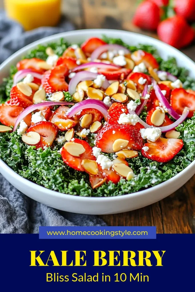 Discover the perfect Strawberry Almond Kale Salad that combines nutrition and flavor! This Almond Kale Salad Recipe features fresh strawberries, toasted almonds, and a hint of feta for a delightful bite. Enjoy this Healthy Salad with Feta tossed in a simple balsamic dressing. Perfect for a light lunch or a side dish. Check out this Fresh Strawberry Salad Recipe and bring vibrant flavors to your table! Save this recipe for later! #KaleSalad #HealthyEating #StrawberryRecipe #SaladRecipes