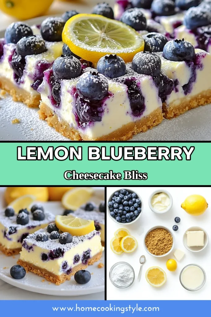 Discover the ultimate dessert with these blueberry lemon cheesecake bars! This easy cheesecake recipe features a creamy lemon cheesecake filling and fresh blueberries for a refreshing twist. Perfect as a no-bake blueberry dessert option, these dessert bars with blueberries are a crowd-pleaser. Ready to impress? Try this lemon cheesecake dessert today! Save this recipe for your next gathering! #BlueberryDesserts #CheesecakeBars #NoBakeRecipes #EasyDesserts