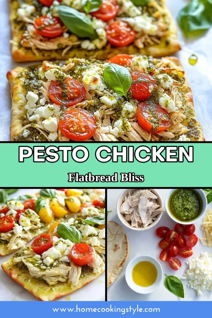 Create a delicious and satisfying meal with this pesto chicken flatbread recipe! Perfect for a quick chicken dinner, this easy flatbread recipe features homemade pesto flatbread topped with tender chicken, fresh cherry tomatoes, and a blend of mozzarella and feta cheese. Whip it up in just 25 minutes! Get ready to impress your family or friends. Save this recipe for your next meal! #PestoChickenFlatbread #EasyFlatbreadRecipe #QuickDinner #HomemadePesto