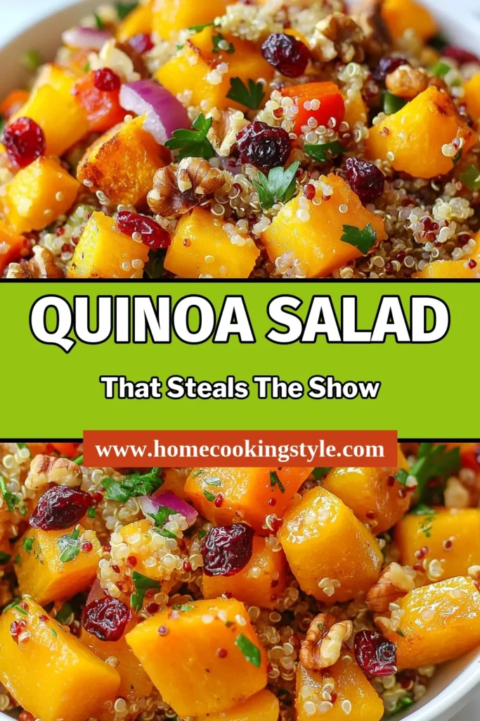 Discover the delightful flavors of our Roasted Butternut Squash Quinoa Salad! This healthy fall salad features roasted butternut squash, hearty quinoa, and sweet cranberries for a satisfying vegetarian dish perfect for any occasion. Easy to make, our quinoa salad recipe is packed with nutrition and tastes amazing. Get ready to impress your guests or treat yourself with this vibrant vegetarian salad with cranberries. Pin it for later! #ButternutSquashSalad #QuinoaSaladRecipe #HealthyFallSalad #VegetarianSalad