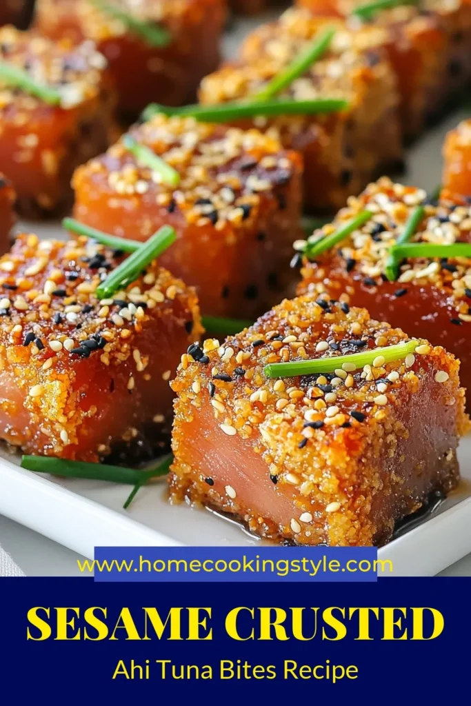Indulge in these delicious Sesame Crusted Ahi Tuna Bites, the perfect Ahi Tuna recipe for seafood lovers! These easy tuna appetizers use sashimi-grade tuna and take just 30 minutes to prepare. With a crunchy sesame coating and a burst of flavor from ginger and garlic, they’re a healthy seafood recipe everyone will love. Impress your guests at your next gathering! Save this recipe and elevate your appetizer game today! #AhiTuna #SeafoodRecipes #Appetizers #HealthyEating