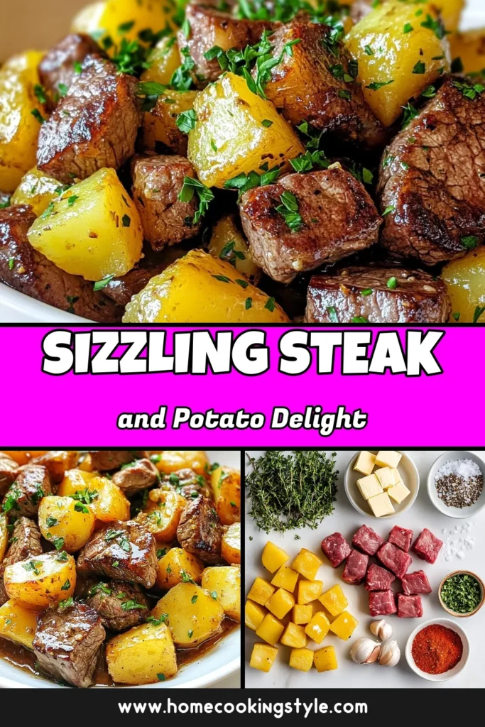 Indulge in a mouthwatering one-pan steak dinner with this easy steak skillet recipe featuring sizzling garlic butter steak and potatoes. Using tender sirloin steak, golden russet potatoes, and a rich garlic butter blend, this satisfying dish is perfect for any night of the week. Ready in just 30 minutes, it's ideal for a quick family meal. Try this garlic butter steak and potatoes recipe tonight and enjoy! Save for later! #EasyDinner #SteakRecipes #OnePanMeal #GarlicButterSteak