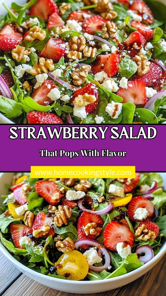 Discover the delightful Strawberry Fields Salad, a must-try strawberry salad recipe bursting with flavor! This fresh strawberry salad features mixed greens, crumbled feta, and toasted walnuts, all tossed in a delicious balsamic vinaigrette. Perfect for healthy salad recipes, it’s quick to prepare and ideal for any occasion. Save this tasty recipe for healthy eating inspiration and impress your family. #StrawberrySalad #HealthyEating #SaladRecipes #FreshSalad