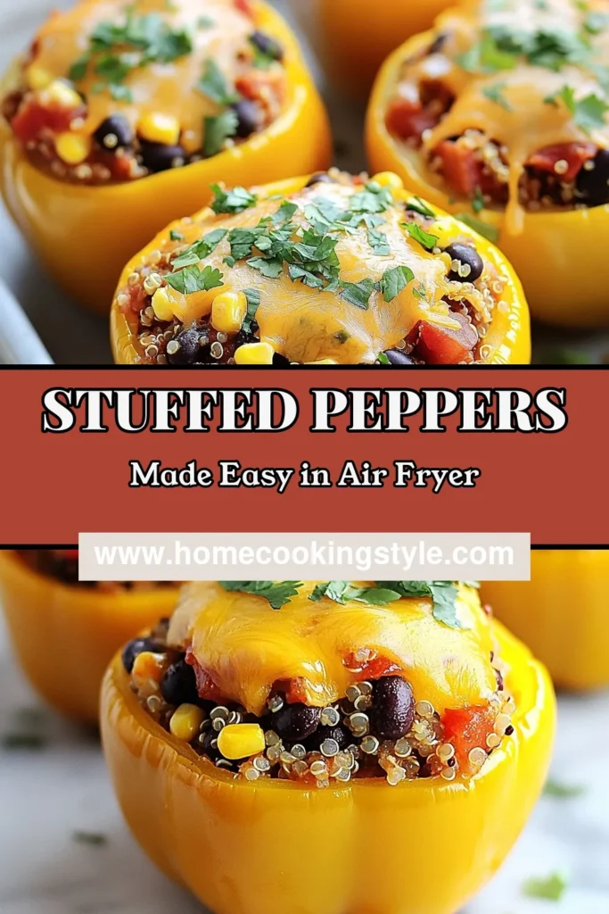 Enjoy these delicious Air Fryer Stuffed Peppers, packed with protein-rich quinoa and black beans! These healthy air fryer recipes are perfect for a quick dinner, combining vibrant bell peppers with corn, tomatoes, and spices for a satisfying vegetarian meal. In just 30 minutes, you can serve up nutritious quinoa stuffed peppers that everyone will love. Try this easy and flavorful recipe today! #AirFryerStuffedPeppers #HealthyRecipes #QuickDinner #VegetarianCooking
