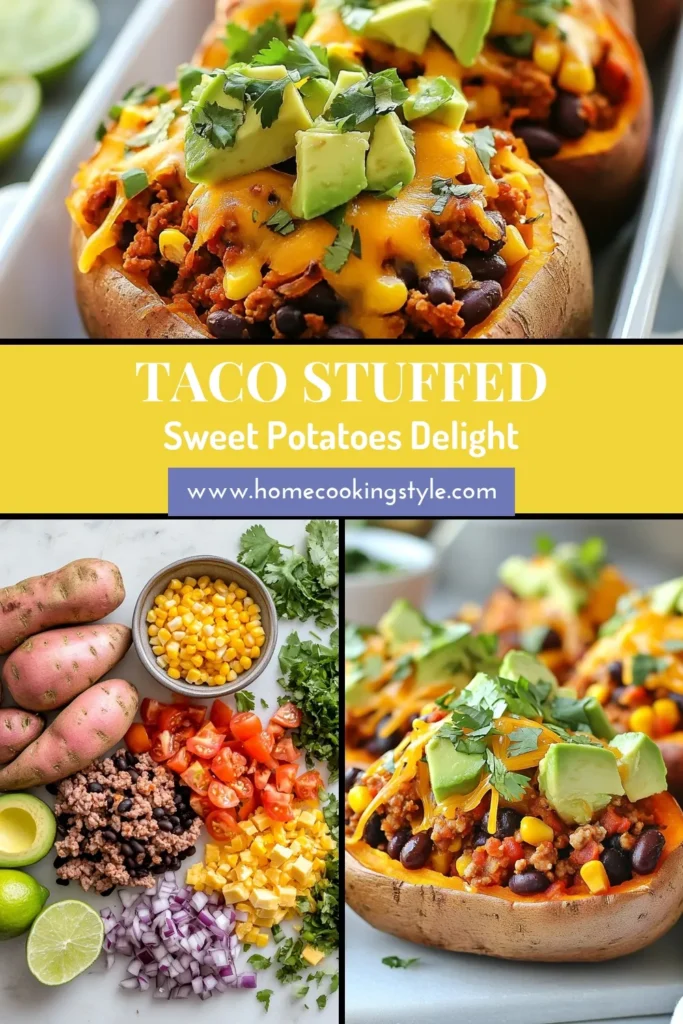 Discover the ultimate Taco Stuffed Sweet Potatoes recipe for a healthy taco dinner! Packed with ground turkey and black beans, these easy sweet potato dinners are both nutritious and satisfying. Perfect for vegetarians too with just a swap! Elevate your meal with fresh toppings like avocado and cheese. Try this delicious, wholesome meal tonight and save for later! #TacoStuffedSweetPotatoes #HealthyTacoRecipe #EasySweetPotatoDinner #VegetarianTacoStuffedPotatoes