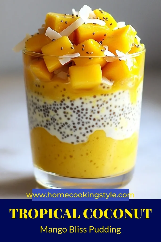 Indulge in this refreshing Coconut Mango Chia Pudding, a deliciously healthy chia pudding recipe perfect for any time of day. This tropical chia pudding dessert combines creamy coconut with sweet mango for an irresistible vegan coconut pudding that’s so easy to make. Perfect as an easy mango dessert recipe, it's sure to impress. Save this recipe now and treat yourself! #ChiaPudding #VeganDessert #HealthyRecipe #TropicalTreat