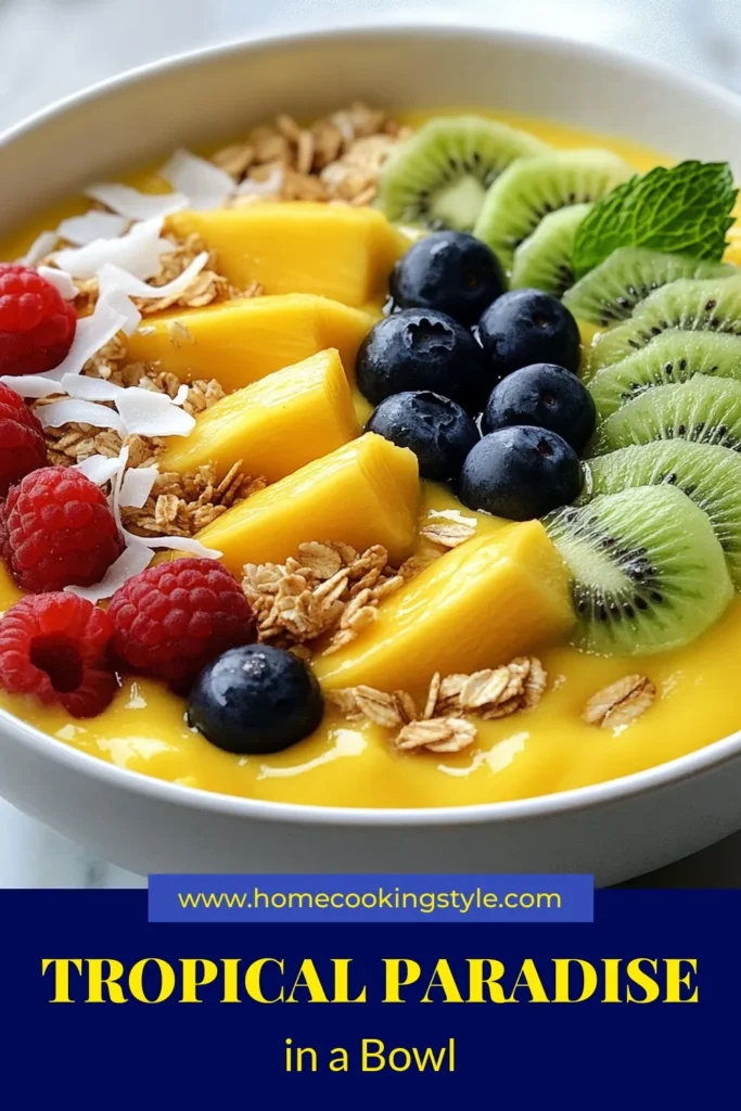 Savor the vibrant flavors of a Tropical Mango Smoothie Bowl! This healthy smoothie bowl recipe combines ripe mangoes, banana, and creamy coconut milk for a refreshing treat. Top your mango smoothie with toppings like shredded coconut, granola, and fresh berries for extra crunch. Ideal for breakfast or a snack, this chia seed mango bowl is both delicious and nutritious. Try it today and elevate your smoothie game! #MangoSmoothie #SmoothieBowl #HealthyEating #TropicalRecipes