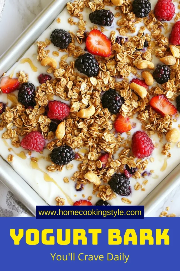 Indulge in a delicious and healthy treat with this Maple Granola Yogurt Bark! This easy granola yogurt bark recipe combines Greek yogurt, maple syrup, and mixed berries for a perfect frozen yogurt snack. Enjoy a guilt-free Greek yogurt dessert that's packed with flavor and texture from granola and nuts. Make your own berry granola bark today and impress your friends! Don’t forget to save this recipe! #HealthySnacks #YogurtBark #FrozenDessert #GranolaRecipes