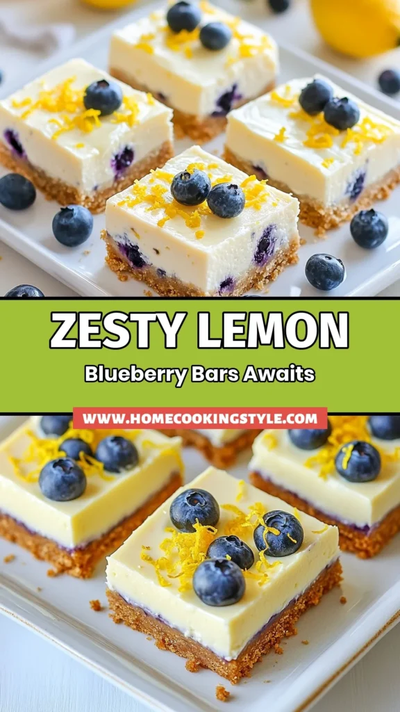 Indulge in these delicious Lemon Blueberry Cheesecake Bars, the perfect easy cheesecake dessert recipe for any occasion. These no-bake cheesecake bars combine creamy lemon-infused filling with fresh blueberries for a delightful treat. Follow this simple blueberry dessert bars recipe to create a stunning dessert that everyone will love. Ready to impress? Save and try these cream cheese lemon bars today! #LemonBlueberryCheesecakeBars #EasyDessert #NoBakeCheesecake #BlueberryDessert