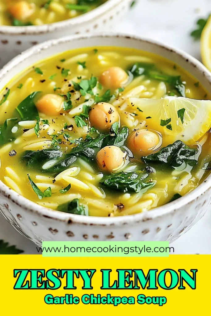 Discover the delightful Lemon Garlic Chickpea Soup that's sure to become a favorite! This Orzo Soup Recipe combines hearty chickpeas, fresh spinach, and zesty lemon for a healthy and flavorful vegetarian option. Perfect for cozy dinners, this Healthy Chickpea Soup is easy to make and packed with nutrients. Try this simple Lemon Spinach Soup today and enjoy every comforting spoonful! Save this recipe for a delicious meal. #LemonGarlicChickpeaSoup #OrzoSoupRecipe #VegetarianSoupRecipes #HealthyChickpeaSoup