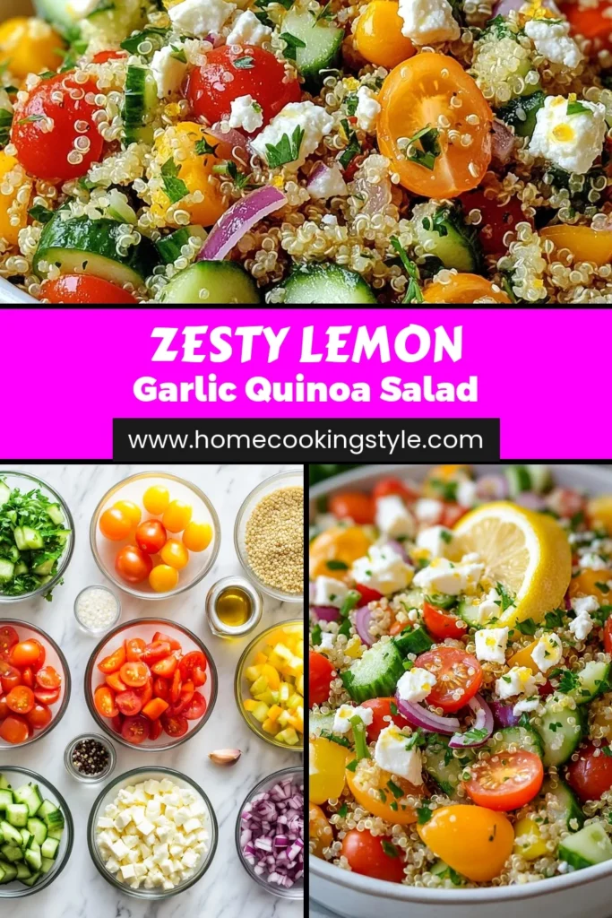 Discover the refreshing taste of Lemon Garlic Quinoa Salad, a perfect addition to your healthy eating plan. This Zesty Salad Recipe combines quinoa, fresh vegetables, and a lemony garlic dressing for a delightful Cold Quinoa Salad. Ideal for meal prep or as a side dish, this Mediterranean Quinoa Salad is bursting with flavor and nutrients. Try this Healthy Quinoa Recipe today and save it for later! #HealthyEating #QuinoaSalad #MediterraneanRecipes #ZestySalad