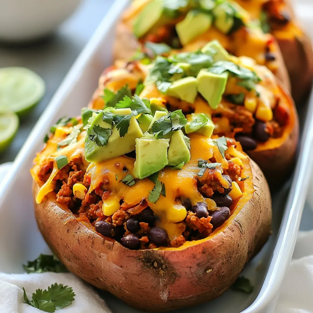 - 4 medium sweet potatoes - 1 lb ground turkey (or ground beef) - 1 can (15 oz) black beans, rinsed and drained Sweet potatoes are the star of this dish. They are sweet, creamy, and packed with nutrients. I prefer medium-sized sweet potatoes for this recipe since they are easy to handle and cook well. Next, you need ground turkey or beef. Ground turkey is lean and healthy. It works great in this dish, but beef adds a richer flavor. Choose what you like best! Black beans are a must. They add protein and fiber, making the meal filling. Rinse and drain them before adding to the mix for the best texture and taste. - 1 tablespoon taco seasoning - 1 cup diced tomatoes (fresh or canned) - 1 avocado, diced - ½ cup shredded cheddar cheese Taco seasoning brings all the flavors together. It includes spices like cumin, chili powder, and garlic. You can buy it or make your own. Diced tomatoes add freshness and moisture, balancing the meal. You can use fresh tomatoes or canned, depending on what you have. Don’t forget the toppings! Diced avocado adds creaminess, while shredded cheese gives a nice melt. Both make the sweet potatoes even more delicious. - Fresh cilantro - Lime wedges For garnishes, fresh cilantro adds a pop of color and flavor. It brightens the dish. If you're not a fan, you can skip it. Lime wedges are perfect for squeezing over the stuffed potatoes. They add a zesty kick that enhances all the flavors. You can't go wrong with this combo! {{ingredient_image_1}} - Preheat the oven to 400°F (200°C). This step helps cook the sweet potatoes well. - Wash the sweet potatoes thoroughly to remove any dirt. Poke a few holes in each potato with a fork. This allows steam to escape while baking. Place them on a baking sheet lined with parchment paper. Bake in the preheated oven for 45-55 minutes, or until tender. - While the sweet potatoes bake, heat a large skillet over medium heat. Add 1 pound of ground turkey or beef. Cook until browned, breaking it apart with a spatula. - If needed, drain any extra fat. Stir in one can of rinsed black beans, 1 cup of corn, 1 cup of diced tomatoes, 1 tablespoon of taco seasoning, ½ teaspoon of garlic powder, ½ teaspoon of onion powder, salt, and pepper. Cook for an additional 5-7 minutes, stirring occasionally, until everything is heated through. - Once the sweet potatoes are done, remove them from the oven. Let them cool for a few minutes. Carefully slice each potato in half lengthwise to create a pocket for the filling. - Using a fork, gently fluff the insides of the sweet potatoes. Spoon the taco mixture evenly into each sweet potato half. Top each stuffed potato with diced avocado and shredded cheddar cheese. - Return the stuffed sweet potatoes to the oven for an additional 5-10 minutes, just until the cheese melts. Remove from the oven and garnish with freshly chopped cilantro. Serve with lime wedges on the side for squeezing over the top. Choosing the right size sweet potatoes is key. Aim for medium-sized ones. They cook evenly and hold the filling well. If they are too small, they may dry out. If they are too big, cooking times will vary. For cooking times, preheat your oven to 400°F (200°C). Bake the sweet potatoes for 45-55 minutes. If your sweet potatoes are large, check for doneness after 55 minutes. They should feel soft when poked with a fork. You can easily switch up the protein in this dish. Ground turkey is lean, but ground beef adds great flavor. For a different taste, try shredded chicken or even crumbled tofu for a vegetarian option. Feel free to add more veggies like bell peppers or zucchini. You can also mix in different spices, such as cumin or smoked paprika. These spices will give your filling a unique twist. Adjusting seasoning levels is simple. Taste your filling as it cooks. If it needs more flavor, add extra taco seasoning or a pinch of salt. You can also add a squeeze of lime juice for brightness. For melting cheese, the best practice is to return the stuffed potatoes to the oven. Bake them for an extra 5-10 minutes. This will melt the cheese perfectly without overcooking the sweet potatoes. Enjoy the creamy, cheesy goodness! Pro Tips Choose the Right Sweet Potatoes: Opt for firm, unblemished sweet potatoes for the best texture and flavor. Look for those with smooth skin and a vibrant color. Customize Your Toppings: Feel free to add your favorite toppings such as sour cream, salsa, or jalapeños for an extra kick. Experiment with different cheese varieties too! Meal Prep Friendly: Prepare the taco filling in advance and store it in the fridge. Reheat and stuff the sweet potatoes for a quick meal throughout the week. Perfectly Cooked Sweet Potatoes: To ensure even cooking, try to select sweet potatoes that are similar in size. This will help them cook uniformly in the oven. {{image_2}} For a tasty vegetarian option, try using lentils or mushrooms as your protein. Lentils cook quickly and add fiber. Mushrooms, like portobellos, give a meaty texture. You can sauté them with taco seasoning for extra flavor. If you're dairy-free, choose a plant-based cheese. Many brands offer great options that melt well. You can even use avocado instead of cheese for creaminess. Want to switch it up? Add a Tex-Mex twist by mixing in salsa with your taco filling. This adds a zesty kick. For a Southwest version, sprinkle in blackened seasonings. These spices bring a smoky flavor that pairs well with sweet potatoes. You could also try different beans or colorful peppers for a fun mix. Pair your taco stuffed sweet potatoes with simple sides. A fresh salad adds crunch and brightness. You can also serve them with tortilla chips for a nice crunch. For dips, guacamole or sour cream are tasty choices. You might also like a spicy salsa for an extra kick. These sides will make your meal even more enjoyable! To keep your taco stuffed sweet potatoes fresh, store them in the fridge. Use an airtight container to prevent moisture loss. You can keep them for up to four days. If you notice any signs of spoilage, it’s best to toss them. You can reheat taco stuffed sweet potatoes in two ways: the oven or the microwave. For the oven, preheat it to 350°F (175°C) and place the potatoes on a baking sheet. Heat for about 15 minutes until warmed through. The oven helps maintain the potato's skin and filling texture. If you use the microwave, heat each potato for 1-2 minutes. The microwave is faster but may make the skin a bit soft. Freezing is a great way to save leftovers. First, let the stuffed sweet potatoes cool completely. Wrap each one tightly in plastic wrap and place them in a freezer bag. You can freeze them for up to three months. To thaw, move them to the fridge for a few hours or overnight. Reheat them in the oven for the best texture. Avoid using the microwave to thaw, as it may make them soggy. Yes, you can make taco stuffed sweet potatoes ahead of time. First, bake the sweet potatoes as normal. After they cool, fill them with the taco stuffing. You can store them in the fridge for up to three days. When ready, just heat them in the oven or microwave. This saves time on busy days and keeps meals easy. You can use regular potatoes, but cooking times will change. Sweet potatoes take about 45-55 minutes to bake. Regular potatoes may cook in 30-40 minutes. Regular potatoes have a different taste too. They are starchier and less sweet than sweet potatoes. You might want to adjust the seasonings for a better flavor match. Making the taco stuffing vegetarian is easy. Swap the ground turkey or beef for lentils or black beans. You can also use mushrooms for a meaty texture. For a vegan option, replace cheese with a dairy-free alternative. This keeps all the great flavors while making it plant-based. Enjoy your tasty, healthy meal! Taco stuffed sweet potatoes are fun to make and tasty to eat. You can fill sweet potatoes with ground turkey or beans, topped with cheese and fresh veggies. Use simple spices to add flavor and customize them to your taste. Remember to store leftovers properly and reheat them without losing texture. Whether you want meat or a veggie option, this recipe offers endless possibilities. Dive in, get creative, and enjoy your delicious meal!