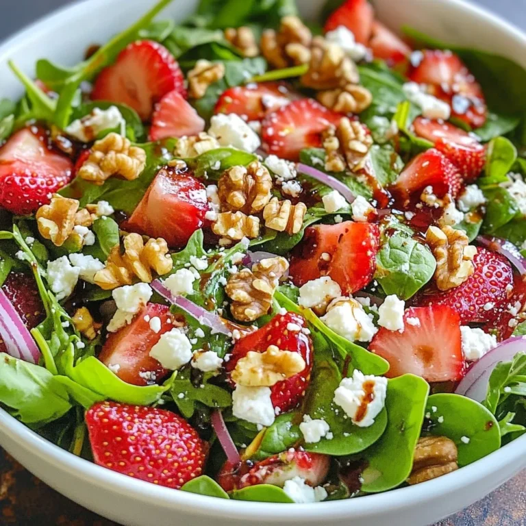 - 4 cups mixed salad greens (baby spinach, arugula, and romaine) - 1 cup fresh strawberries, hulled and sliced - 1/2 cup feta cheese, crumbled - 1/4 cup walnuts, toasted - 1/4 cup red onion, thinly sliced - 1/4 cup balsamic vinaigrette - 1 tablespoon honey - Salt and pepper to taste - Cups are a common unit for measuring volume. - Tablespoons measure smaller amounts, like honey. - Use a scale for precise measurements, especially for cheese and nuts. If you can't find mixed salad greens, try using just spinach or romaine. For a creamy touch, goat cheese can replace feta. If you want healthy fats, pecans work great instead of walnuts. You can swap balsamic vinaigrette with lemon juice for a zesty twist. If you prefer sweetness, maple syrup can replace honey. {{ingredient_image_1}} Start by rinsing the salad greens. Use cold water for a crisp taste. Pat them dry with a paper towel. This helps to remove excess water. Then, place the greens in a large salad bowl. I like to use a mix of baby spinach, arugula, and romaine. Each adds a unique flavor and texture. Next, slice the fresh strawberries. Remove the green tops, then cut them into thin slices. Add these strawberries to the salad bowl. Spread them evenly over the greens. Now, crumble the feta cheese and sprinkle it on top. The creamy cheese pairs well with the juicy strawberries. Toast the walnuts lightly for extra flavor. Chop them into smaller pieces and add them for crunch. Finally, thinly slice the red onion and scatter it across the salad. This adds a nice bite. For the dressing, grab a small bowl. Combine balsamic vinaigrette and honey in the bowl. Whisk them together until they blend well. The honey adds a touch of sweetness to the tangy vinaigrette. Season the dressing with salt and pepper to taste. This step is key for balancing the flavors. Drizzle the dressing over the salad. Gently toss everything together to coat the greens. Taste the salad and adjust the seasoning if needed. If you want more sweetness, add a bit more honey. Enjoy your fresh and flavorful Strawberry Fields Salad! To keep your salad fresh, choose the best greens. Look for vibrant colors and no brown spots. Rinse the greens in cold water to remove dirt. Pat them dry with a paper towel. This step is key to a crisp salad. You can also store greens in a damp paper towel in a sealed bag to maintain freshness. Taste is personal, so adjust the seasoning to your liking. If you prefer a sweeter salad, add more honey to the dressing. For a bit more zing, add a splash of lemon juice or more balsamic vinaigrette. Don’t forget to sprinkle in extra salt and pepper to enhance the flavors. Always taste before serving to ensure it meets your preferences. Make your salad stand out on the table. Serve it in individual bowls or on a large platter for a shareable style. Add extra strawberries and a few walnut halves on top for a pop of color. You can also mix in fresh herbs like mint or basil for a fresh touch. A colorful presentation makes it more inviting and fun to eat! Pro Tips Freshness is Key: Use the freshest strawberries you can find for the best flavor and sweetness in your salad. Toast the Walnuts: Always toast walnuts before adding them to your salad; it enhances their flavor and adds a delightful crunch. Balance the Dressing: Adjust the sweetness of the dressing by adding more honey or balsamic vinaigrette to suit your taste preference. Chill Before Serving: Allowing the salad to chill for a short period can help meld the flavors together, making every bite delicious. {{image_2}} You can make this salad even more fun by adding other fruits. Try fresh blueberries or raspberries for a burst of flavor. Peaches or kiwi also work well. Each fruit brings its own sweetness and tang. Mixing fruits adds color and variety to your salad. Let your taste buds guide you! Feta cheese brings a nice saltiness to the salad. But you can try other cheeses too. Goat cheese adds creaminess and a tangy flavor. For a richer taste, use blue cheese. Shredded mozzarella or even cheddar can work if you want something milder. Choose a cheese that you enjoy for the best result. Walnuts offer a great crunch, but other nuts can shine too. Try pecans for a sweeter taste or almonds for a crunchy bite. If you prefer seeds, sunflower or pumpkin seeds work nicely. These options can change the texture and flavor of your salad. Experiment with what you have on hand! To keep your Strawberry Fields Salad fresh, store leftovers in an airtight container. Make sure to separate the dressing from the salad. This will help keep the greens crisp. If you mix everything, the salad will become soggy. Leftover salad can last in the fridge for about two days. For meal prep, wash and dry the greens ahead of time. Store them in a container lined with paper towels. This will absorb extra moisture and keep them fresh. You can also slice the strawberries and store them separately. Prepare the dressing in advance and keep it in a jar. This way, you can quickly assemble the salad when you're ready to eat. To maintain the freshness of your greens, avoid washing them until you're ready to use them. Store greens in a cool, dark place. A crisper drawer in your fridge works best. Use a salad spinner to remove excess water after washing. This helps to prevent wilting. If you notice any brown or wilted leaves, remove them right away. You can easily make this salad vegan by removing the feta cheese. Instead, use avocado or a vegan cheese substitute for a creamy texture. You can also add chickpeas for extra protein. The balsamic vinaigrette will work well, as it’s naturally vegan. Using frozen strawberries is an option, but fresh strawberries taste better. If you use frozen ones, let them thaw first. Drain any excess liquid before adding them to the salad. This keeps the salad from getting soggy. This salad is packed with nutrients. Here are some benefits: - Mixed greens are low in calories and high in vitamins A and C. - Strawberries are rich in antioxidants and fiber. - Feta cheese adds protein and calcium. - Walnuts are a great source of healthy fats and omega-3s. Overall, this salad is a delicious way to enjoy healthy foods. This blog post covered all the steps to make a fresh salad. We discussed ingredients, including alternatives, and how to measure them. I shared easy instructions for preparing greens and making dressings. I also provided tips for keeping your salad fresh and looking great. You can customize your salad with fruits, nuts, and cheeses. Store leftovers properly for future meals. Remember, salads can be fun and healthy. Now, you can create your perfect salad!