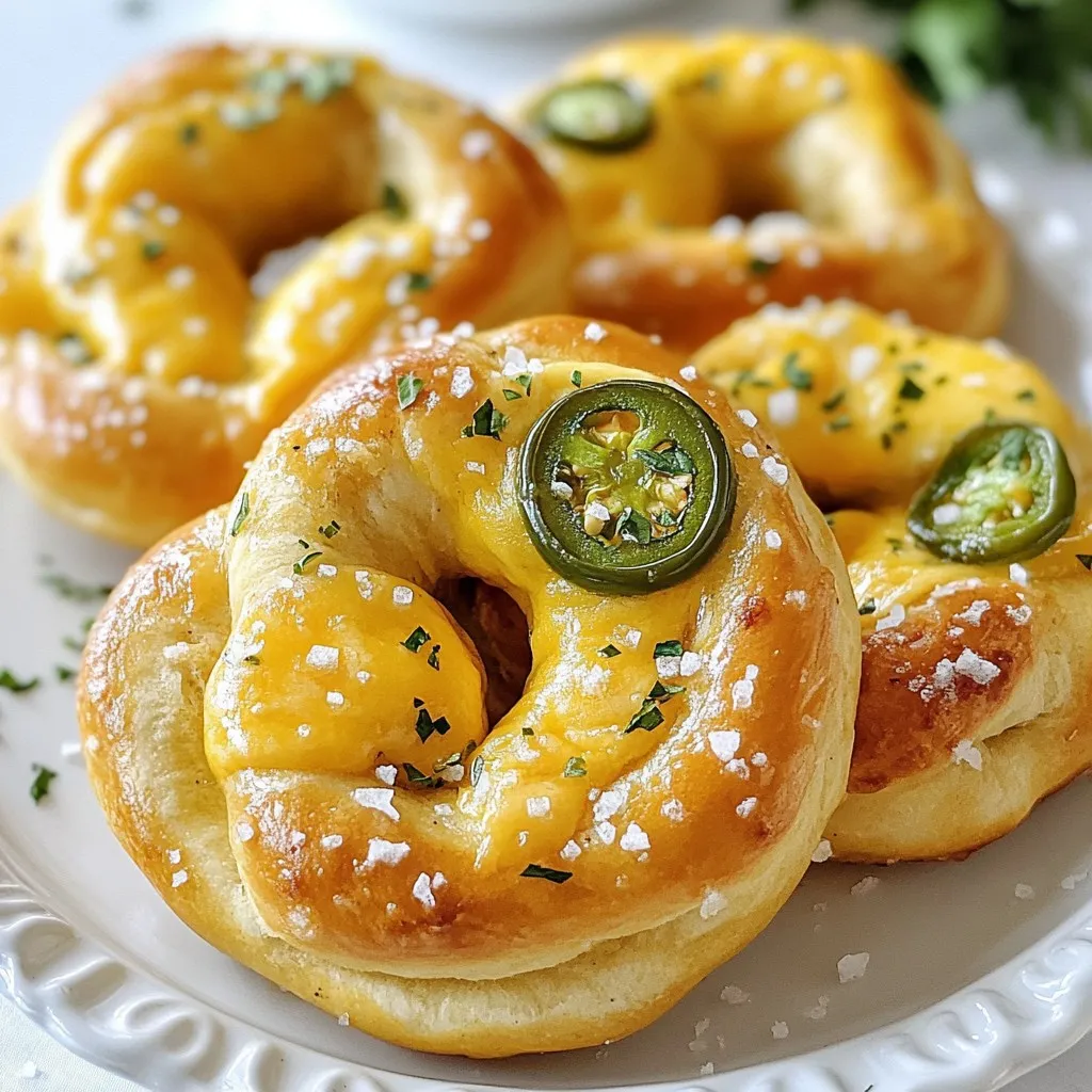 Here are the ingredients you'll need for Jalapeño Cheddar Stuffed Pretzels. Each one adds to the flavor and fun of this tasty snack. - 2 ½ cups all-purpose flour - 1 packet (2 ¼ teaspoons) active dry yeast - 1 tablespoon sugar - 1 teaspoon salt - 1 cup warm water (110°F/43°C) - 1/4 cup butter, melted - 1 cup sharp cheddar cheese, shredded - 2-3 jalapeños, finely chopped (seeds removed for less heat) - 1/2 teaspoon garlic powder - 1/4 teaspoon smoked paprika - 1/4 cup baking soda (for the bath) - Coarse sea salt (for topping) Using fresh ingredients makes a big difference. The sharp cheddar provides a rich flavor. The jalapeños add a nice kick, but you can adjust the heat by removing the seeds. The baking soda bath gives pretzels that golden crust we all love. Enjoy these snacks warm, and don't forget the dips! {{ingredient_image_1}} 1. Start by mixing one packet of active dry yeast with one cup of warm water. The water should be about 110°F (43°C). Add one tablespoon of sugar to the mix. Let it sit for 5 to 10 minutes. This helps the yeast become frothy. 2. While the yeast is working, grab a large bowl. Combine 2 ½ cups of all-purpose flour, one teaspoon of salt, ½ teaspoon of garlic powder, and ¼ teaspoon of smoked paprika. Make a well in the center. Pour in the melted butter and the yeast mixture. 1. Stir the mixture until a dough forms. Now, it’s time to knead! Lightly flour your surface and knead the dough for about 5 to 7 minutes. You want it to be smooth and elastic. 2. Place the dough in a greased bowl. Cover it with a cloth. Let it rise in a warm area for about one hour or until it doubles in size. 3. While the dough rises, prepare the filling. In a bowl, mix one cup of shredded sharp cheddar cheese with 2-3 finely chopped jalapeños. Remove the seeds for less heat. 4. Once the dough has risen, punch it down. Divide it into 10 equal pieces. Roll each piece into a long rope, about 12-14 inches long. 5. Flatten each rope slightly and add a spoonful of your jalapeño cheddar filling in the center. Fold the dough over the filling and pinch the edges tightly to seal. 1. Bring a large pot of water to a boil. Add ¼ cup of baking soda to the water. Carefully drop each stuffed pretzel into the boiling water for about 30 seconds, flipping halfway through. 2. Use a slotted spoon to remove the pretzels and place them on a baking sheet lined with parchment paper. 3. Sprinkle coarse sea salt over each pretzel. Now, preheat your oven to 425°F (220°C). 4. Bake the pretzels for 12 to 15 minutes. Look for a golden-brown color. Once they are done, let them cool slightly before serving. Kneading and resting the dough is key. Knead it for about 5-7 minutes until it feels smooth. This builds gluten, which gives pretzels their chewy bite. After kneading, let it rest in a greased bowl. Cover it with a cloth and place it in a warm spot. You want the dough to double in size, which takes about 1 hour. To check if it has risen, gently press it with your finger. If the dough springs back, it’s ready. You can add extra spices to kick up the taste. Try a pinch of cumin or a dash of cayenne for more heat. If you want a different cheese, swap sharp cheddar for mozzarella or pepper jack. Each cheese brings its own flavor to the pretzel. You can even mix cheeses for a unique twist. These pretzels shine with dips. A creamy cheese dip or spicy mustard pairs perfectly. For a fun touch, serve them with a side of salsa or guacamole. For parties, arrange the pretzels on a platter. Sprinkle fresh herbs on top for a nice look. Serve warm for the best taste! Pro Tips Use Fresh Jalapeños: Fresh jalapeños provide the best flavor and heat. If you prefer a milder taste, be sure to remove the seeds and membranes. Let the Dough Rise Properly: Ensure your dough rises in a warm, draft-free area. This helps develop the gluten, resulting in chewier, more flavorful pretzels. Boiling is Key: Boiling the pretzels in baking soda water helps create that classic pretzel crust. Don’t skip this step for the perfect texture! Experiment with Cheese: While sharp cheddar is delicious, try mixing in different cheeses like pepper jack or mozzarella for a unique flavor twist. {{image_2}} You can spice things up by using different chili peppers. Try serrano or habanero for more heat. Each pepper adds its unique flavor. You can also mix in sriracha or hot sauce into the cheese filling. This adds a nice kick to every bite. Cheese is key in this recipe. You can switch to mozzarella for a milder taste. Pepper jack gives a nice bite and extra flavor. Mixing different cheeses can create a unique taste. For example, combine sharp cheddar with creamy gouda. You don't have to stick to the classic shape. Try twisting the dough into fun shapes or bites. It makes them perfect for parties or gatherings. You can also make themed shapes for holidays, like hearts for Valentine’s Day. Be creative and have fun with it! To keep your pretzels fresh, store them in an airtight container. Place a piece of parchment paper between layers to prevent sticking. Refrigerate them for up to 3 days. To freeze, wrap each pretzel tightly in plastic wrap and then in foil. They can last in the freezer for up to 3 months. When you're ready to eat, thaw in the fridge overnight. Reheat in the oven at 350°F (175°C) for about 10 minutes. This will make them warm and soft again. At room temperature, pretzels last about 2 days. Keep them covered to avoid drying out. Look for signs of spoilage, like an off smell or mold. If they feel hard or dry, they may not taste good anymore. Always trust your senses. If something seems off, it’s best to toss them. Enjoy your Jalapeño Cheddar Stuffed Pretzels while they are fresh! Yes, you can use whole wheat flour. It adds fiber and nutrients. However, it can make the dough denser. You may need to add more water to keep it moist. Start with a little extra warm water as you mix. To make these pretzels vegan, swap out the butter for a plant-based alternative. Use olive oil or coconut oil instead. Replace the cheese with a vegan cheese option. You can also use a flaxseed meal mix for added binding. These pretzels pair well with dips. Try serving them with creamy cheese dip or spicy mustard. Salsa and guacamole also add a nice kick. For a fresh twist, serve with a side of ranch dressing. You can find these pretzels at local bakeries or gourmet shops. Some restaurants offer them as appetizers. Check out food trucks or markets that focus on snacks. Online delivery services may also have them. Yes, you can easily double the recipe. Just use twice the amount of each ingredient. Make sure you have enough space for the dough to rise. Divide the dough into equal pieces for even cooking. You now have all the steps to make tasty Jalapeño Cheddar Stuffed Pretzels. We covered the essential ingredients, how to prepare the dough, shape the pretzels, and tips for baking. Remember to experiment with flavors and shapes to keep it fun. Store your pretzels properly to enjoy them fresh. Whether you share them at a party or enjoy them solo, these pretzels will impress. Get ready to delight your taste buds with this simple recipe!