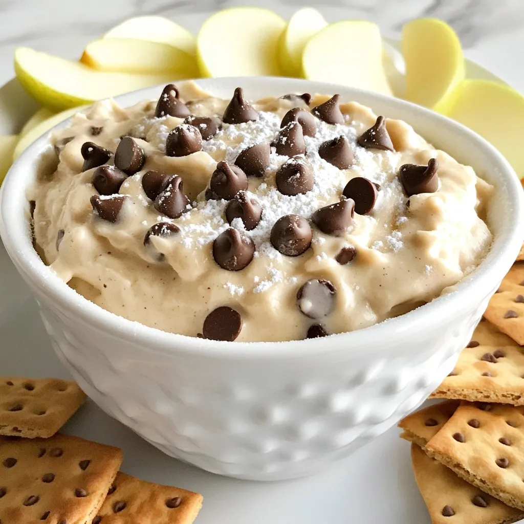 To make the best chocolate chip cookie dough dip, you need fresh ingredients. Here’s what you will need: - 1 cup brown sugar, packed - ½ cup granulated sugar - ½ cup unsalted butter, softened - 1 teaspoon vanilla extract - 1 cup all-purpose flour (heat-treated) - ½ teaspoon salt - 1 cup mini chocolate chips - 1 cup cream cheese, softened - ½ cup powdered sugar These ingredients work together to create a rich and creamy dip. The brown sugar gives it that deep flavor, while the mini chocolate chips add a fun crunch. For this recipe, you might already have some items at home. Here are the key pantry staples: - Granulated sugar - Brown sugar - All-purpose flour - Salt - Vanilla extract These basics help form the backbone of your dip. Make sure your flour is heat-treated for safety. This step is very important to avoid any raw flour concerns. You can serve this dip with various snacks. Here are some ideas to try: - Graham crackers - Apple slices - Pretzels Each option brings a unique flavor and texture to your dip. The sweetness of apples or the crunch of pretzels pairs perfectly with the dip. Enjoy exploring these combinations! {{ingredient_image_1}} First, grab a large mixing bowl. Add the softened butter, brown sugar, and granulated sugar. Use a hand mixer and beat on medium speed until fluffy. This takes about 2-3 minutes. You want it light and airy. Next, add the cream cheese and vanilla extract. Beat again until smooth. This ensures a creamy base. Now, take a separate bowl. Whisk together the heat-treated flour and salt. This step is important for safety. Gradually add this dry mix to the wet ingredients. Mix on low speed. Stop when everything is just combined. Be careful not to over-mix. Gently fold in the mini chocolate chips. Use a spatula to make sure they spread evenly. Transfer your dip to a serving bowl. Smooth the top with your spatula. Cover it and chill in the refrigerator. Let it sit for at least 30 minutes. This makes it firmer and easier to dip. After chilling, it’s ready to serve. Enjoy with graham crackers, apple slices, or pretzels. Each bite is a delicious treat! To get the best texture for your dip, use softened butter and cream cheese. This helps the dip become creamy and smooth. Beat the mixture well, but don’t overmix the dry ingredients. Fold in the chocolate chips gently. Chilling the dip for at least 30 minutes helps it firm up. This way, it becomes easier to scoop. If you need to swap ingredients, there are great options. You can use coconut sugar instead of brown sugar. For a dairy-free version, try vegan cream cheese. If you don’t have mini chocolate chips, regular ones work too. Just chop them into smaller pieces. You can also use almond or oat flour if you want gluten-free options. To make your dip even tastier, add a pinch of cinnamon. This gives a warm flavor that pairs well with chocolate. You can also mix in a bit of peanut butter for a nutty twist. For a fun look, top the dip with more chocolate chips or colorful sprinkles. Serve it in a pretty bowl and arrange graham crackers, apple slices, or pretzels around it. This makes for a great presentation that will impress your guests! Pro Tips Use Heat-Treated Flour: Always use heat-treated flour to ensure it's safe to eat raw in this dip. Softened Ingredients: Make sure your butter and cream cheese are softened for a smooth, creamy texture. Chill for Best Results: Allow the dip to chill in the refrigerator for at least 30 minutes for a firmer texture and enhanced flavors. Customize Your Dippers: Feel free to get creative with your dippers; try cookies, fruit, or pretzels for a fun twist! {{image_2}} You can make this dip gluten-free with easy swaps. Use gluten-free all-purpose flour instead of regular flour. Make sure it is heat-treated to ensure safety. This way, anyone can enjoy the dip without worry. Many brands offer gluten-free options that taste great. Always check the label to ensure it fits your needs. You can add fun flavors to this dip. Nutella gives a rich chocolatey twist, while peanut butter adds a nutty taste. Just mix in a half cup of either flavor when you add the cream cheese. You can also try almond extract for a unique spin. Each option makes the dip even more delicious and exciting. Seasonal add-ins can take this dip to the next level. Try mixing in some sprinkles for a festive touch. During the fall, add a pinch of cinnamon or nutmeg for warmth. In the summer, you can fold in fresh fruit like diced strawberries or blueberries. These small changes keep the dip fresh and fun for any occasion. To keep your chocolate chip cookie dough dip fresh, store it in an airtight container. This helps prevent it from drying out or absorbing strong smells from the fridge. Make sure to chill it for at least 30 minutes before serving. The dip will stay good in the fridge for up to five days. If you want to store the dip for a longer time, you can freeze it. Use a freezer-safe container and leave some space at the top. The dip may expand when it freezes. It can last for about three months in the freezer. Just remember to label it with the date. When it’s time to enjoy your chocolate chip cookie dough dip, take it out of the freezer. Place it in the fridge for a few hours to thaw. This slow thawing keeps the texture nice. Once it's soft, stir it gently, and serve it cold. You can add fresh mini chocolate chips on top for extra yum! Raw flour can pose a risk for illness. Flour may have bacteria like E. coli. To make it safe, heat-treat the flour. You can do this by spreading it on a baking sheet. Bake it at 350°F for about 5 minutes. This step kills harmful germs and keeps your dip safe to eat. Yes, you can make this dip ahead of time. It actually tastes better after chilling. Prepare it and store it in the fridge for up to three days. Just cover it tightly so it stays fresh. When you're ready to serve, take it out and enjoy! If you're out of cream cheese, don't worry! You can use Greek yogurt or mascarpone cheese. Both give a nice, creamy texture. You can also try using cottage cheese for a lighter option. Just blend it well to ensure a smooth dip. You can make a tasty chocolate chip cookie dough dip with key ingredients. Knowing how to mix and serve it right is crucial. Remember to try different flavors and storage tips to keep it fresh. You have options, like gluten-free choices or adding fun seasonal treats. Enjoying your dip is all about confidence in your skills. Now, go ahead and impress your friends with this simple, delicious recipe!