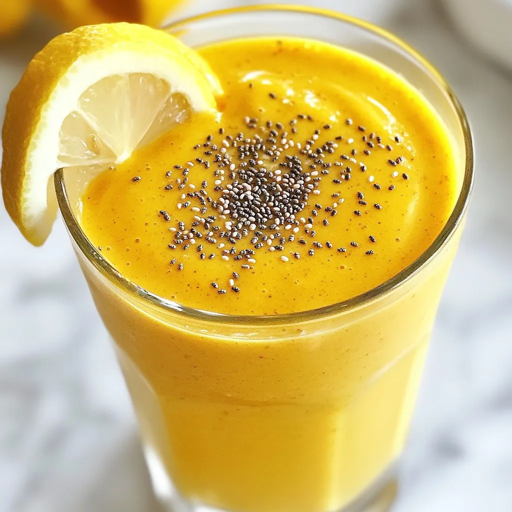 - 1 banana, frozen - 1 cup coconut milk (or almond milk) - 1 teaspoon fresh ginger, grated - 1 teaspoon turmeric powder (or 1-inch piece fresh turmeric, grated) - 1 tablespoon honey or maple syrup (adjust to taste) - 1/2 teaspoon cinnamon - Juice of 1/2 lemon - 1 tablespoon chia seeds (optional) - A pinch of black pepper (to enhance turmeric absorption) - Ice cubes (optional, for a colder smoothie) 1. Banana: Bananas give the smoothie creaminess. They add potassium and fiber, which help your heart and digestion. 2. Coconut Milk: This milk is rich in healthy fats. It can boost energy and support brain health. Almond milk is a low-calorie choice, too. 3. Fresh Ginger: Ginger helps fight sickness. It can soothe your stomach and reduce inflammation. 4. Turmeric: Turmeric has curcumin, known for its strong anti-inflammatory properties. It boosts your immune system and may improve mood. 5. Honey or Maple Syrup: These natural sweeteners add flavor. Honey has antioxidants, while maple syrup offers minerals like zinc. 6. Cinnamon: This spice can help regulate blood sugar levels. It also adds a warm, sweet taste. 7. Lemon Juice: Lemon juice provides vitamin C. It helps your body absorb iron and supports your immune system. 8. Chia Seeds: These tiny seeds are full of fiber and omega-3 fatty acids. They offer extra nutrients and help keep you full. 9. Black Pepper: This spice enhances turmeric's absorption. It helps you get the most from the turmeric in your smoothie. 10. Ice Cubes: Adding ice can make your drink colder and more refreshing. It's perfect for hot days. - Bananas: Look for bananas with a few brown spots. These are sweet and ready for smoothies. - Ginger: Choose firm ginger with smooth skin. It should have a strong, spicy aroma. - Turmeric: If using fresh, pick bright orange roots. They should feel solid and fresh. - Coconut Milk: Select brands without added sugars. Shake the can to ensure it’s well mixed. - Lemons: Pick lemons that feel heavy for their size. They should have a bright, shiny skin. - Spices: Check the expiration date on your spices. Fresh spices taste better! - Chia Seeds: Look for seeds that are whole and not clumped together. They should smell nutty, not stale. {{ingredient_image_1}} To make your Turmeric Ginger Immunity Smoothie, start by gathering all your ingredients. You need a frozen banana, coconut milk, fresh ginger, turmeric powder, honey, cinnamon, lemon juice, chia seeds, black pepper, and ice cubes if desired. 1. Add the frozen banana to your blender. This gives the smoothie a creamy texture. 2. Pour in 1 cup of coconut milk. If you prefer almond milk, that works too. 3. Grate 1 teaspoon of fresh ginger and add it to the mix. This will give your smoothie a nice kick. 4. Add 1 teaspoon of turmeric powder. If you have fresh turmeric, use a 1-inch piece, grated. 5. Sweeten it up with 1 tablespoon of honey or maple syrup. Adjust this to your taste. 6. Sprinkle in 1/2 teaspoon of cinnamon for warmth and flavor. 7. Squeeze the juice of half a lemon into the blender. This adds brightness. 8. If you want, add 1 tablespoon of chia seeds for extra health benefits. 9. Finish with a pinch of black pepper. This helps your body absorb turmeric better. Once you have all your ingredients in the blender, it's time to blend. - Start on low speed to mix everything together. - Gradually increase to high speed. Blend until the mixture is smooth and creamy. - If you want a colder smoothie, add a few ice cubes before blending. This will chill it nicely. After blending, taste your smoothie. - If it's too thick for your liking, add a splash more coconut or almond milk. Blend again until smooth. - If you want it sweeter, add more honey or maple syrup. Blend once more to mix it in. Enjoy your refreshing and healthy Turmeric Ginger Immunity Smoothie! When you make smoothies, start with frozen fruits. They give a nice, thick texture. Use ripe bananas for sweetness. They blend well and add creaminess. Always add liquids first. This helps the blender mix everything smoothly. To boost flavor, use fresh ginger and turmeric. They add warmth and spice. A pinch of black pepper helps your body absorb turmeric. Add honey or maple syrup for sweetness. You can also squeeze in fresh lemon juice for a zesty kick. If you want, add chia seeds for extra fiber and omega-3s. A good blender is key for smooth smoothies. Look for one with a strong motor. It should crush ice and blend tough ingredients easily. You might find a personal blender handy. It’s perfect for quick blends and easy to clean. Also, keep a measuring cup and spoons close. They help you get the right amounts of each ingredient. Pro Tips Use Fresh Ingredients: Opt for fresh ginger and turmeric when possible to maximize flavor and health benefits. Chill Your Ingredients: For an extra refreshing smoothie, refrigerate your coconut milk and use frozen banana slices. Adjust Sweetness: Taste your smoothie before serving and adjust the sweetness to your preference with honey or maple syrup. Enhance Nutrient Absorption: Always add a pinch of black pepper to your turmeric smoothie to improve curcumin absorption. {{image_2}} You can use either coconut milk or almond milk in this smoothie. Coconut milk adds a rich, creamy texture and a hint of sweetness. It also has healthy fats that can help with nutrient absorption. On the other hand, almond milk is lighter and has fewer calories. It also has a nice nutty flavor. Try both to see which one you like better! If you want to keep it vegan, you can swap honey for maple syrup or agave nectar. Both options add sweetness without using animal products. Maple syrup gives a warm, earthy taste, while agave nectar is more neutral. Adjust the amount based on your taste. Start with a small amount and add more if you like it sweeter. You can boost this smoothie’s nutrition by adding superfoods. Here are some great options: - Spinach: Adds iron and vitamins without changing the taste. - Kale: Offers fiber and more vitamins. - Maca powder: Known for energy and hormone balance. - Spirulina: A powerful algae that is full of protein. Add one or more of these superfoods for a nutrient-packed drink. Just remember to blend well to ensure a smooth texture! If you have leftover smoothie, pour it into an airtight container. This keeps it fresh. You can store it in the fridge for up to 24 hours. Before drinking, give it a good shake. Sometimes, smoothies separate a bit while sitting. Freezing smoothie ingredients is easy and smart. Chop your fruits and veggies, then place them in freezer bags. You can freeze bananas, ginger, or turmeric. Just remember to peel and chop them first. This way, you can blend a quick smoothie anytime. To keep your smoothie fresh, avoid adding ice if you plan to store it. Ice can melt and dilute the flavor. Instead, chill the smoothie in the fridge. If you freeze it, drink it within three months for the best taste. Always label your containers with the date. Turmeric and ginger are both powerful roots. They can help boost your immune system. - Turmeric contains curcumin, which fights inflammation. This helps with joint pain and swelling. - Ginger is great for digestion. It can calm your stomach and reduce nausea. Together, they can enhance your overall well-being. They may also help in fighting colds and infections. Yes, you can. Bananas add creaminess and sweetness. If you skip them, try these options: - Avocado: This will keep it creamy. - Mango: Adds sweetness and a fruity taste. - Silken tofu: Gives a smooth texture and adds protein. Just remember to adjust sweeteners as needed. This smoothie is easy to make dairy-free. Use these tips: - Replace regular milk with coconut or almond milk. - Avoid dairy-based yogurt; choose plant-based yogurt instead. These swaps keep the smoothie creamy and delicious without dairy. In this blog post, we explored the turmeric ginger immunity smoothie. We discussed each ingredient's health benefits and tips for selecting fresh ones. I shared step-by-step instructions for preparation and blending, plus how to adjust consistency. We also covered best practices for smoothies, flavor enhancements, and recommended tools. Lastly, I provided storage tips and variations to suit your taste. This smoothie is both tasty and packed with health benefits. Give it a try to boost your immunity!