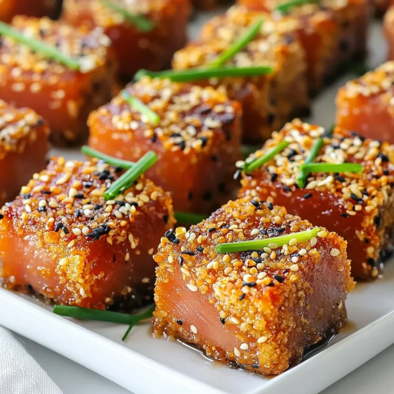 - 1 lb Ahi tuna, sashimi-grade, cut into 1-inch cubes - 1/4 cup sesame seeds (white and black mixed) - 2 tablespoons soy sauce - 1 teaspoon sesame oil - 1 tablespoon grated ginger - 1 tablespoon minced garlic - 1 teaspoon wasabi paste (optional) - 1 tablespoon green onions, finely sliced (for garnish) - 2 tablespoons vegetable oil (for searing) The main part of this dish is Ahi tuna. You want it to be fresh and of the best quality. Sashimi-grade tuna is perfect for this dish. It gives you the best taste and texture. Next, you need sesame seeds. Mixing white and black seeds makes your dish look great and adds a nice crunch. The marinade is simple but packs a punch. You mix soy sauce, sesame oil, ginger, and garlic. Ginger gives a warm spice, while garlic adds depth. If you like heat, add wasabi paste. It gives a nice kick, but you can skip it if you want. For cooking, vegetable oil is key. It has a high smoke point, which is great for searing. You want that golden crust on the tuna. The green onions are for garnish. They add color and a fresh taste that brightens the dish. This blend of ingredients makes the sesame crusted Ahi tuna bites flavorful and easy to make. Each bite is a burst of taste, from the savory tuna to the crunchy seeds. {{ingredient_image_1}} To start, grab a mixing bowl. Combine 2 tablespoons of soy sauce, 1 teaspoon of sesame oil, 1 tablespoon of grated ginger, and 1 tablespoon of minced garlic. If you like a kick, add 1 teaspoon of wasabi paste. Stir until all the ingredients blend well. Next, take your 1 lb of Ahi tuna, cut into 1-inch cubes. Add the tuna cubes to the marinade. Make sure each piece is well-coated. Let the tuna sit in the marinade for at least 15 minutes. This step helps the flavors soak in. Now, prepare your sesame seeds. Mix white and black seeds on a plate to create a nice look. After marinating, take the tuna cubes out of the bowl. Roll each cube in the sesame seeds. Ensure the sides are nicely coated with the seeds. It's time to cook! Heat 2 tablespoons of vegetable oil in a skillet over medium-high heat. Wait until the oil shimmers. Place the sesame-coated tuna cubes in the hot skillet. Sear each side for about 30 to 45 seconds. This gives them a nice crust while keeping the center rare. Once golden brown, remove the cubes from the heat. Finally, arrange the seared tuna bites on a serving platter. This makes it look beautiful. To add a pop of color, garnish with finely sliced green onions. Now, your sesame crusted Ahi tuna bites are ready to impress! Choosing sashimi-grade Ahi tuna is key. This grade means the fish is fresh and safe to eat raw. Look for bright color and a clean smell. Fresh tuna should feel firm and moist to the touch. Ask your fishmonger for sashimi-grade options. If it's not available, look for tuna labeled as sushi-grade. This ensures you get the best quality for your dish. You can change the marinade to fit your taste. Try adding lime juice or honey for sweetness. A splash of rice vinegar can add brightness. You can also use garlic powder instead of fresh garlic. Always taste the marinade before adding it to the tuna. Adjust flavors to make it just right for you. Remember, this dish should reflect your style. Searing the tuna is all about timing and heat. Heat your skillet on medium-high until it shimmers. This means it's hot enough for a good sear. Sear each side for only 30 to 45 seconds. You want a nice crust but a rare center. To check doneness, gently press the tuna. It should feel soft and springy. If it’s too firm, you may have overcooked it. Pro Tips Choose Quality Tuna: Always opt for sashimi-grade Ahi tuna to ensure the best flavor and texture. Freshness is key for this dish! Marination Time: While 15 minutes is sufficient, letting the tuna marinate longer (up to 30 minutes) enhances the flavor even more. Perfect Searing: Ensure your skillet is hot enough before adding the tuna to achieve a nice crust while keeping the inside rare. Garnish Wisely: Using finely sliced green onions not only adds color but also a fresh flavor that complements the rich tuna. {{image_2}} You can switch up the crust for your tuna bites. Instead of sesame seeds, try using panko breadcrumbs. Panko gives a nice crunch. You could also use crushed nuts like almonds or cashews for a different flavor. These options add texture and taste. You can also create flavorful crusts by using spices. Try mixing paprika, garlic powder, or even chili powder with your crust. This will add a nice kick and make your bites unique. Dipping sauces can elevate your dish. I love pairing these tuna bites with ponzu sauce. Soy sauce also works well, especially with a dash of lime. You can serve them on a platter with small bowls of these sauces. For side dishes, consider a fresh salad. A light cucumber salad or a citrus salad pairs well. Steamed veggies or rice can also complement the flavors nicely. These sides add color and nutrition. If you want a healthier cooking method, consider air-frying. This method gives you a crispy outside without all the oil. It’s an easy switch to make your meal lighter. You can also use low-sodium soy sauce. This option will cut down on salt while keeping flavor. It’s a great way to make this dish even healthier without losing taste. To keep your sesame crusted Ahi tuna bites fresh, refrigerate them right away. Use an airtight container to prevent air from spoiling their taste. They will last about 2 days in the fridge. If you see any change in color or smell, it’s best to throw them away. If you want to save leftovers for longer, freezing is a great option. Place the tuna bites in a single layer on a baking sheet. Freeze them for about an hour until firm. Then, transfer them to a freezer-safe bag. They can stay fresh for up to 2 months. When you’re ready to eat, thaw them in the fridge overnight. This method helps keep their flavor and texture. For safe reheating, use the stovetop or microwave. If using a pan, add a small amount of oil over low heat. Heat each side for about 1-2 minutes, just until warm. If you choose the microwave, use short bursts of 30 seconds to avoid overcooking. This way, you keep that nice crust and tender inside. Enjoy your tasty bites! Yes, you can use frozen Ahi tuna. Just make sure to thaw it properly. Place it in the fridge overnight. This keeps it safe and helps maintain its quality. After thawing, check for any ice crystals. If there are none, the tuna is ready to use. Freshness is key for the best taste. If you don’t have sesame seeds, try using crushed nuts or panko breadcrumbs. You can also use sunflower seeds for a nut-free option. These alternatives can add a nice crunch and flavor. Be creative and experiment with what you have on hand. You can marinate the tuna for 15 to 30 minutes. This allows the flavors to soak in without changing the texture. Marinating too long can make the tuna mushy. So, keep an eye on the time to ensure the best taste and texture. Yes, it is safe to eat seared tuna rare. Ahi tuna is often served raw or lightly cooked. However, ensure you use sashimi-grade fish. This type of fish is handled safely for raw consumption. Always check for freshness to enjoy your dish safely. This article covers a delicious recipe for seared Ahi tuna. We explored main ingredients, marinade, and garnishes. You learned about cooking methods, tips for freshness, and variations for flavor. Remember, using sashimi-grade tuna ensures quality. Adjust the marinade to fit your taste. Also, consider healthy cooking options like air-frying. Don't forget about storage and reheating tips too. Enjoy this dish with friends and family for a delightful dining experience. Happy cooking!