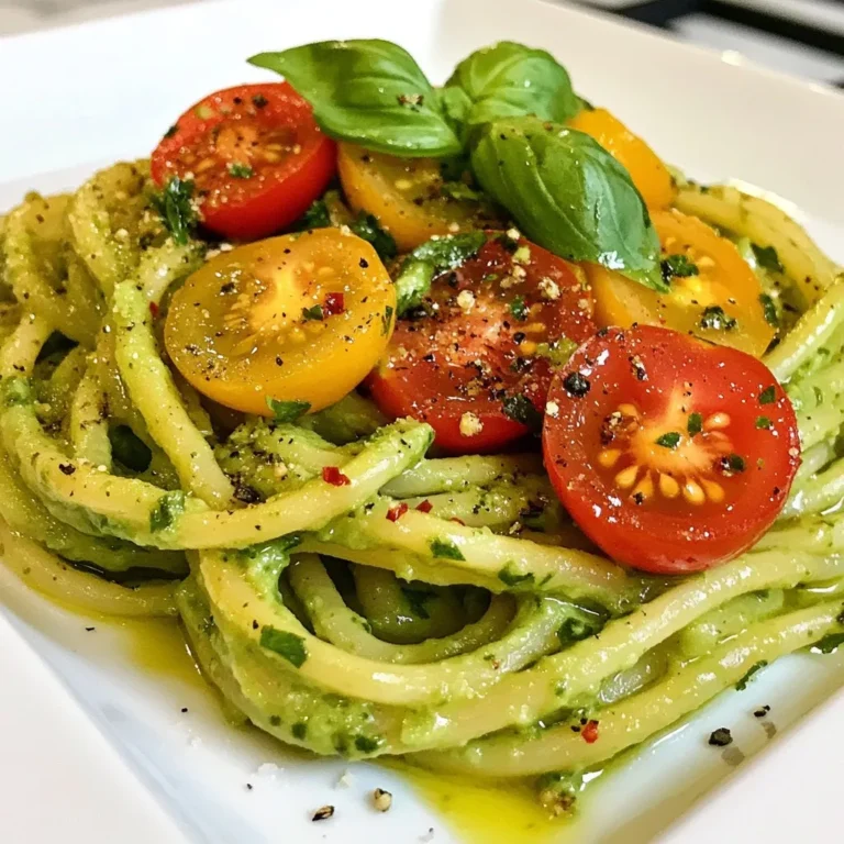 To create a creamy avocado pasta that sings with flavor, you need these ingredients: - 2 ripe avocados, halved and pitted - 2 cloves garlic, minced - 1/4 cup fresh basil leaves - 1/4 cup lemon juice - 1/3 cup olive oil - 12 oz spaghetti or your favorite pasta - Salt and pepper to taste - 1/4 cup grated parmesan cheese (optional for a non-vegan version) - Cherry tomatoes, halved (for garnish) - Crushed red pepper flakes (optional, for added heat) Each component plays a key role. The avocados provide creaminess, while garlic adds depth. Fresh basil gives it a fragrant touch. Lemon juice brightens the dish and keeps the avocados from browning. Olive oil helps blend everything smoothly. You can use any pasta you like, but I find spaghetti works best. Seasoning with salt and pepper enhances the flavor. If you want a cheesy finish, sprinkle on parmesan. Cherry tomatoes add color and a fresh burst. Crushed red pepper flakes can give it a spicy kick if you like heat. Gather these ingredients, and you're ready to make a delightful meal! {{ingredient_image_1}} 1. Boiling salted water: Start by filling a large pot with water. Add a generous amount of salt. Bring the water to a boil on high heat. 2. Cooking spaghetti al dente: Once the water boils, add your spaghetti. Cook according to the package instructions, usually around 8-10 minutes. You want it to be firm yet tender. 3. Reserving pasta water: Before draining the pasta, save about one cup of the starchy water. This water will help make the sauce creamy later. Drain the pasta and set it aside. 1. Combining ingredients in a food processor: Take two ripe avocados, two cloves of minced garlic, a quarter cup of fresh basil leaves, a quarter cup of lemon juice, and a third cup of olive oil. Place these in a food processor. 2. Achieving smooth and creamy texture: Pulse the mixture until it is smooth and creamy. If it looks chunky, keep blending until you reach the right texture. 3. Adjusting consistency with pasta water: If your sauce is too thick, slowly add some reserved pasta water. Blend again until you get the perfect creamy consistency. 1. Mixing pasta with avocado sauce: In a large mixing bowl, combine the hot pasta with the creamy avocado sauce. Toss gently until all the pasta is well coated. 2. Seasoning to taste: Taste your dish and add salt and pepper as needed. This step is key for great flavor. 3. Adding parmesan cheese (if desired): If you like cheese, sprinkle a quarter cup of grated parmesan over the pasta. Toss gently to mix it in. Now, you're ready to enjoy your creamy avocado pasta! To get a smooth and creamy sauce, start with ripe avocados. Ripe avocados blend easily. If they are not ripe, the sauce may turn out chunky. When mixing the sauce, use some reserved pasta water. This water helps adjust the thickness. Add it slowly until you reach your desired creaminess. You can boost the flavor with herbs and spices. Fresh basil gives a nice taste, but you can also try parsley or cilantro. For a spicy kick, add crushed red pepper flakes. If you're out of an ingredient, swap in similar ones. For instance, lime juice can replace lemon juice. Pair your avocado pasta with simple sides. A fresh salad or garlic bread works well. For presentation, use halved cherry tomatoes on top. They add color and freshness. A sprinkle of parmesan cheese makes it look fancy, too. Remember to serve it right away for the best taste! Pro Tips Choose Ripe Avocados: Make sure your avocados are perfectly ripe for the creamiest sauce. They should yield slightly to pressure when gently squeezed. Customize the Pasta: Feel free to swap out spaghetti for your favorite pasta shape, such as penne or fusilli, for a fun twist. Fresh Ingredients Matter: Using fresh basil and high-quality olive oil will elevate the flavor of your avocado sauce significantly. Serving Suggestions: For added texture, consider topping your pasta with toasted pine nuts or walnuts for a delightful crunch. {{image_2}} You can easily make this dish vegan by skipping the parmesan cheese. The creamy avocado sauce stands alone without it. For extra flavor, try adding nutritional yeast. This will give a cheesy taste without dairy. You can also top your pasta with toasted pine nuts or sunflower seeds for a nice crunch. If you need gluten-free options, there are many pastas to try. Look for pasta made from rice, quinoa, or lentils. These types work well with the creamy sauce. When making the sauce, check the labels of your ingredients. Some brands may add gluten. Always read the labels to be safe. Feel free to add more veggies to your dish. Spinach, peas, or roasted red peppers can bring color and flavor. For protein, consider adding chickpeas or grilled chicken. You can toss these in with the pasta for a heartier meal. Mixing in these extras makes the dish even more satisfying. To keep your creamy avocado pasta fresh, follow these steps. First, let the pasta cool down to room temperature. Then, place it in an airtight container. This method helps prevent air from getting in. You can store it in the fridge for up to three days. If you want to save space, use small containers for individual portions. When it’s time to eat your leftovers, don’t worry about losing creaminess. Reheat the pasta gently on the stove over low heat. Add a splash of olive oil or a bit of reserved pasta water. This will help bring back the creamy texture. You can also serve it cold as a pasta salad. Just add some extra cherry tomatoes and a drizzle of olive oil for a fresh touch. If you want to freeze your creamy avocado pasta, here’s how. First, let it cool completely. Then, place it in a freezer-safe container. Remove as much air as possible to avoid freezer burn. You can freeze it for up to a month. When you’re ready to eat it, thaw it in the fridge overnight. To reheat, use the stove or microwave, adding a splash of water or oil to restore creaminess. Creamy avocado pasta keeps well in the fridge for about 2 days. Store it in an airtight container. After that, the avocado may brown and the dish can lose its fresh taste. Always check before eating. Yes, you can make this dish ahead of time. Cook the pasta and make the avocado sauce separately. Store each in the fridge. When ready to eat, combine them and warm gently. This keeps the pasta fresh and prevents the sauce from browning. If you can’t use avocado, try using blended cooked peas or cashews. Both give a creamy texture. Keep in mind that the flavor will change. You can also use Greek yogurt for a tangy twist. This blog post shared a simple recipe for creamy avocado pasta. We listed key ingredients and provided step-by-step instructions to make it. Tips on achieving smooth textures and flavor improvements were included. You learned about variations, storage, and reheating methods. This dish is easy, tasty, and versatile. You can adapt it to fit your lifestyle or dietary needs. Now, you can create a delicious meal that impresses everyone. Enjoy making this flavorful pasta!