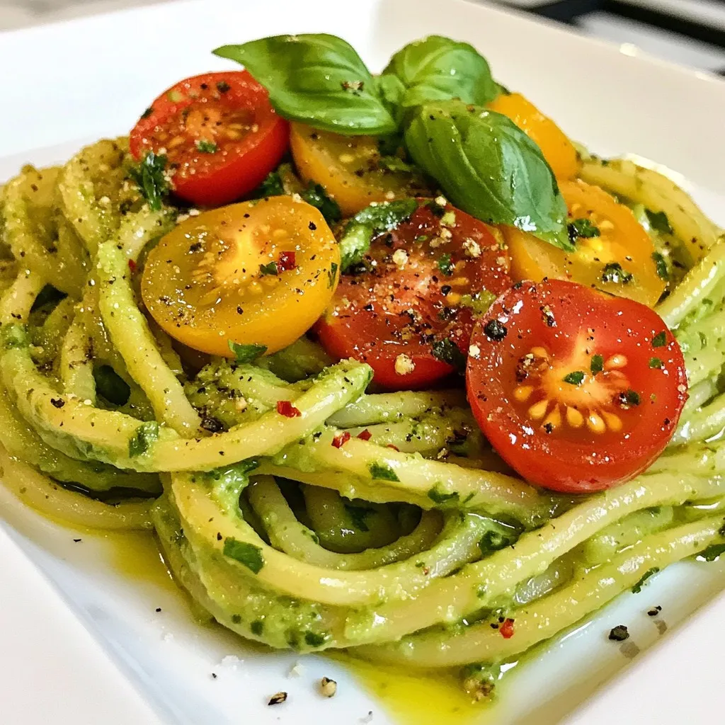 To create a creamy avocado pasta that sings with flavor, you need these ingredients: - 2 ripe avocados, halved and pitted - 2 cloves garlic, minced - 1/4 cup fresh basil leaves - 1/4 cup lemon juice - 1/3 cup olive oil - 12 oz spaghetti or your favorite pasta - Salt and pepper to taste - 1/4 cup grated parmesan cheese (optional for a non-vegan version) - Cherry tomatoes, halved (for garnish) - Crushed red pepper flakes (optional, for added heat) Each component plays a key role. The avocados provide creaminess, while garlic adds depth. Fresh basil gives it a fragrant touch. Lemon juice brightens the dish and keeps the avocados from browning. Olive oil helps blend everything smoothly. You can use any pasta you like, but I find spaghetti works best. Seasoning with salt and pepper enhances the flavor. If you want a cheesy finish, sprinkle on parmesan. Cherry tomatoes add color and a fresh burst. Crushed red pepper flakes can give it a spicy kick if you like heat. Gather these ingredients, and you're ready to make a delightful meal! {{ingredient_image_1}} 1. Boiling salted water: Start by filling a large pot with water. Add a generous amount of salt. Bring the water to a boil on high heat. 2. Cooking spaghetti al dente: Once the water boils, add your spaghetti. Cook according to the package instructions, usually around 8-10 minutes. You want it to be firm yet tender. 3. Reserving pasta water: Before draining the pasta, save about one cup of the starchy water. This water will help make the sauce creamy later. Drain the pasta and set it aside. 1. Combining ingredients in a food processor: Take two ripe avocados, two cloves of minced garlic, a quarter cup of fresh basil leaves, a quarter cup of lemon juice, and a third cup of olive oil. Place these in a food processor. 2. Achieving smooth and creamy texture: Pulse the mixture until it is smooth and creamy. If it looks chunky, keep blending until you reach the right texture. 3. Adjusting consistency with pasta water: If your sauce is too thick, slowly add some reserved pasta water. Blend again until you get the perfect creamy consistency. 1. Mixing pasta with avocado sauce: In a large mixing bowl, combine the hot pasta with the creamy avocado sauce. Toss gently until all the pasta is well coated. 2. Seasoning to taste: Taste your dish and add salt and pepper as needed. This step is key for great flavor. 3. Adding parmesan cheese (if desired): If you like cheese, sprinkle a quarter cup of grated parmesan over the pasta. Toss gently to mix it in. Now, you're ready to enjoy your creamy avocado pasta! To get a smooth and creamy sauce, start with ripe avocados. Ripe avocados blend easily. If they are not ripe, the sauce may turn out chunky. When mixing the sauce, use some reserved pasta water. This water helps adjust the thickness. Add it slowly until you reach your desired creaminess. You can boost the flavor with herbs and spices. Fresh basil gives a nice taste, but you can also try parsley or cilantro. For a spicy kick, add crushed red pepper flakes. If you're out of an ingredient, swap in similar ones. For instance, lime juice can replace lemon juice. Pair your avocado pasta with simple sides. A fresh salad or garlic bread works well. For presentation, use halved cherry tomatoes on top. They add color and freshness. A sprinkle of parmesan cheese makes it look fancy, too. Remember to serve it right away for the best taste! Pro Tips Choose Ripe Avocados: Make sure your avocados are perfectly ripe for the creamiest sauce. They should yield slightly to pressure when gently squeezed. Customize the Pasta: Feel free to swap out spaghetti for your favorite pasta shape, such as penne or fusilli, for a fun twist. Fresh Ingredients Matter: Using fresh basil and high-quality olive oil will elevate the flavor of your avocado sauce significantly. Serving Suggestions: For added texture, consider topping your pasta with toasted pine nuts or walnuts for a delightful crunch. {{image_2}} You can easily make this dish vegan by skipping the parmesan cheese. The creamy avocado sauce stands alone without it. For extra flavor, try adding nutritional yeast. This will give a cheesy taste without dairy. You can also top your pasta with toasted pine nuts or sunflower seeds for a nice crunch. If you need gluten-free options, there are many pastas to try. Look for pasta made from rice, quinoa, or lentils. These types work well with the creamy sauce. When making the sauce, check the labels of your ingredients. Some brands may add gluten. Always read the labels to be safe. Feel free to add more veggies to your dish. Spinach, peas, or roasted red peppers can bring color and flavor. For protein, consider adding chickpeas or grilled chicken. You can toss these in with the pasta for a heartier meal. Mixing in these extras makes the dish even more satisfying. To keep your creamy avocado pasta fresh, follow these steps. First, let the pasta cool down to room temperature. Then, place it in an airtight container. This method helps prevent air from getting in. You can store it in the fridge for up to three days. If you want to save space, use small containers for individual portions. When it’s time to eat your leftovers, don’t worry about losing creaminess. Reheat the pasta gently on the stove over low heat. Add a splash of olive oil or a bit of reserved pasta water. This will help bring back the creamy texture. You can also serve it cold as a pasta salad. Just add some extra cherry tomatoes and a drizzle of olive oil for a fresh touch. If you want to freeze your creamy avocado pasta, here’s how. First, let it cool completely. Then, place it in a freezer-safe container. Remove as much air as possible to avoid freezer burn. You can freeze it for up to a month. When you’re ready to eat it, thaw it in the fridge overnight. To reheat, use the stove or microwave, adding a splash of water or oil to restore creaminess. Creamy avocado pasta keeps well in the fridge for about 2 days. Store it in an airtight container. After that, the avocado may brown and the dish can lose its fresh taste. Always check before eating. Yes, you can make this dish ahead of time. Cook the pasta and make the avocado sauce separately. Store each in the fridge. When ready to eat, combine them and warm gently. This keeps the pasta fresh and prevents the sauce from browning. If you can’t use avocado, try using blended cooked peas or cashews. Both give a creamy texture. Keep in mind that the flavor will change. You can also use Greek yogurt for a tangy twist. This blog post shared a simple recipe for creamy avocado pasta. We listed key ingredients and provided step-by-step instructions to make it. Tips on achieving smooth textures and flavor improvements were included. You learned about variations, storage, and reheating methods. This dish is easy, tasty, and versatile. You can adapt it to fit your lifestyle or dietary needs. Now, you can create a delicious meal that impresses everyone. Enjoy making this flavorful pasta!