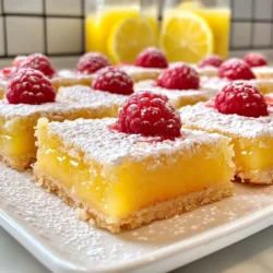 To make Raspberry Lemonade Bars, gather these simple ingredients: - 1 cup all-purpose flour - 1/2 cup powdered sugar - 1/4 teaspoon salt - 1/2 cup cold unsalted butter, cubed - 2 large eggs - 1 cup granulated sugar - 1/3 cup fresh lemon juice (about 2-3 lemons) - Zest of 1 lemon - 1 cup fresh raspberries (or frozen, thawed) - 1/2 teaspoon baking powder - 1/4 teaspoon baking soda - Additional powdered sugar for dusting Sometimes you may need to swap ingredients. Here are some ideas: - For gluten-free bars, use a gluten-free flour blend instead of all-purpose flour. - You can use coconut sugar instead of granulated sugar for a different taste. - If you don’t have fresh lemons, bottled lemon juice works in a pinch. - Replace fresh raspberries with blueberries or strawberries for a twist on flavor. Choosing fresh ingredients makes a big difference. Here are my tips: - When buying lemons, look for ones that feel heavy and firm. - Check raspberries for deep color and no mushy spots. They should smell sweet. - Always choose unsalted butter for better control over salt in the recipe. - For flour, buy from a store with high turnover to ensure freshness. Using fresh ingredients ensures your Raspberry Lemonade Bars are bright, tangy, and delicious! {{ingredient_image_1}} First, set your oven to 350°F (175°C). Grab an 8x8-inch baking pan. Grease it lightly and line it with parchment paper. This makes it easy to lift the bars out later. In a medium bowl, mix together 1 cup of all-purpose flour, 1/2 cup of powdered sugar, and 1/4 teaspoon of salt. Next, add 1/2 cup of cold, cubed unsalted butter. Use your fingers or a pastry cutter to mix it until it looks like coarse sand. Once mixed, press this crust mixture firmly into the bottom of your pan. Make sure it’s even. Bake this crust for about 15-18 minutes, or until it gets a light golden color. While the crust bakes, it’s time for the filling. In a separate bowl, whisk together 2 large eggs, 1 cup of granulated sugar, 1/3 cup of fresh lemon juice, the zest of 1 lemon, 1/2 teaspoon of baking powder, and 1/4 teaspoon of baking soda. Mix until everything is well combined. Now, gently fold in 1 cup of fresh raspberries. Be careful not to crush them too much. You want some whole berries for texture. After your crust is done, remove it from the oven. Pour the raspberry-lemon filling over the hot crust. Return the pan to the oven and bake for another 20-25 minutes. You’ll know it’s ready when the filling is set and feels slightly firm to touch. Remove the pan from the oven and let it cool completely on a wire rack. Once cool, use the parchment paper to lift the bars out of the pan. Before serving, dust the top with powdered sugar for a sweet touch. Slice into squares and enjoy this refreshing summer delight! To make the best raspberry lemonade bars, use fresh ingredients. Fresh lemons give a bright taste. Always zest the lemon before juicing it. This adds a lovely flavor. When mixing the crust, the butter must be cold. It helps create a flaky texture. Don’t skip the step of pressing the crust firmly. This makes it stable and tasty. One common mistake is overmixing the filling. Mix just until combined. Too much mixing breaks down the berries. Another mistake is not cooling the bars fully before cutting. They need to set for best results. If you cut them too soon, they may fall apart. Always check for a firm top before removing them from the pan. Serve these bars chilled for a refreshing treat. Dust with powdered sugar right before serving. Add fresh raspberries and lemon slices on the platter. This adds color and makes it look inviting. For a fun twist, top with a dollop of whipped cream. If you like mint, add some fresh sprigs for a pop of flavor. These bars pair well with iced tea or lemonade for a perfect summer snack. Pro Tips Chill Your Ingredients: For a firmer texture, chill your butter and eggs before using. This will help create a denser crust and a well-set filling. Use Fresh Raspberries: Fresh raspberries yield the best flavor and texture. If using frozen, ensure they are fully thawed and drained to prevent excess moisture. Don’t Overmix: When folding in the raspberries, do it gently to maintain their shape. Overmixing can break them down and change the texture of the bars. Perfect Powdered Sugar Dusting: For a beautiful finishing touch, use a fine mesh sieve to dust the powdered sugar evenly over the top just before serving. {{image_2}} You can switch up the fruit in these bars. Instead of raspberries, try blueberries, strawberries, or blackberries. Each fruit brings its own taste and color. Blueberries add a sweet twist, while strawberries give a fresh vibe. Just make sure to adjust the sugar if your fruit is very sweet or tart. If you need a gluten-free option, swap the all-purpose flour for gluten-free flour. Many brands work well and offer a similar texture. You can also use almond flour or coconut flour, but check the measurements. These flours can absorb more moisture, so you might need to add more liquid. Keep an eye on the baking time too; it may change. To make these bars vegan, replace the eggs with flaxseed or chia seeds. Mix 1 tablespoon of flaxseed meal or chia seeds with 3 tablespoons of water. Let it sit until it thickens. For the butter, use a vegan substitute or coconut oil. This keeps the bars creamy and delicious without any animal products. Enjoy your vegan treat! After you bake your raspberry lemonade bars, let them cool completely. Place them in an airtight container. They can stay fresh in the fridge for about five days. To keep them from drying out, avoid cutting them until you are ready to serve. If you have extra bars, store them in a single layer. You can also place parchment paper between layers to keep them safe. If you want to enjoy these bars later, freezing is a great option. Cut the bars into squares and wrap each piece tightly in plastic wrap. Then, place them in a freezer bag or a freezer-safe container. These bars can stay in the freezer for up to three months. When you are ready to eat them, just take out the desired amount and let them thaw in the fridge overnight. To enjoy your bars warm, preheat your oven to 300°F (150°C). Place the bars on a baking sheet lined with parchment paper. Heat them for about 10-15 minutes until warm. Keep an eye on them to prevent them from overcooking. You can also microwave a single bar for about 15-20 seconds if you prefer. Enjoy them fresh and warm! If you don’t have fresh raspberries, you can use frozen ones. Just make sure to thaw them first. You can also try other fruits, like blueberries or strawberries. They will change the taste but still taste great. If you want to stick with a raspberry flavor, you can use raspberry jam instead. Yes, you can make these bars ahead of time! They store well in the fridge for up to three days. Just make sure to cover them with plastic wrap or foil. They also freeze well. You can freeze them for up to a month. Just thaw them in the fridge before serving. To check if the bars are done, look for a slight jiggle in the center. When the filling is set and firm to touch, they are ready. You can also insert a toothpick into the center. If it comes out clean, they are fully baked. Don’t overbake, or the bars can get dry. In this article, we explored how to make delicious raspberry lemonade bars. We covered the key ingredients, substitutions, and tips for choosing fresh ones. You learned step-by-step instructions for preparing the crust and filling, plus baking advice. We shared expert tips for perfect bars and common mistakes to avoid. Variations included using different fruits and options for gluten-free and vegan diets. Finally, we discussed storage and reheating methods. With these insights, you can create tasty bars that everyone will love. Enjoy baking!