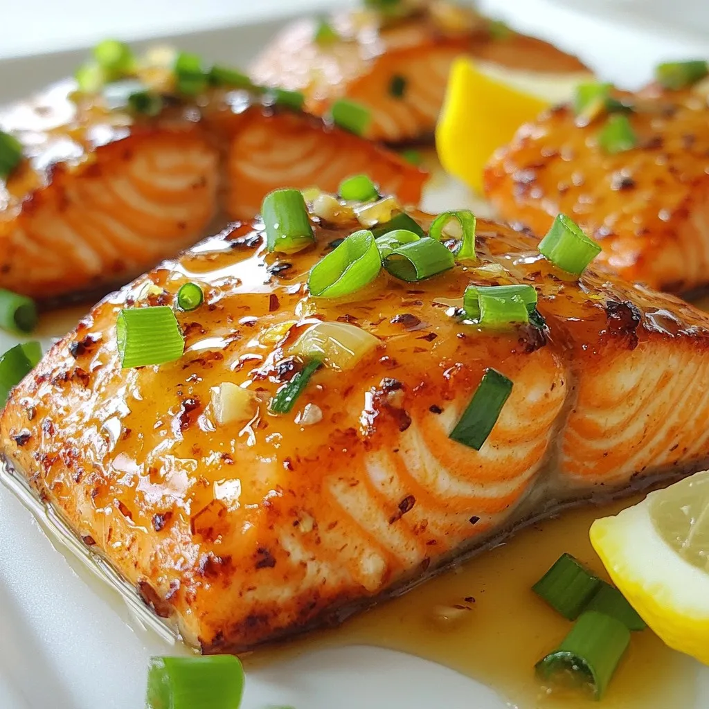 - 4 salmon fillets - 1/4 cup honey - 3 cloves garlic, minced - 2 tablespoons soy sauce (or tamari for gluten-free) - 1 tablespoon olive oil - 1 tablespoon fresh lemon juice - Salt and pepper to taste - 2 green onions, finely chopped (for garnish) - Lemon wedges (for serving) If you have a soy allergy, use coconut aminos instead of soy sauce. This swap keeps the flavor while making it safe for you. For gluten-free options, always choose tamari. If you dislike honey, maple syrup works well. It adds a sweet touch too. You can also replace salmon with chicken or tofu. Both options cook well with this glaze. Be sure to adjust cooking times for different proteins. Salmon is rich in omega-3 fatty acids. These fats help your heart and brain health. Garlic has many benefits too. It boosts your immune system and may lower blood pressure. Honey adds sweetness but also provides antioxidants. These help fight free radicals in your body. Lemon juice keeps your body hydrated and is a good source of vitamin C. Lastly, olive oil is healthy fat. It can lower bad cholesterol and support heart health. Each bite of this dish is tasty and good for you! {{ingredient_image_1}} First, you need to get your oven ready. Preheat it to 400°F (200°C). This heat will help cook the salmon just right. Next, grab a baking dish. You can line it with parchment paper or use cooking spray to grease it lightly. This will stop the salmon from sticking. Now it’s time to create the honey garlic mix. In a small bowl, add 1/4 cup honey, 3 minced garlic cloves, 2 tablespoons of soy sauce, 1 tablespoon of olive oil, and 1 tablespoon of fresh lemon juice. Whisk them all together until they blend well. This mixture gives the salmon its sweet and savory flavor. Place your salmon fillets in the baking dish with the skin side down. Season the tops with salt and pepper to taste. Pour the honey garlic mixture evenly over each fillet. Make sure they are well-coated for the best flavor. Bake in the preheated oven for about 12-15 minutes. The salmon should be cooked through and flake easily with a fork. If you want a nice glaze, switch to broil for the last 2-3 minutes. When it's done, let it rest for a couple of minutes. Finally, garnish with chopped green onions and serve with lemon wedges. Enjoy your tasty dish! When you pick salmon, look for bright color. Fresh salmon should be pink or orange. Avoid dull or gray fish. Check for a mild smell; it should not be fishy. The flesh should be firm and spring back when you press it. If possible, buy wild-caught salmon. It usually has better flavor and texture than farmed salmon. Local fish markets often have the freshest catch. For a great glaze, mix honey and garlic well. Use fresh garlic, as it gives a stronger flavor. The soy sauce adds saltiness. If you're gluten-free, use tamari instead. Olive oil helps the glaze stick. Lemon juice brightens the flavor. Adjust the honey if you like it sweeter. Make sure to coat the salmon evenly. This glaze adds a tasty and shiny finish to the fish. Serve your honey garlic salmon with lemon wedges. They add a nice touch of zest. Pair it with steamed vegetables for a healthy meal. Broccoli or green beans work well. You can also serve it over rice or quinoa. These sides soak up the glaze nicely. For a drink, try a light white wine or sparkling water. This makes a simple yet elegant dinner. Enjoy your meal with family and friends! Pro Tips Choose Fresh Salmon: Always select fresh salmon fillets for the best flavor. Look for bright, firm flesh and a mild scent. Marinate for Extra Flavor: If time allows, marinate the salmon in the honey garlic mixture for 30 minutes before baking to enhance the flavors. Adjust Cooking Time: Cooking time may vary based on the thickness of the salmon fillets. Use a meat thermometer to check for doneness (145°F or 63°C). Serve with Sides: Pair the salmon with steamed vegetables or rice to complete the meal and soak up the delicious honey garlic sauce. {{image_2}} You can swap salmon for other proteins. Chicken is a great choice. It absorbs honey and garlic well. Simply use chicken breasts instead of salmon. Cook it for 25-30 minutes at the same heat. Tofu is also an option. Use firm tofu for the best texture. Press it first to remove excess water. Then, follow the same steps as the salmon. Want to change the flavor? Add ginger for a warm kick. Grate about one tablespoon of fresh ginger into the honey mix. This adds a nice zing. You can also add chili flakes for heat. Start with a pinch and adjust to taste. This gives your dish a spicy twist, making it exciting. You can cook this dish in different ways. Grilling adds a smoky flavor. Preheat your grill to medium-high. Place the salmon on the grill for about 6-8 minutes on each side. Make sure to use a grill mat or foil to prevent sticking. Pan-searing is another method. Heat oil in a skillet over medium heat. Cook the salmon for 4-5 minutes per side. Both methods keep the fish juicy and full of flavor. Store your honey garlic roasted salmon in an airtight container. This keeps it fresh. Place the container in the fridge. The salmon stays good for up to three days. Always let the salmon cool before sealing. This helps avoid excess moisture inside the container. You can freeze leftover salmon too. Cut it into portions. Wrap each piece tightly in plastic wrap. Then place the wrapped salmon in a freezer bag. Squeeze out as much air as you can. This keeps the salmon safe from freezer burn. Frozen salmon lasts for about three months. When ready to eat, thaw it in the fridge overnight. Reheat the salmon gently to keep it moist. The best way is in the oven. Preheat your oven to 300°F (150°C). Place the salmon on a baking sheet. Cover it with foil to hold in moisture. Heat for about 10-15 minutes. You can also use a microwave. Place the salmon on a microwave-safe plate. Heat on low for 1-2 minutes. Check to make sure it’s warm, but not overcooked. You should cook salmon in the oven for 12 to 15 minutes. The salmon is done when it flakes easily with a fork. Ovens vary, so keep an eye on it. If you want a crispy top, switch to broil for the last 2 to 3 minutes. This gives the honey garlic glaze a nice caramel touch. Yes, you can use other types of fish. Good options include trout, cod, or tilapia. These fish also pair well with the honey garlic sauce. Adjust the cooking time based on the thickness of the fish. Thinner fillets will cook faster, while thicker ones may take longer. Honey garlic roasted salmon pairs well with several sides. Consider serving it with steamed broccoli or roasted asparagus. You can also add a light salad or some fluffy rice. Lemon wedges on the side add freshness. These sides balance the sweet flavor of the salmon nicely. This blog post covered how to make Honey Garlic Roasted Salmon. We discussed key ingredients, substitutions, and their nutritional benefits. The step-by-step instructions made baking easy, while tips helped you choose quality salmon. Variations offered fun twists, and storage info showed how to keep leftovers fresh. In summary, this dish is simple, tasty, and adaptable. Enjoy your cooking adventures and make it your own!