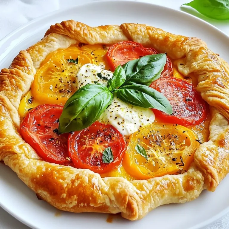 To make a Rustic Tomato Basil Galette, gather these simple ingredients: - 1 cup all-purpose flour - 1/4 teaspoon salt - 1/4 cup cold unsalted butter, cubed - 3-4 tablespoons ice water - 2 large ripe tomatoes, thinly sliced - 1 cup fresh basil leaves, roughly chopped - 1/2 cup shredded mozzarella cheese - 1/4 cup ricotta cheese - 1 tablespoon olive oil - Salt and pepper to taste - 1 egg (for egg wash) - 1 tablespoon cornmeal (for dusting) If you want to switch things up, here are some great swaps: - For all-purpose flour, try whole wheat flour or almond flour for a nutty taste. - For cheese, use dairy-free options like cashew cheese or nutritional yeast. - Season your galette with seasonal ingredients like zucchini or bell peppers to boost flavor. Make sure you have these tools ready for your galette: - A mixing bowl for the dough. - A rolling pin to shape the crust. - A baking sheet lined with parchment or sprinkled with cornmeal. - A sharp knife for slicing tomatoes. - A pastry brush for the egg wash. These tools help create a delicious and rustic dish that everyone will enjoy. {{ingredient_image_1}} To start, mix 1 cup of all-purpose flour and 1/4 teaspoon of salt in a bowl. This combination gives the dough its base. Next, incorporate 1/4 cup of cold unsalted butter, cubed. Use your fingers or a pastry cutter to work the butter into the flour until you see coarse crumbs. This step is key for a flaky crust. After that, add 3-4 tablespoons of ice water, one tablespoon at a time. Mix until the dough holds together. Form the dough into a disk, wrap it in plastic, and chill it for 30 minutes. Chilling helps make the dough easy to handle later. Once the dough is ready, roll it out on a lightly floured surface. Aim for a rough circle about 12 inches wide. Transfer the dough to a baking sheet that has cornmeal sprinkled on it. This keeps the galette from sticking. In a bowl, mix together 1/2 cup of shredded mozzarella, 1/4 cup of ricotta cheese, 1 tablespoon of olive oil, and 1 cup of roughly chopped fresh basil. Season this mixture with salt and pepper to taste. Spread it evenly over the center of the dough, leaving a 2-inch border. Next, layer 2 large ripe tomatoes, thinly sliced, on top of the cheese mixture. Overlap the tomato slices slightly for a nice look. Then, fold the edges of the dough over the tomatoes, creating pleats. This gives the galette its rustic charm. Before baking, preheat your oven to 400°F (200°C). This ensures even cooking. Brush the folded dough with a beaten egg. This egg wash gives the crust a golden color. Bake the galette for 30-35 minutes. Look for a crust that is golden brown and crispy. Once done, remove it from the oven and let it cool for 5 minutes. Add extra fresh basil if you like for a nice touch. To make your galette look inviting, focus on the crust. When you fold the edges over the filling, create pleats. This gives it a charming, homemade look. Don’t worry about being perfect; rustic means a bit of fun! Dust the baking sheet with cornmeal. This adds a light crunch to the base and helps prevent sticking. Add depth to your galette with herbs and seasonings. Fresh basil is key, but you can also try oregano or thyme. These herbs brighten the dish. Just before serving, drizzle a little olive oil on top. This adds a lovely richness and brings out the flavors even more. Serve your galette warm on a wooden cutting board. Cut it into wedges for easy sharing. Pair it with a fresh garden salad for a bright side. Garnish with extra basil on top for a pop of color. This small touch makes your dish look even more appealing. Pro Tips Use Cold Ingredients: Ensure that your butter and water are very cold to create a flaky crust. This helps the butter to remain solid until baking, resulting in a tender texture. Season Your Tomatoes: Sprinkle a little salt on the sliced tomatoes before layering them in the galette. This will draw out excess moisture and intensify their flavor. Experiment with Cheeses: Feel free to mix different types of cheese like goat cheese or feta for a unique flavor profile that complements the tomatoes and basil. Let It Rest: After baking, allow the galette to rest for a few minutes before slicing. This will help the filling set and make it easier to serve. {{image_2}} You can easily change this recipe based on the season. Here are some ideas: - Incorporating different vegetables: In summer, use zucchini or bell peppers. In fall, try roasted squash or mushrooms. You can mix and match your favorite veggies to keep it fresh. - Adjusting herbs based on availability: Basil is great, but you can swap it for thyme, oregano, or parsley. Use what you have on hand for a new twist. Cheese can change the galette's flavor and texture. Here are some options: - Using goat cheese or feta for flavor changes: Goat cheese adds a tangy taste. Feta gives a salty kick. Both pair well with tomatoes and herbs. - Vegan cheese options for a dairy-free version: Try cashew cheese or store-bought vegan cheese. These can provide creaminess without dairy. The crust can also be varied for different diets and flavors: - Gluten-free crust options: Use almond flour or a gluten-free mix. This makes it friendly for those who avoid gluten. - Using different flours for flavor: You can experiment with whole wheat flour or even spelt. Each adds its own unique taste and texture to the crust. To store leftovers, let the galette cool. Wrap it in plastic wrap or foil. Place it in the fridge. It lasts about 3 days in the fridge. When reheating, use the oven for best results. Preheat to 350°F (175°C). Heat for about 10-15 minutes. This keeps the crust crispy. You can freeze the galette before or after baking. If freezing before, wrap it tightly in plastic. Then, place it in a freezer bag. It can last up to 2 months. When you’re ready to bake, thaw it in the fridge overnight. For baking after freezing, preheat your oven to 400°F (200°C). Bake for 35-40 minutes. Leftover galette tastes great cold too. Slice it and serve on a plate. Pair it with a fresh salad. It also goes well with dips like hummus or tzatziki. This gives a nice contrast to the warm, savory flavors. Enjoy experimenting with different sides! A Rustic Tomato Basil Galette is a free-form pie. It features a tasty crust filled with fresh tomatoes and basil. This dish comes from French cuisine. It celebrates summer's ripe tomatoes and fragrant herbs. The galette has a simple, rustic look, making it easy to enjoy. You can serve it warm or at room temperature. Yes, you can prepare the galette ahead. Make the dough and store it in the fridge for up to two days. You can also assemble the galette and keep it covered in the fridge. Just bake it when you are ready. If you want to save it longer, freeze it before baking. Thaw it overnight in the fridge, then bake as usual. To make a flakier crust, keep your butter very cold. Use cold water when mixing the dough. Do not overwork the dough; mix just until it holds together. You can also add a bit of vinegar to the water. This helps make the dough tender. Lastly, chill the dough for at least 30 minutes before rolling it out. I love serving a fresh salad with a galette. A garden salad with mixed greens works well. You can also try a simple arugula salad with lemon dressing. Dips like hummus or tzatziki pair nicely too. For drinks, a chilled white wine or sparkling water completes the meal perfectly. In this post, we explored how to make a delicious rustic tomato basil galette. You learned about key ingredients like flour, butter, and fresh tomatoes, along with helpful substitutions. We covered essential tools, step-by-step instructions to prepare the dough, and tips for presenting your galette beautifully. Remember to experiment with seasonal ingredients and cheese options for variety. Whether you’re enjoying it warm or cold, this dish is sure to impress. Now, grab your tools and ingredients, and start baking your perfect galette!