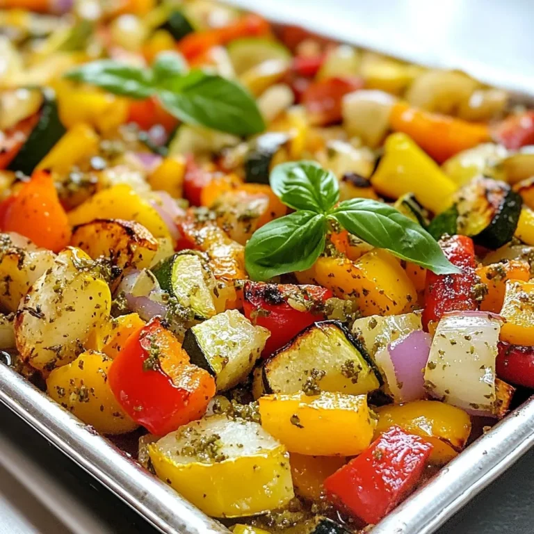 For this dish, you can use a mix of vegetables. I like to use: - 2 cups of bell peppers - Zucchini - Carrots - Red onions Cut them into even-sized pieces. This helps them cook evenly. The herbs bring out great flavors. You will need: - 1 teaspoon dried oregano - 1 teaspoon dried basil - 1 teaspoon garlic powder - 1 teaspoon onion powder - ½ teaspoon red pepper flakes (optional) - Salt and pepper to taste These herbs add depth and warmth to your roasted veggies. You will also need: - 3 tablespoons olive oil - Fresh basil leaves for garnish The olive oil helps the veggies roast nicely. Fresh basil adds a lovely touch on top. {{ingredient_image_1}} First, we need to get our oven hot. Preheat your oven to 425°F (220°C). This high heat helps the veggies roast nicely, giving them a great texture and flavor. Next, grab your mixed vegetables. I like using bell peppers, zucchini, carrots, and red onions. Cut them into even-sized pieces. This way, they cook evenly. Place the cut vegetables in a large mixing bowl. Now let’s make the herb mix. In a small bowl, combine these ingredients: - 1 teaspoon dried oregano - 1 teaspoon dried basil - 1 teaspoon garlic powder - 1 teaspoon onion powder - ½ teaspoon red pepper flakes (optional) - Salt and pepper to taste. Mix these well. This blend packs a lot of flavor and will make your veggies shine. Drizzle 3 tablespoons of olive oil over the vegetables in the bowl. Toss them well to coat each piece. Now, sprinkle your herb mixture over the veggies. Toss again until everything is well-coated. Spread the seasoned vegetables in a single layer on a large baking sheet lined with parchment paper. This helps with easy cleanup. Place the baking sheet in the preheated oven. Roast for 25-30 minutes. Remember to stir halfway through for even cooking. You want them golden brown and tender. Once done, take them out and let them cool a bit. Serve warm, and don’t forget to garnish with fresh basil leaves for a nice touch. To get your vegetables just right, choose even-sized pieces. This helps them cook evenly. Make sure you preheat your oven to 425°F (220°C). A hot oven gives you a nice brown color. Use a large baking sheet, so the veggies have space. This way, they won't steam but roast. Stir the vegetables halfway through cooking. This helps them brown on all sides. You can boost the flavor with a few extras. Try adding a splash of balsamic vinegar before roasting. It adds a nice tang. Lemon juice is also great for brightness. If you love cheese, sprinkle some Parmesan on top before serving. For a smoky taste, add smoked paprika. You can even toss in some nuts for crunch. Serve your roasted vegetables warm for the best taste. Place them on a colorful platter. Add fresh basil leaves on top for a pop of green. You can also drizzle a little olive oil over them right before serving. This adds flavor and shine. Pair these veggies with grilled meats or pasta, and you have a great meal. Pro Tips Choose Seasonal Vegetables: Using seasonal produce enhances the flavor and nutritional value of your dish. Uniform Cutting: Cut the vegetables into even-sized pieces for consistent cooking and even browning. Experiment with Herbs: Feel free to add or substitute different herbs for a unique flavor profile that suits your taste. Don’t Crowd the Pan: Spreading the vegetables out on the baking sheet allows them to roast rather than steam, resulting in better texture. {{image_2}} You can use a wide range of seasonal vegetables. In spring, try asparagus, peas, and radishes. Summer brings fresh tomatoes, eggplant, and corn. Fall works well with squash, Brussels sprouts, and sweet potatoes. In winter, think of hearty root vegetables like carrots, parsnips, and turnips. Adjust the cooking time based on the thickness of the veggies. Thicker pieces may need more time, while thin ones cook faster. This recipe is already vegan and gluten-free! Use any veggies you love. If you want a bit more flavor, add lemon juice or balsamic vinegar. These will make your dish pop! You can also use gluten-free seasoning blends if you want extra spice. This dish offers great flexibility, making it perfect for everyone. To turn this side dish into a full meal, add protein. Consider chickpeas, tofu, or tempeh. You can also add cooked chicken or shrimp for a non-vegetarian option. Simply toss the protein with the veggies before roasting. This keeps everything flavorful and ensures even cooking. Enjoy your hearty, balanced meal! After you enjoy your Italian herb roasted vegetables, store them well. Let the veggies cool down first. Transfer them to an airtight container. They will stay fresh for about three to four days in the fridge. If you want to keep them longer, freezing is a good option. When you’re ready to eat the leftovers, reheating is key. You can use the oven or a microwave. For the oven, preheat it to 350°F (175°C). Spread the veggies on a baking sheet and warm them for about 10-15 minutes. This helps them regain their crispness. If using a microwave, heat in short bursts of 30 seconds. Stir in between to ensure even heating. Freezing your roasted vegetables is simple. Place them in a freezer-safe bag or container. Squeeze out as much air as possible to prevent freezer burn. They can last up to three months in the freezer. When you want to use them, thaw in the fridge overnight before reheating. This way, you can enjoy them again with ease! You roast vegetables at 425°F for 25 to 30 minutes. This high heat helps them become tender and golden. Stir them halfway through for even cooking. Keep an eye on them to avoid burning. You want a nice, caramelized look. Yes, you can use fresh herbs instead of dried. Fresh herbs add a bright flavor to your roasted veggies. Use about three times more fresh herbs than dried. For example, use three teaspoons of fresh basil instead of one teaspoon dried. The best vegetables for roasting include: - Bell peppers - Zucchini - Carrots - Red onions - Broccoli - Cauliflower These veggies roast well and taste great with herbs. Cut them into even pieces for uniform cooking. Roasted vegetables are done when they are golden brown and tender. You can test them with a fork. If the fork goes in easily, they are ready. The edges should be crispy but not burnt. Enjoy that delicious aroma as they cook! Roasting vegetables brings out their best flavors. We covered essential ingredients, like veggies, herbs, and more. I shared step-by-step instructions to roast them perfectly. Tips included how to enhance flavors and serve them well. We explored variations for different diets and how to store leftovers properly. Roasting is simple and delicious. You can experiment with flavors and share your creations with others. Get cooking and enjoy every bite!