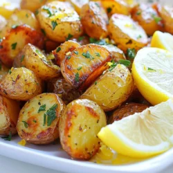 - 2 pounds baby potatoes, halved - 1/4 cup olive oil - 4 garlic cloves, minced - Zest of 1 large lemon - Juice of 2 large lemons - 1 tablespoon dried oregano - 1 teaspoon sea salt - 1/2 teaspoon black pepper - Fresh parsley, chopped (for garnish) - Lemon wedges (for serving) Greek Lemon Roasted Potatoes are simple yet packed with flavor. To start, you need baby potatoes. I love using these because they roast beautifully and stay tender inside. You will also need olive oil for richness, and garlic to add a nice kick. Next, we have lemon zest and juice. This gives the dish its bright, zesty taste. Dried oregano adds a hint of floral notes, perfect for a Greek touch. Don't forget sea salt and black pepper to enhance all the flavors. For garnishing, use fresh parsley. It looks pretty and adds a fresh taste. Lemon wedges are a must for serving, too. They let you add even more zest when you eat. Each ingredient plays a role in creating that perfect, savory bite. {{ingredient_image_1}} 1. Preheating the oven: Start by setting your oven to 400°F (200°C). Preheating ensures even cooking and crispy potatoes. 2. Mixing ingredients: In a large bowl, add 2 pounds of halved baby potatoes. Pour in 1/4 cup of olive oil. Then, add 4 minced garlic cloves, the zest of 1 large lemon, and the juice of 2 large lemons. Sprinkle in 1 tablespoon of dried oregano, 1 teaspoon of sea salt, and 1/2 teaspoon of black pepper. 3. Coating the potatoes: Toss the potatoes well to coat them in the mixture. Make sure every piece gets a nice layer of flavor. 1. Spreading on a baking sheet: Transfer the coated potatoes to a large baking sheet. Spread them out in a single layer. This helps them roast evenly. 2. Roasting time and temperature: Place the baking sheet in your preheated oven. Roast the potatoes for 30-35 minutes. Stir them halfway through to ensure even browning. 3. Checking for doneness: The potatoes are done when they turn golden brown and are tender inside. You can test their softness with a fork. 1. Transferring to a serving dish: Once the potatoes are roasted, take them out of the oven. Let them cool for a few minutes. Then, transfer them to a serving dish. 2. Adding garnishes: For a fresh touch, sprinkle chopped parsley on top. This adds color and flavor. 3. Pairing with other dishes: Serve the potatoes with grilled chicken, lamb, or a fresh salad. They also go well with a glass of cold lemonade. - Choosing the right potatoes: Use baby potatoes for a soft, creamy texture. Their small size allows them to cook evenly. Look for firm, smooth potatoes without blemishes. - Importance of even coating: Ensure each potato half is well-coated with oil and spices. This helps them roast evenly. You want every bite to be flavorful and delicious. Toss gently to avoid breaking them. - Adjusting seasoning: Taste your mixture before adding the potatoes. You might want to add more salt or pepper. A little extra lemon juice can brighten the flavors too. - Adding extra herbs or spices: Feel free to get creative! You can add rosemary or thyme for a different taste. A pinch of paprika can also add a nice kick. - Ways to garnish beautifully: Once plated, sprinkle the roasted potatoes with fresh parsley. This adds a pop of color. You can also add lemon wedges for a fresh touch. - Serving temperature suggestions: Serve the potatoes warm for the best taste. They pair nicely with grilled meats or fresh salads. Enjoy them right out of the oven for maximum flavor! Pro Tips Use Fresh Ingredients: Opt for fresh garlic and lemons for the best flavor. Fresh ingredients enhance the overall taste of the dish. Don’t Overcrowd the Baking Sheet: Ensure the potatoes are in a single layer for even roasting. Overcrowding can lead to steaming instead of roasting. Adjust the Cooking Time: Depending on the size of your potatoes, you may need to adjust the roasting time. Check for tenderness with a fork. Experiment with Herbs: Feel free to add other herbs like thyme or rosemary to the mix for a unique flavor twist. Fresh herbs can elevate the dish even further. {{image_2}} You can change up the potatoes for this dish. I like using baby potatoes, but you can also try Yukon Gold or red potatoes. Each type adds a unique taste and texture. For herbs and spices, oregano shines here, but feel free to mix it up. Try rosemary or thyme for a new flavor. Fresh herbs like dill or cilantro can also add zing. Want a quicker option? Use an air fryer! Just toss the coated potatoes in your air fryer at 400°F (200°C) for about 20 minutes. They will come out crispy and delicious. Grilling is another fun way to cook these potatoes. Wrap them in foil and place them on a hot grill. They will gain a nice smoky flavor while staying tender. You can serve Greek Lemon Roasted Potatoes as a main dish. Just add some grilled chicken or fish alongside. These potatoes also pair well with dips or sauces. Try tzatziki or a spicy aioli for a tasty twist. The zesty lemon flavor complements many options, making your meal fun and exciting. To keep your Greek Lemon Roasted Potatoes fresh, use airtight containers. Glass or plastic containers work well. Store them in the fridge. They stay good for about 3 to 5 days. For oven reheating, preheat your oven to 350°F (175°C). Spread the potatoes on a baking sheet. Heat for about 10 to 15 minutes until warm. For the microwave, place a portion on a plate. Cover it with a damp paper towel. Heat for about 1 to 2 minutes. Check if they are warm enough before serving. You can freeze cooked potatoes, but uncooked is better. Cooked potatoes can lose texture when thawed. If you freeze cooked potatoes, let them cool first. Place them in a freezer bag, removing as much air as possible. To thaw, move the bag to the fridge overnight. For quicker thawing, you can use the microwave. Reheat them straight after thawing for the best taste. Greek Lemon Roasted Potatoes are a tasty side dish. They come from Greece and feature bright lemon flavor. You prepare them by roasting baby potatoes with olive oil, garlic, and oregano. The dish is zesty and pairs well with many meals. The lemon juice and zest give it a fresh taste that shines. Yes, you can prep this recipe ahead of time. Cut the baby potatoes and mix them with the other ingredients. Store the mixture in the fridge for up to 24 hours. When you're ready, just spread them on a baking sheet and roast. This saves time and makes dinner easy. To make this dish vegan, you can keep all the current ingredients. They are already vegan-friendly. Just check the olive oil if you look for high quality. You can also add more herbs for extra flavor. These potatoes pair well with many dishes. Serve them alongside grilled chicken or fish. They also work well with a fresh Greek salad. For drinks, try a light white wine or sparkling water with lemon. This adds a nice touch to your meal. This blog post covered how to make tasty Greek Lemon Roasted Potatoes. We explored ingredients and preparation. You learned the best steps for roasting and how to serve. I shared tips for perfect flavor and presentation. You can also use different flavors or methods to mix things up. Store leftovers properly to enjoy later. With this knowledge, you can impress at your next meal. Enjoy your cooking adventure!