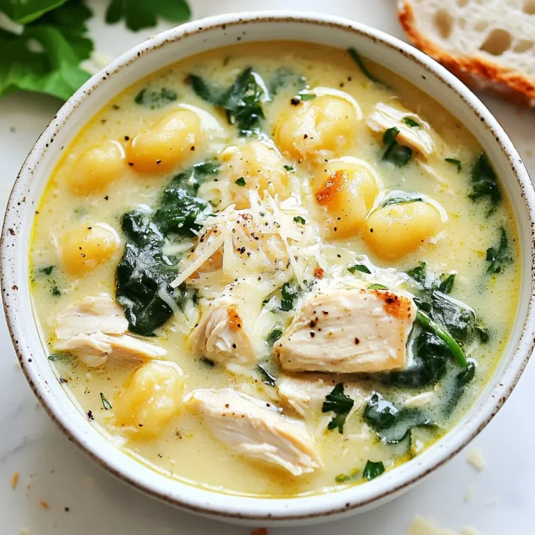 To make this creamy chicken gnocchi soup, gather these ingredients: - 1 tablespoon olive oil - 1 medium onion, diced - 3 cloves garlic, minced - 2 medium carrots, diced - 2 stalks celery, diced - 1 pound boneless, skinless chicken breasts, cut into bite-sized pieces - 6 cups low-sodium chicken broth - 1 teaspoon dried thyme - 1 teaspoon dried rosemary - 1 teaspoon salt (or to taste) - 1/2 teaspoon black pepper - 1 package (16 oz) potato gnocchi - 1 cup heavy cream - 1 cup fresh spinach, roughly chopped - Grated Parmesan cheese for serving - Fresh parsley, chopped, for garnish You can add a few extra ingredients to enhance the flavor: - A splash of lemon juice for brightness - Red pepper flakes for heat - Mushrooms for earthiness - Fresh herbs like basil or dill for a fresh twist If you want to swap some ingredients, here are my tips: - Use chicken thighs instead of breasts for more flavor. - Swap heavy cream with half-and-half for a lighter soup. - Use vegetable broth instead of chicken broth for a vegetarian version. - Fresh gnocchi can replace the packaged kind if you prefer. - Spinach can be switched with kale or Swiss chard for variety. These ingredient choices will help you create a rich and comforting soup that warms the soul. {{ingredient_image_1}} Start by gathering your ingredients. You need olive oil, onion, garlic, carrots, and celery. Dice the onion and carrots, and chop the celery. This helps the flavors mix well. Heat the olive oil in a large pot or Dutch oven over medium heat. Once hot, add the diced onion. Cook it for 3-4 minutes until it turns soft and clear. Next, stir in the minced garlic, diced carrots, and chopped celery. Cook for another 5 minutes. This step builds a strong flavor base for the soup. Now, add the bite-sized pieces of chicken to the pot. Sprinkle dried thyme, rosemary, salt, and black pepper over the chicken. Stir well to coat the chicken in spices. Cook the chicken for about 5-7 minutes until it is browned on all sides. This gives the chicken a nice flavor. After browning, pour in the low-sodium chicken broth. Bring the mixture to a gentle boil. Once it boils, reduce the heat to a simmer. Add the potato gnocchi to the simmering broth. Cook for 2-3 minutes, or until the gnocchi float to the top. This means they are ready. Next, stir in the heavy cream and let the soup simmer for an additional 5 minutes. This makes the soup creamy and rich. Just before serving, stir in the roughly chopped spinach until it wilts. Taste the soup and adjust seasoning if needed. Now your creamy chicken gnocchi soup is ready to serve! To get the best soup, you need the right balance. Start with enough broth. You want a creamy base but not too thick. When adding heavy cream, do it slowly. This keeps the soup smooth. If it gets too thick, add more chicken broth. Stir well to mix it in. Every stove is a bit different. If your stove runs hot, watch the soup closely. Cooking on high heat can burn the bottom. Reduce the heat if you see bubbles too big. It’s okay to let it simmer longer if needed. Just check if the chicken is cooked through and the gnocchi float. Adding spices makes your soup sing! Use dried thyme and rosemary from the recipe. For more depth, try a pinch of nutmeg or smoked paprika. Fresh herbs like parsley also brighten the flavor. Add spices slowly, taste as you go, and adjust to your liking. Pro Tips Use Fresh Herbs: For a more vibrant flavor, consider using fresh thyme and rosemary instead of dried. Add them towards the end of cooking to retain their essence. Customize the Veggies: Feel free to add other vegetables like bell peppers or zucchini for added nutrition and color. Control the Creaminess: Adjust the amount of heavy cream to your liking. For a lighter soup, use half and half or even milk. Perfect Gnocchi Cooking: Be careful not to overcook the gnocchi. They are done once they float to the surface of the soup. {{image_2}} You can make this soup lighter by swapping heavy cream for half-and-half or coconut milk. These options cut calories but still add creaminess. For a lower-fat choice, try using Greek yogurt. Just stir it in after cooking to keep it smooth. If you want to change the main protein, consider using rotisserie chicken. It adds great flavor and saves time. Turkey is another good choice. It works well and makes the soup a bit lighter. You can even use leftover chicken or turkey from other meals. To boost nutrition, add seasonal veggies. In spring, try fresh peas or asparagus. In fall, consider diced butternut squash or sweet potatoes. These not only add color but also enhance the flavor. You can mix and match your favorites to keep the soup exciting. To keep your soup fresh, let it cool first. Pour it into airtight containers. Make sure to leave some space at the top. This helps with any expansion when frozen. Store the containers in the fridge. Your soup will stay good for about 3-4 days. If you want to save the soup longer, freezing is a great option. Use freezer-safe containers or bags. Make sure to remove as much air as possible. This helps avoid freezer burn. Label each container with the date. Your soup can last for up to 3 months in the freezer. When you're ready to eat, just defrost it in the fridge overnight. When reheating, do it slowly. Warm it on the stove over low heat. Stir it often to keep it from sticking. You can add a splash of chicken broth or cream. This helps bring back the creamy texture. If using a microwave, heat it in short bursts. Stir in between to ensure even heating. Enjoy your comforting soup just like the first time! Yes, you can make this soup ahead of time. Cook the soup, then let it cool. Store it in the fridge for up to three days. When you are ready to eat, just heat it on the stove. The flavors will be even better the next day! Yes, you can make a vegetarian version. Use vegetable broth instead of chicken broth. Replace the chicken with mushrooms or tofu for protein. You can also add more vegetables like zucchini or bell peppers. Just make sure to keep the gnocchi and cream for that rich flavor. If the soup is too watery, try these tips: - Add more gnocchi: They will absorb some liquid as they cook. - Mix in a cornstarch slurry: Combine equal parts cornstarch and water, then stir it into the soup. - Use less broth: Start with a little broth and add more if needed. These methods will help you get the perfect creamy texture you want! This blog covered how to make Creamy Chicken Gnocchi Soup, from ingredients to storage. We discussed key steps to prepare a tasty base, cook the chicken, and add gnocchi and cream. You learned tips for perfect consistency and how to tweak flavors. Plus, we explored healthier swaps and protein choices. For long-lasting soup, I shared storage and reheating tips. Now you can create a delicious soup with ease. Enjoy making your unique version!