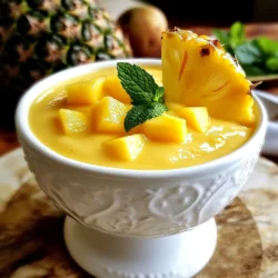 For a great Mango Pineapple Smoothie, use fresh fruits. You need: - 1 ripe mango, peeled and diced - 1 cup fresh pineapple chunks - 1 banana, sliced These fruits pack a lot of flavor and nutrients. The mango adds sweetness, while the pineapple brings a nice tartness. The banana makes the smoothie creamy. You might want to sweeten your smoothie. Here are some options: - 1 tablespoon honey - 1 tablespoon maple syrup These sweeteners are optional. If your fruits are ripe, you may not need any at all. Taste your smoothie before adding sweeteners. You can choose your favorite milk for this smoothie. Here are some great options: - 1 cup coconut milk - 1 cup almond milk Coconut milk gives a rich, tropical taste. Almond milk is lighter and lower in calories. Both work well, so pick what you like best. You can also add 1/2 cup Greek yogurt for creaminess and protein. {{ingredient_image_1}} First, gather your fresh ingredients. You need: - 1 ripe mango, peeled and diced - 1 cup fresh pineapple chunks - 1 banana, sliced - 1 cup coconut milk (or almond milk for a lighter option) - 1 tablespoon honey or maple syrup (optional) - 1/2 cup Greek yogurt - A pinch of ground ginger - Ice cubes (optional) Start by peeling the mango. Cut it into small pieces. This makes it easier to blend. Then, slice the banana. Make sure your pineapple is fresh and in chunks. If you use canned pineapple, drain it well. Now, place all the fruits into a blender. Add the coconut milk and Greek yogurt. The yogurt adds creaminess and protein. If you want a sweeter smoothie, add honey or maple syrup. Don't forget the pinch of ground ginger! It gives a warm flavor. Blend on high until you see a smooth mixture. If you like it cold, add ice cubes. Blend again until everything is mixed well. Taste your smoothie. If it needs more sweetness or creaminess, add more honey or yogurt. Blend again briefly to mix. Pour the smoothie into chilled glasses. This keeps it cool and refreshing. You can garnish with a slice of fresh pineapple or a sprig of mint. This adds a nice touch. Enjoy your tropical paradise in a glass! To get the right thickness, blend your ingredients well. Start with less liquid and add more if needed. I like to use ice cubes for a cold, thick texture. If it’s too thick, add a splash of coconut milk or water. Blend until smooth, but don’t overdo it. For extra flavor, consider adding a pinch of ground ginger. It adds warmth and spice. You could also try a squeeze of lime for a zesty twist. If you love sweetness, honey or maple syrup works great. Taste your smoothie and adjust until it’s just right. Make your smoothie look as good as it tastes. Pour it into chilled glasses for that fresh feel. Top each glass with a slice of pineapple or a mint sprig. This adds a nice pop of color and makes it fun to drink. Enjoy the beautiful tropical vibe! Pro Tips Choose Ripe Fruits: Ensure your mango and pineapple are perfectly ripe for the sweetest and most flavorful smoothie. Frozen Fruits for Extra Chill: Use frozen mango or pineapple instead of ice cubes to keep your smoothie cold without diluting the flavor. Greek Yogurt Alternatives: If you prefer a non-dairy option, try coconut yogurt to maintain that creamy texture while keeping it dairy-free. Flavor Boosters: Experiment with adding a squeeze of lime or a handful of spinach for an extra nutritional boost and a new flavor dimension. {{image_2}} You can make your mango pineapple smoothie even better by adding other fruits. Try using berries like strawberries or blueberries. They add color and extra flavor. You might also enjoy adding a slice of kiwi. It gives a nice tartness. If you want more creaminess, include another banana. Each fruit adds its own twist to the taste. Boost your smoothie with superfoods for extra nutrition. Chia seeds are a great choice. They add fiber and omega-3 fats. Just one tablespoon can make a big difference. You can also add spinach for added vitamins. It blends well with the sweet fruits. Another superfood to try is acai powder. It brings antioxidants and a rich flavor. For a dairy-free option, use almond milk instead of coconut milk. It has a light taste and works well with the fruits. Another choice is oat milk, which gives a creamy texture. You can skip the Greek yogurt if you prefer. Instead, add a banana for creaminess. If you want a thicker smoothie, blend in more fruit. This way, you keep it dairy-free but still delicious. If you have leftover smoothie, pour it into a sealed container. Store it in the fridge. It stays fresh for about one day. Shake or stir it before drinking to mix the ingredients again. You can freeze leftover smoothie if you want to save it longer. Pour the smoothie into ice cube trays or a freezer-safe bag. This way, you can use it later. Just blend the frozen cubes with a bit of liquid for a quick treat. To keep your ingredients fresh, store them in a cool, dry place. Keep fruits in the fridge to maintain their taste and texture. Use ripe fruits for the best flavor and smoothness. Always wash fruits before cutting them to remove any dirt or chemicals. Yes, you can use frozen fruits. They work well in smoothies. Frozen mango and pineapple give a cold, thick texture. You may not need to add ice. Just blend them with your liquids. This saves time and keeps it simple. Frozen fruits are great for a quick snack. To make this smoothie vegan, swap the Greek yogurt for a plant-based yogurt. You can also use almond milk instead of coconut milk. Choose maple syrup over honey for sweetness. With these changes, you keep all the flavor and creaminess. It remains tasty and refreshing! Mangoes are rich in vitamins A and C. They help support your immune system. They also contain fiber, which aids digestion. Pineapples are full of bromelain, which helps reduce inflammation. They have vitamin C too, boosting your health. Together, they make a nutrient-packed smoothie. Enjoy the yummy taste and health perks! Making a delicious smoothie is simple and fun. We covered fresh ingredients, sweeteners, and dairy options. You learned easy steps for preparation and blending. Tips showed how to improve flavor and presentation. We explored variations like adding other fruits and superfoods. Lastly, we discussed storing leftover smoothies safely. Remember, smoothies are versatile and tasty. Enjoy experimenting with flavors and ingredients. You can create the perfect blend just for you.