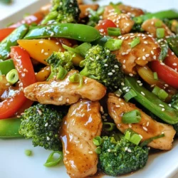 - Chicken and Marinade Ingredients - 1 lb boneless, skinless chicken breast, sliced into thin strips - 2 tablespoons sesame oil - 1-inch piece of fresh ginger, grated - 3 cloves garlic, minced - Vegetables Needed - 1 red bell pepper, sliced - 1 cup broccoli florets - 1 cup snap peas - 2 green onions, chopped - Sauce Components - 1/4 cup low-sodium soy sauce - 1 tablespoon honey - 1 tablespoon rice vinegar - 1 tablespoon cornstarch mixed with 2 tablespoons water (for thickening) - Sesame seeds for garnish This list is simple yet full of flavor. The chicken gives a hearty base. The ginger and garlic add warmth and zest. Fresh veggies bring color and crunch. The sauce ties everything together with a sweet and savory touch. Enjoy gathering these ingredients! They are key to making the dish shine. {{ingredient_image_1}} Start by slicing 1 pound of boneless, skinless chicken breast into thin strips. Place the chicken in a large bowl. Add half of the soy sauce, the grated ginger, and minced garlic. Mix well. Let this marinate for at least 15 minutes. This step helps the chicken soak up all those tasty flavors. Heat 1 tablespoon of sesame oil in a large skillet or wok over medium-high heat. Once hot, add the marinated chicken strips. Cook for 5 to 7 minutes. Make sure the chicken is fully cooked and slightly browned. After that, remove the chicken from the pan and set it aside. In the same skillet, add the remaining tablespoon of sesame oil. Then, add the sliced red bell pepper, broccoli florets, and snap peas. Stir-fry these vegetables for about 3 to 4 minutes. You want them to be tender-crisp, which means they should still have a nice bite. While the vegetables are cooking, prepare the sauce. In a small bowl, mix the remaining soy sauce, honey, rice vinegar, and the cornstarch-water mixture. This will create a thick, sweet sauce. Once the veggies are done, return the cooked chicken to the skillet. Pour the sauce over the chicken and vegetables. Stir to coat everything evenly. Cook for an additional 2 to 3 minutes until the sauce thickens slightly. To get the best flavor, marinate the chicken well. Mix half of the soy sauce, grated ginger, and garlic in a bowl. Coat the chicken strips fully in this mix. Let it sit for at least 15 minutes. This lets the chicken soak up the flavors. You can also marinate it longer for a deeper taste. Just keep it in the fridge. The right vegetables make your stir-fry shine. I love using red bell peppers, broccoli, and snap peas. They add color and crunch. You can also swap in your favorites. Carrots, bell peppers, and snow peas work well too. Just cut them into similar sizes. This helps them cook evenly and look great on the plate. A thick sauce coats the chicken and veggies nicely. Use cornstarch mixed with water to thicken the sauce. Combine one tablespoon of cornstarch with two tablespoons of water. Stir this mix into your sauce before adding it to the pan. Cook for a few extra minutes until it thickens. This adds a lovely gloss to your dish! Pro Tips Marinate for Flavor: Allowing the chicken to marinate for at least 15 minutes infuses it with the flavors of ginger and garlic, making for a tastier dish. High Heat is Key: Cooking the chicken and vegetables over medium-high heat ensures they cook quickly while retaining their crispness and color. Customize Your Veggies: Feel free to add or substitute your favorite vegetables like carrots or mushrooms to suit your taste and enjoy a variety of textures. Thicken to Perfection: Make sure to stir the cornstarch mixture well before adding it to the pan to achieve a smooth and glossy sauce that clings to the stir-fry. {{image_2}} You can swap chicken for other meats. Try beef, shrimp, or pork. Each option brings its own taste. For beef, use flank steak cut into strips. For shrimp, choose large, peeled shrimp. Cook these proteins just like the chicken. Adjust the cooking time as needed. This way, you get a new twist with each meal. Want a meat-free option? Simply replace chicken with tofu. Use firm or extra-firm tofu for best results. Cut it into cubes and press out excess moisture. Marinate the tofu just like you would the chicken. Stir-fry until golden. This version is packed with protein and flavor. Feel free to mix and match your veggies. Carrots, zucchini, or bell peppers all work well. You can even add mushrooms for a savory touch. Aim for bright colors and a variety of textures. This will make your dish more appealing and healthy. Just remember to cook vegetables until they are tender but still crisp. After enjoying your sesame ginger chicken stir-fry, store leftovers in an airtight container. This keeps the dish fresh and flavorful. Place the container in the fridge. It stays good for up to three days. Make sure to let it cool before sealing to avoid steam buildup. To reheat, use a skillet or microwave. If using a skillet, add a splash of water to keep it moist. Heat over medium until warm. If using a microwave, cover the dish and heat in short bursts. Stir in between to avoid hot spots. This keeps the chicken and veggies tender. You can freeze the stir-fry too! First, let it cool completely. Then, place it in a freezer-safe container. It can last up to two months in the freezer. When ready to eat, thaw it overnight in the fridge. Reheat as usual for a quick meal! You can store Sesame Ginger Chicken Stir-Fry in the fridge for up to three days. Make sure you keep it in an airtight container. This helps keep the food fresh. When you are ready to eat it, just reheat it in a pan or microwave. Do not leave it out for more than two hours. Bacteria can grow quickly in food that is not stored properly. Yes, you can use different oils. If you do not have sesame oil, try using vegetable or canola oil. These oils work well for cooking. They won’t have the nutty flavor sesame oil adds, but they will still taste good. You can also mix in a bit of toasted sesame oil for flavor. Sesame Ginger Chicken Stir-Fry pairs well with rice or noodles. Cooked jasmine rice is a great choice for this meal. You can also try brown rice for a healthier option. If you prefer noodles, use rice noodles or egg noodles. A side of steamed veggies or a simple salad can make a complete meal. Enjoy this stir-fry with your favorite dipping sauces for extra flavor! This guide covered all you need for a tasty Sesame Ginger Chicken Stir-Fry. You learned about key ingredients, cooking steps, and helpful tips. Remember, marinating chicken boosts flavor, and using fresh veggies makes a difference. Explore variations to suit your taste. Store leftovers properly and enjoy them later. Simple meals can be fun and easy! Now, get cooking and enjoy your homemade stir-fry!