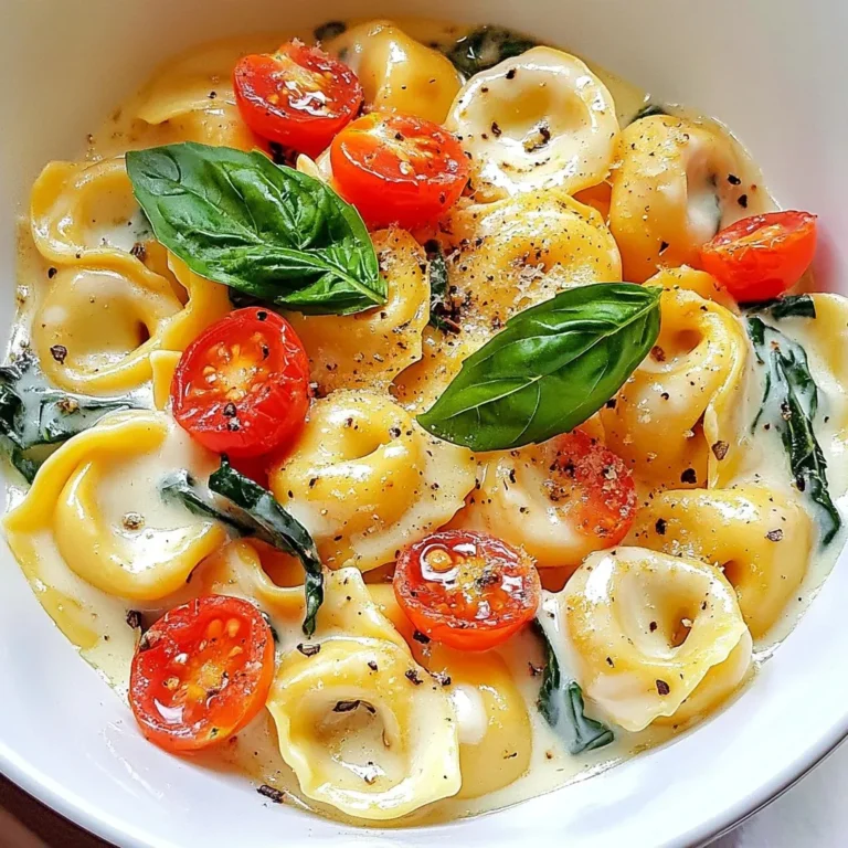 To make Creamy Spinach Tomato Tortellini, gather these fresh and simple ingredients: - 12 oz cheese tortellini - 2 tablespoons olive oil - 3 cloves garlic, minced - 1 cup cherry tomatoes, halved - 4 cups fresh spinach, roughly chopped - 1 cup heavy cream - 1/2 cup grated Parmesan cheese - 1 teaspoon Italian seasoning - Salt and pepper to taste - Fresh basil leaves for garnish These ingredients are key to a creamy and flavorful dish. The cheese tortellini serves as a perfect base. The olive oil adds a nice richness, while garlic gives it a lovely aroma. Cherry tomatoes bring a burst of sweetness and color. Fresh spinach adds nutrients and a vibrant green look. Heavy cream makes the sauce rich and smooth, and Parmesan cheese adds a salty, savory touch. Italian seasoning brings together all the flavors. Finally, salt and pepper enhance everything, making each bite taste better. Don't forget the fresh basil as a garnish; it adds a pop of freshness. {{ingredient_image_1}} Start by cooking the cheese tortellini. Follow the package instructions for the best results. Once cooked, drain the tortellini and set it aside. This step ensures the pasta is tender and ready to soak up the creamy sauce later. Next, heat 2 tablespoons of olive oil in a large skillet over medium heat. Add 3 cloves of minced garlic to the hot oil. Sauté the garlic for 1-2 minutes until it becomes fragrant. This will add a nice flavor to the dish. Now, add the halved cherry tomatoes to the skillet. Cook them for about 3-4 minutes until they start to soften. Then, stir in 4 cups of roughly chopped fresh spinach. Cook this mixture until the spinach wilts, which should take about 2-3 minutes. Pour in 1 cup of heavy cream and sprinkle in 1 teaspoon of Italian seasoning. Stir everything together and let the sauce simmer for a couple of minutes to thicken slightly. Finally, toss the cooked tortellini into the skillet. Gently mix to coat the pasta in the creamy sauce. Add 1/2 cup of grated Parmesan cheese and season with salt and pepper to taste. Stir until the cheese melts and everything combines well. Your creamy spinach tomato tortellini is now ready to serve! To avoid mushy pasta, cook the tortellini until it is al dente. This means it should be firm but not hard. Follow the package instructions closely. Be sure to drain it right away. If you leave it in the water, it will keep cooking and become too soft. When sautéing vegetables, timing is key. Start with garlic for about one to two minutes. Once you smell that great aroma, add the cherry tomatoes. Cook them for three to four minutes until they soften. Then, add the spinach. It will wilt quickly, in just two to three minutes. To adjust the cream for thickness, you can add more heavy cream if needed. If your sauce is too thin, let it simmer longer. This helps it thicken up nicely. If you need an alternative thickener, consider using cornstarch. Mix a little with cold water before adding it to your sauce. This will help it thicken without changing the flavor. For sides to serve with tortellini, a light salad works well. A simple green salad with a vinaigrette adds freshness. Garlic bread is another great option. It pairs perfectly with the creamy sauce. For a restaurant-style presentation, use a large bowl or plate. Spoon the tortellini into the center. Garnish it with fresh basil leaves. Sprinkle a little extra Parmesan on top for a lovely finish. Pro Tips Use Fresh Ingredients: For the best flavor, use fresh spinach and ripe cherry tomatoes. This will enhance the overall taste of your dish. Adjust the Creaminess: If you prefer a lighter dish, you can substitute half of the heavy cream with vegetable broth for a delicious yet lighter sauce. Customize Your Cheese: Experiment with different cheeses such as ricotta or mozzarella for a unique twist on the traditional Parmesan flavor. Serve with Bread: Pair this tortellini dish with crusty bread to soak up the creamy sauce, making for a more satisfying meal. {{image_2}} You can add protein to your creamy spinach tomato tortellini for a heartier meal. Options include cooked chicken, shrimp, or sausage. Each adds its own flavor and texture. - Chicken: Use grilled or shredded chicken. Cook it until golden. Add it when you toss the tortellini in the sauce. - Shrimp: Add peeled shrimp to the skillet after the garlic. Cook for about 3-4 minutes until pink. Then mix in the tortellini. - Sausage: Use Italian sausage for a tasty kick. Brown it in the skillet before adding garlic. Adjust cooking times as needed. Make sure proteins are cooked through before serving. If you want a vegan option, try plant-based creams. They give the same creamy texture without dairy. - Plant-based creams: Look for cashew cream or coconut cream. Both work well in sauces. - Dairy-free cheese: Use nutritional yeast or vegan cheese to replace Parmesan. They help keep a cheesy flavor. These swaps let everyone enjoy this dish. You can change the dish based on what’s in season. This keeps it fresh and exciting. - Greens: Swap spinach for kale or Swiss chard. Both add different flavors and nutrients. - Seasonal veggies: Use zucchini, bell peppers, or asparagus. Add them to the skillet with cherry tomatoes. These changes let you enjoy creamy spinach tomato tortellini all year round. To store leftovers, place your creamy spinach tomato tortellini in an airtight container. This keeps it fresh and tasty. Make sure to cool the dish to room temperature before sealing it. I recommend you eat the leftovers within 3 to 4 days for the best taste and safety. To freeze your creamy tortellini, let it cool completely first. Then, transfer it to a freezer-safe container or bag. Remove as much air as you can to prevent freezer burn. You can freeze it for up to 3 months. When you're ready to eat, thaw the tortellini overnight in the fridge. To reheat, warm it gently on the stove over low heat. Add a splash of cream or water to help loosen the sauce. Stir often until it’s hot and creamy again. Enjoy your meal! You can use several options if you need a heavy cream substitute. Here are a few: - Coconut cream: This adds a rich flavor and works well in dishes. - Greek yogurt: It gives a creamy texture and adds protein. - Silken tofu: Blend it for a smooth, creamy texture without dairy. - Lactose-free cream: This option keeps it creamy for those with lactose issues. Each substitute may change the taste a bit, but they all maintain that lovely creaminess. Yes, you can make this dish ahead of time. Here are some best practices: - Prepare the sauce: You can cook the sauce in advance and store it in the fridge. - Cook tortellini: Cook the tortellini just before serving to keep it fresh. - Storage: Store in a sealed container in the fridge for up to three days. - Reheat gently: Use low heat to warm it up, adding a little cream if needed. Making tortellini from scratch is fun and rewarding. Here’s a brief overview: 1. Dough: Mix flour, eggs, and a pinch of salt. Knead until smooth. 2. Rest: Let the dough sit for about 30 minutes, covered. 3. Roll out: Thinly roll the dough and cut it into squares. 4. Filling: Place your choice of filling in the center of each square. 5. Shape: Fold and pinch the edges to seal the tortellini. Important tips for dough preparation include ensuring it’s not too sticky and rolling it thin for a tender bite. In this blog post, we explored a simple recipe for creamy tortellini. We detailed the ingredients, cooking steps, and tips for perfect results. You learned how to add proteins and adjust the sauce for your taste. Storing leftovers and making the dish ahead were also covered. This dish shines with flavor and is easy to customize. Enjoy your creamy tortellini with fresh ingredients and perfect pairings. You’ll impress friends and family with this delightful meal!