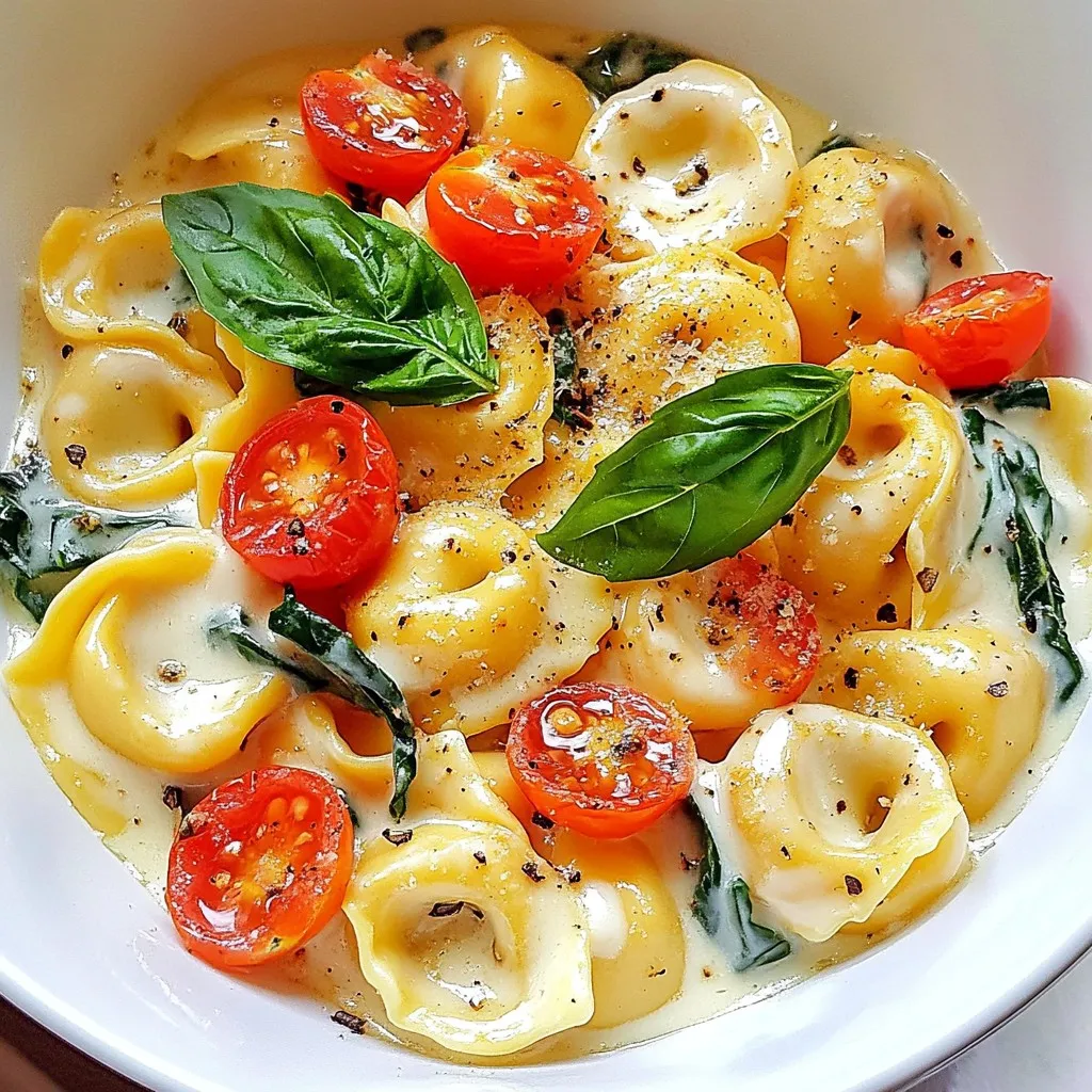 To make Creamy Spinach Tomato Tortellini, gather these fresh and simple ingredients: - 12 oz cheese tortellini - 2 tablespoons olive oil - 3 cloves garlic, minced - 1 cup cherry tomatoes, halved - 4 cups fresh spinach, roughly chopped - 1 cup heavy cream - 1/2 cup grated Parmesan cheese - 1 teaspoon Italian seasoning - Salt and pepper to taste - Fresh basil leaves for garnish These ingredients are key to a creamy and flavorful dish. The cheese tortellini serves as a perfect base. The olive oil adds a nice richness, while garlic gives it a lovely aroma. Cherry tomatoes bring a burst of sweetness and color. Fresh spinach adds nutrients and a vibrant green look. Heavy cream makes the sauce rich and smooth, and Parmesan cheese adds a salty, savory touch. Italian seasoning brings together all the flavors. Finally, salt and pepper enhance everything, making each bite taste better. Don't forget the fresh basil as a garnish; it adds a pop of freshness. {{ingredient_image_1}} Start by cooking the cheese tortellini. Follow the package instructions for the best results. Once cooked, drain the tortellini and set it aside. This step ensures the pasta is tender and ready to soak up the creamy sauce later. Next, heat 2 tablespoons of olive oil in a large skillet over medium heat. Add 3 cloves of minced garlic to the hot oil. Sauté the garlic for 1-2 minutes until it becomes fragrant. This will add a nice flavor to the dish. Now, add the halved cherry tomatoes to the skillet. Cook them for about 3-4 minutes until they start to soften. Then, stir in 4 cups of roughly chopped fresh spinach. Cook this mixture until the spinach wilts, which should take about 2-3 minutes. Pour in 1 cup of heavy cream and sprinkle in 1 teaspoon of Italian seasoning. Stir everything together and let the sauce simmer for a couple of minutes to thicken slightly. Finally, toss the cooked tortellini into the skillet. Gently mix to coat the pasta in the creamy sauce. Add 1/2 cup of grated Parmesan cheese and season with salt and pepper to taste. Stir until the cheese melts and everything combines well. Your creamy spinach tomato tortellini is now ready to serve! To avoid mushy pasta, cook the tortellini until it is al dente. This means it should be firm but not hard. Follow the package instructions closely. Be sure to drain it right away. If you leave it in the water, it will keep cooking and become too soft. When sautéing vegetables, timing is key. Start with garlic for about one to two minutes. Once you smell that great aroma, add the cherry tomatoes. Cook them for three to four minutes until they soften. Then, add the spinach. It will wilt quickly, in just two to three minutes. To adjust the cream for thickness, you can add more heavy cream if needed. If your sauce is too thin, let it simmer longer. This helps it thicken up nicely. If you need an alternative thickener, consider using cornstarch. Mix a little with cold water before adding it to your sauce. This will help it thicken without changing the flavor. For sides to serve with tortellini, a light salad works well. A simple green salad with a vinaigrette adds freshness. Garlic bread is another great option. It pairs perfectly with the creamy sauce. For a restaurant-style presentation, use a large bowl or plate. Spoon the tortellini into the center. Garnish it with fresh basil leaves. Sprinkle a little extra Parmesan on top for a lovely finish. Pro Tips Use Fresh Ingredients: For the best flavor, use fresh spinach and ripe cherry tomatoes. This will enhance the overall taste of your dish. Adjust the Creaminess: If you prefer a lighter dish, you can substitute half of the heavy cream with vegetable broth for a delicious yet lighter sauce. Customize Your Cheese: Experiment with different cheeses such as ricotta or mozzarella for a unique twist on the traditional Parmesan flavor. Serve with Bread: Pair this tortellini dish with crusty bread to soak up the creamy sauce, making for a more satisfying meal. {{image_2}} You can add protein to your creamy spinach tomato tortellini for a heartier meal. Options include cooked chicken, shrimp, or sausage. Each adds its own flavor and texture. - Chicken: Use grilled or shredded chicken. Cook it until golden. Add it when you toss the tortellini in the sauce. - Shrimp: Add peeled shrimp to the skillet after the garlic. Cook for about 3-4 minutes until pink. Then mix in the tortellini. - Sausage: Use Italian sausage for a tasty kick. Brown it in the skillet before adding garlic. Adjust cooking times as needed. Make sure proteins are cooked through before serving. If you want a vegan option, try plant-based creams. They give the same creamy texture without dairy. - Plant-based creams: Look for cashew cream or coconut cream. Both work well in sauces. - Dairy-free cheese: Use nutritional yeast or vegan cheese to replace Parmesan. They help keep a cheesy flavor. These swaps let everyone enjoy this dish. You can change the dish based on what’s in season. This keeps it fresh and exciting. - Greens: Swap spinach for kale or Swiss chard. Both add different flavors and nutrients. - Seasonal veggies: Use zucchini, bell peppers, or asparagus. Add them to the skillet with cherry tomatoes. These changes let you enjoy creamy spinach tomato tortellini all year round. To store leftovers, place your creamy spinach tomato tortellini in an airtight container. This keeps it fresh and tasty. Make sure to cool the dish to room temperature before sealing it. I recommend you eat the leftovers within 3 to 4 days for the best taste and safety. To freeze your creamy tortellini, let it cool completely first. Then, transfer it to a freezer-safe container or bag. Remove as much air as you can to prevent freezer burn. You can freeze it for up to 3 months. When you're ready to eat, thaw the tortellini overnight in the fridge. To reheat, warm it gently on the stove over low heat. Add a splash of cream or water to help loosen the sauce. Stir often until it’s hot and creamy again. Enjoy your meal! You can use several options if you need a heavy cream substitute. Here are a few: - Coconut cream: This adds a rich flavor and works well in dishes. - Greek yogurt: It gives a creamy texture and adds protein. - Silken tofu: Blend it for a smooth, creamy texture without dairy. - Lactose-free cream: This option keeps it creamy for those with lactose issues. Each substitute may change the taste a bit, but they all maintain that lovely creaminess. Yes, you can make this dish ahead of time. Here are some best practices: - Prepare the sauce: You can cook the sauce in advance and store it in the fridge. - Cook tortellini: Cook the tortellini just before serving to keep it fresh. - Storage: Store in a sealed container in the fridge for up to three days. - Reheat gently: Use low heat to warm it up, adding a little cream if needed. Making tortellini from scratch is fun and rewarding. Here’s a brief overview: 1. Dough: Mix flour, eggs, and a pinch of salt. Knead until smooth. 2. Rest: Let the dough sit for about 30 minutes, covered. 3. Roll out: Thinly roll the dough and cut it into squares. 4. Filling: Place your choice of filling in the center of each square. 5. Shape: Fold and pinch the edges to seal the tortellini. Important tips for dough preparation include ensuring it’s not too sticky and rolling it thin for a tender bite. In this blog post, we explored a simple recipe for creamy tortellini. We detailed the ingredients, cooking steps, and tips for perfect results. You learned how to add proteins and adjust the sauce for your taste. Storing leftovers and making the dish ahead were also covered. This dish shines with flavor and is easy to customize. Enjoy your creamy tortellini with fresh ingredients and perfect pairings. You’ll impress friends and family with this delightful meal!